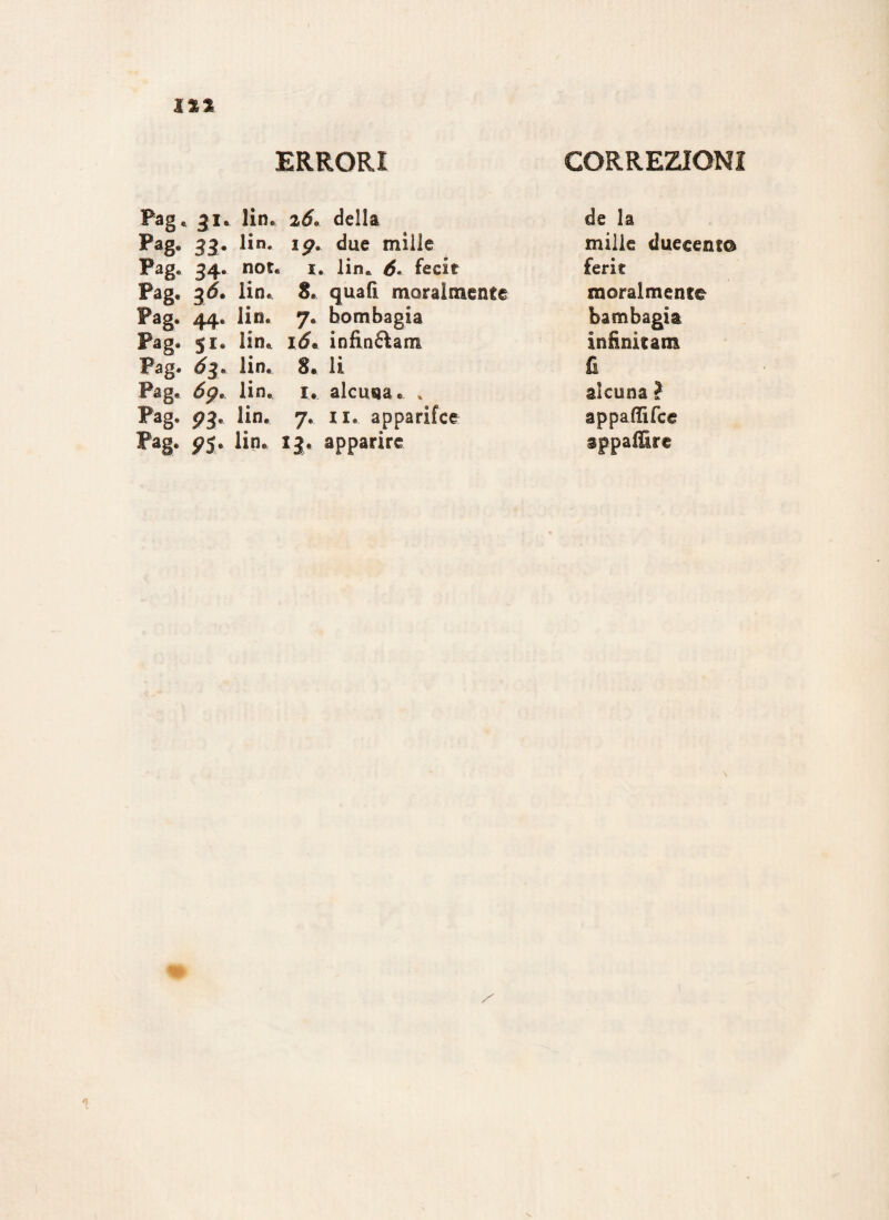 ERRORI CORREZIONI Pag. 31* lin* 2Ó» della Pag. 33. lin. ip. due mille Pag. 34. not. !» lin. 6« fede Pag. gd. lin. 8. quali moralmente Pag. 44. lin. 7. bombagia Pag. 51. lin. 16* infindam Pag. lin. 8. li Pag. 6g* lin. i. alcuna. % Pag. 93. lin. 7. 11. apparifce Pag. j?5* lin. 13. apparire de la mille duecento ferie moralmente bambagia infinitam li alcuna ? appalìifce appaffire
