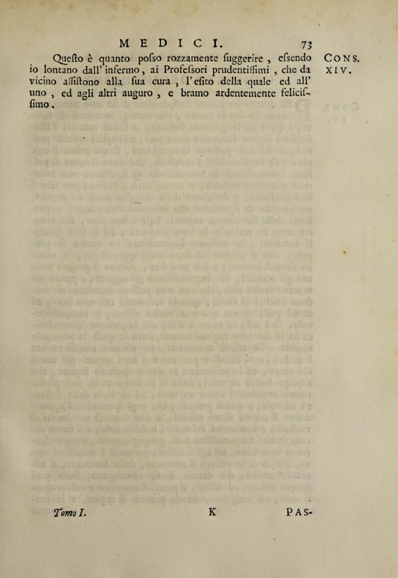 Quello è quanto pofso rozzamente fuggerire -, efsendo vicino afliftono alla fua cura , l’efito della quale ed ali’ uno , ed agli altri auguro 5 e bramo ardentemente felicif- fimo. Tmo L K PAS- CONS.