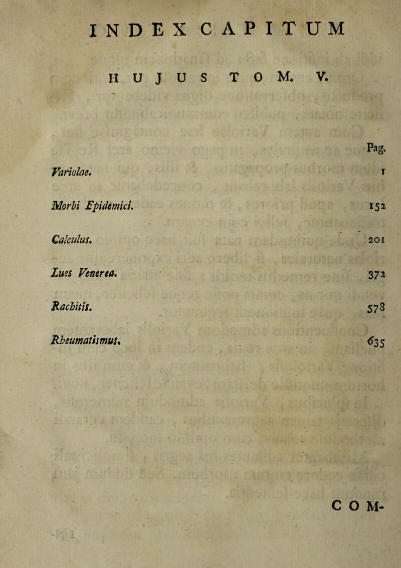 INDEX CAPITUM HUJUS T 0 M. V. Variolae. Morbi Epidemici. Calculus. Venerea, Rachitis. Rheumatismus. Pag, T 152 201 37 i <*35 1 COM