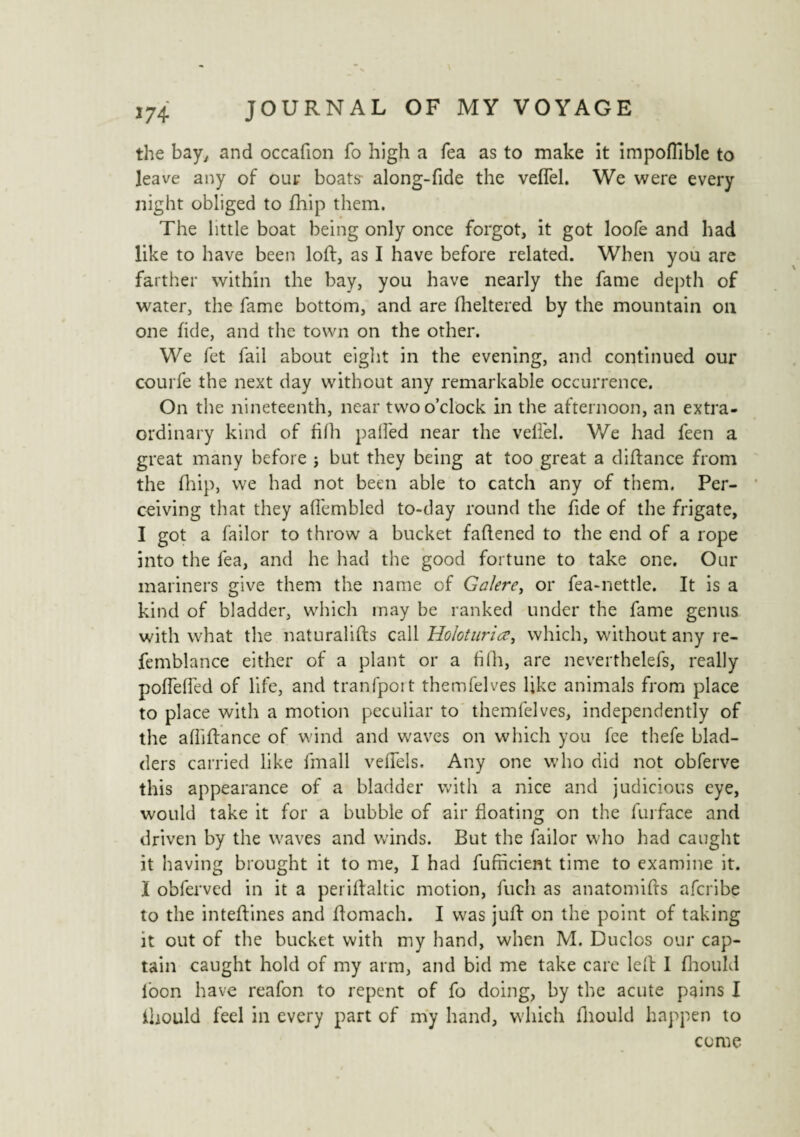 the bay, and occafion fo high a Tea as to make it impoflible to leave any of our boats- along-fide the vefTel. We were every night obliged to fhip them. The little boat being only once forgot, it got loofe and had like to have been loft, as I have before related. When you are farther within the bay, you have nearly the fame depth of water, the fame bottom, and are fheltered by the mountain oil one fide, and the town on the other. We fet fail about eight in the evening, and continued our courte the next day without any remarkable occurrence. On the nineteenth, near two o’clock in the afternoon, an extra¬ ordinary kind of fifh palled near the velfel. We had feen a great many before j but they being at too great a diflance from the fhip, we had not been able to catch any of them. Per¬ ceiving that they aflembled to-day round the fide of the frigate, I got a failor to throw a bucket fattened to the end of a rope into the fea, and he had the good fortune to take one. Our mariners give them the name of Galere, or fea-nettle. It is a kind of bladder, which may be ranked under the fame genus with what the naturalifts call Holoturia, which, without any re- femblance either of a plant or a fifli, are neverthelefs, really pottefled of life, and tranfpoit themfelves like animals from place to place with a motion peculiar to themfelves, independently of the attittance of wind and waves on which you fee thefe blad¬ ders carried like fmall vettels. Any one who did not obferve this appearance of a bladder with a nice and judicious eye, would take it for a bubble of air floating on the furface and driven by the waves and winds. But the failor who had caught it having brought it to me, I had fufncient time to examine it. I obferved in it a periflaltic motion, fuch as anatomitts afcribe to the inteftines and ttomach. I was jutt on the point of taking it out of the bucket with my hand, when M. Duclos our cap¬ tain caught hold of my arm, and bid me take care left I fhould loon have reafon to repent of fo doing, by the acute pains I ihould feel in every part of my hand, which fhould happen to come