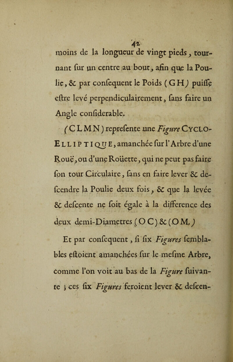 •41 moins de la longueur de vingt pieds, tour¬ nant fur un centre ;au bout , afin que la Pou¬ lie , ÔC par confequent le Poids ( G HJ puiife eftre levé perpendiculairement, fans faire un Angle confiderable, ( C L M N ) reprefcnte une Figure Cyclo- E L LIP TI QU E, amanchée fur l’Arbre d’une Roue, ou d’une Roüette, qui ne peut pas faire fon tour Circulaire, fans en faire lever 6C de- fcendre la Poulie deux fois, 6C que la levée 6C defcente ne foit égale à la différence des t ... deux demi-Di<ametres ( O C ) &c (O M, ) Et par confequentFigures fembla- blés pftoient amauchées fur le mefme Arbre, comme fon voit au bas de la Figure fuivan- te j ces fix Figures feroicnt lever èc defcen-