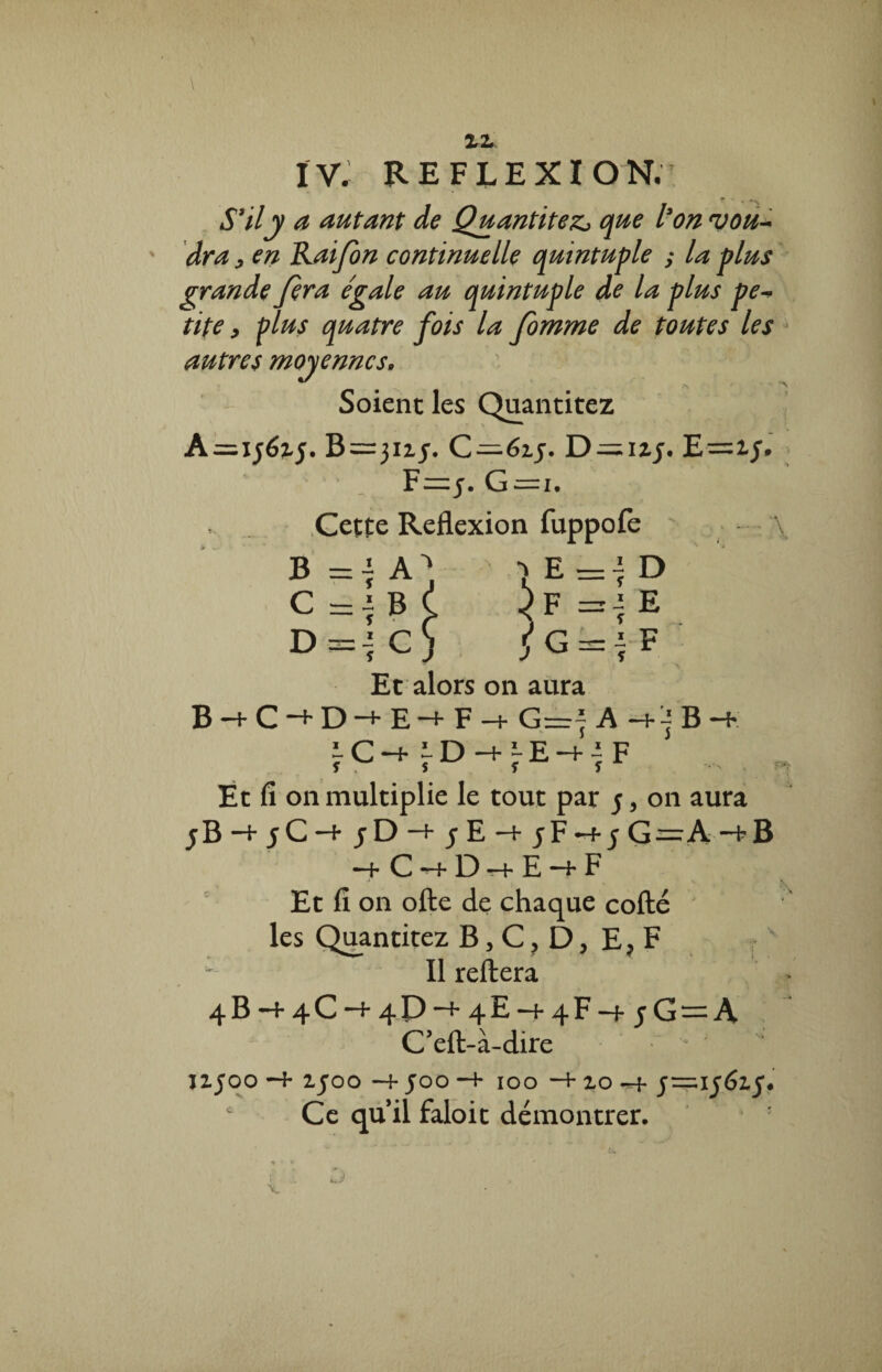 \ zz IV. REFLEXION. S3 il y a autant de Quantités que l’on vou¬ dra , en Raifon continuelle quintuple ; la plus grande fera e'gale au quintuple de la plus pe¬ tite y plus quatre fois la fomme de toutes les autres moyennes. Soient les Quantitez 6=3115. C—6ij. D = ii5* E=ij* F=5. G=i. Cette Reflexion fuppofe B A E=iD E C=|b( }f=-; D=^C) ÿG = ;F Et alors on aura Bh-C^Dh-Eh-Fh- G=t^ A^Bh-: 'rC-b rDH-^E-4--!F Et fi on multiplie le tout par 5, 011 aura 5 B h- 5 C h* 5 D 5 E h- jF^+jG-^A'+B -f Ch-Dh-Eh-F Et fi on ofte de chaque cofté les Quantitez B, C, D, E? F Il reliera 4B-+4C“+4Ï^^4^'“**4F-f jG — A C’elt-à-dire ■ 4 ' I2.JOO H- 1500 -+ JOO H- 100 H-10 -4- 5=15615* c Ce quil faloit démontrer.