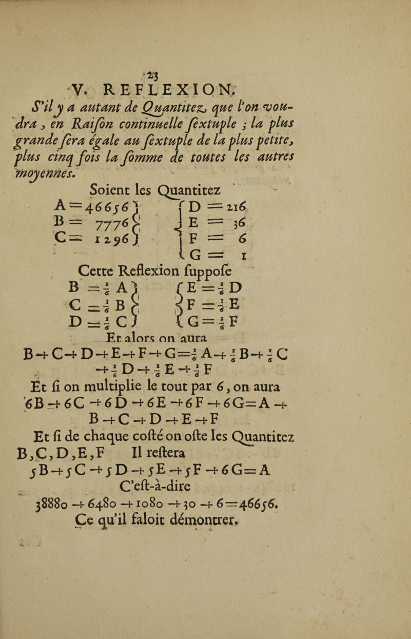 -n V. REFLEXION. S'il y a autant de Quantités que l’on vou¬ dra , en Raijbn continuelle fèxtuple s lu plus grande fera égale au fèxtuple de la plus petite, plus cinq fois la fomme de toutes les autres moyennes. -  ' ■* Soient les Quantitez A = 466jé\ C D = zi6 B — 7776 > J E = 56 C — 1 z 96 ) \ F — 6 *  ■ 1G = 1 Cette Reflexion fuppofe B Al f E = -)D C=-;b£ <F =i E D==iC) ( G = | F Et alors on aura B *+ C —!* D —E-f F -+ G=s A-f ^ B —f ~ c -+i D-+ 4 E -+i F 6 O 6 Et fi on multiplie le tout par 6, on aura 6 B —t- 6 C -+6D-t-6E-+6F-f 6 G—A -+ B-+C-+D-t-E-fF Et fl de chaque cofté on ofte les Quantitez B,C,D,E,F II reliera j B -+■ j C ■+ j D —f- j E -+ j F —(• 6 G=A C’eft-à-dire Km * * „ * 38880 —t- 648o —h 1080 —i* 30 —f Ce quil faloit démontrer. j