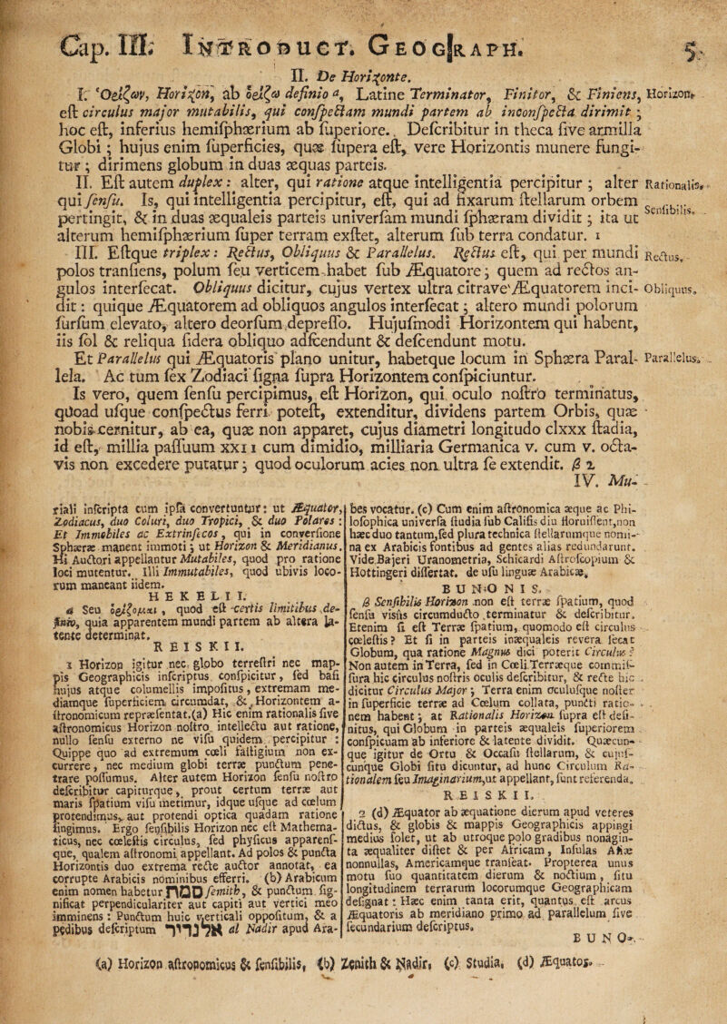 II. De Horizonte. I. 'Qei&v, Horizon, ab oel& definio Latine 'Terminator, Finitor, & Finiens, Horizon* eft circulus major mutabilis, qui confpeElam mundi partem ab inconfpeSia dirimit• hoc eft, Inferius hemifphxrium ab fuperiore.. Defcribitur in theca five armilla Globi; hujus enim fuperficies, quss fiipera eft, vere Horizontis munere fungi¬ tur ; dirimens globum in duas sequas parteis. II. Eft autem duplex:. alter, qui ratione atque intelligentia percipitur ; alter Rationalis*- qui fenfu. Is, qui intelligentia percipitur, eft, qui ad fixarum ftellarum orbem pertingit, & induas aequaleis parteis univerfammundi fphaerani dividit; ita ut tn 1 alterum hemifphaerium fuper terram exftet, alterum fub terra condatur. 1 III. Eftque triplex: HePtus, Obliquus & Parallelus. Reftus eft, qui per mundi Rectus, polos tranfiens, polum feu verticem habet fub iEquatore, quem ad redfos an¬ gulos interfecat. Obliquus dicitur, cujus vertex ultra citrave'/Equatorem inci- obliquus» dit: quique /Equatorem ad obliquos angulos interfecat; altero mundi polorum furfum elevato, altero deorfum depreffo. Hujufmodi Horizontem qui habent, iis fbl & reliqua ftdera obliquo adfcendunt defeendunt motu. Et Parallelus qui ./Equatoris plano unitur, habetque locum iri Sphaera Paral- Parallelus» , lela. Ac tum fex ZodiaciTigna fupra Horizontem confpiciuntur. Is vero, quem fenfu percipimus, eft Horizon, qui oculo noftro terminatus, qrioad ufque confpedlus ferri poteft, extenditur, dividens partem Orbis, quae • nobis»cernitur, ab ea, quae non apparet, cujus diametri longitudo clxxx ftaaia, id eft, millia paffuum xxi 1 cum dimidio, milliaria Germanica v. cum v. 06H- vis non excedere putatur: quod oculorum acies non ultra fe extendit. /2 z IV. Mu- - riali inferipta cum ipfa convertuntor: ut /Equator, Zodiacus, duo Coluri, duo Tropici, & duo Polares : Et Immobiles ac Extrinfecos, qui in converfione Sphaerae manent immoti j ut Horizon & Meridianus. Hi Audori appellantur Mutabiles, quod pro ratione loci mutentur. Illi Immutabiles, quod ubivis loco¬ rum maneant iidem. H E K E L II. & Seu lyilofMLi , quod eft -certis limitibus de~ jIntOy quia apparentem mundi partem ab alttra la¬ tente determinat, R E I S K I I. 1 Horizon igitur nec, globo terreftri nec map¬ pis Geographicis inferiptus, confpicitur, fed bafi hujus atque columellis impolitus, extremam me- diamque fuperticiemi circumdat, Horizontem a- ftronomicum repraefentat.(a) Hic enim rationalis five aftronomieus Horizon noliro. intelleftu aut ratione, nullo fenfu externo ne vifu quidem percipitur : Quippe quo ad extremum coeli faftigiutn non ex¬ currere, nec medium globi terrae pundtum pene¬ trare poflumus. Alter autem Horizon fenfu noftro deferibimr. capiturque, prout certum terrae aut maris fpatium vifu metimur, idque ulque ad ccelum protendimus^aut protendi optica quadam ratione lingimus. Ergo fegflbilis Horizon nec eft Mathema¬ ticus, nec cceleftis circulus, fed phyficus apparenf- que, qualem aftronomi appellant. Ad polos & pundta Horizontis duo extrema refte auftor annotat, ea corrupte Arabicis nominibus efferri, (b) Arabicum enim nomen habetur HQD/emith, & pun&um. fig- nificat perpendiculariter aut capiti aut vertici meo imminens: Punftum huic verticali oppofitum, & a pedibus deferiptum al Nadir apud Ara¬ bes vocatur, (c) Cum enim aftrOnomica aeque ac Phi- lofbphica univerfa ftudia fub Califis diu fioruiflenr,non haecduo tantum,fed plura tcchnica ftellarumque nomi-' na ex Arabicis fontibus ad gentes alias redundarunt. Vide.Bajeri Uranometria, Schicardi Aftrcfcopiunv Sc Hottingeri diifertat. de ufu linguae Arabicae* B U N*0 N I S* 8 Senftbilis Horizon .non eft terrae fpatium, quod fenfu visus circumdudo .terminatur & defcribitur. Etenim fi eft: Terrae fpatium, quomodo eft circulus coeleftis? Et fi in parteis inaequaleis revera lecat Globum, qua ratione Magnus dici poterit Circulus ? Non autem in Terra, fed in Coeli Terraeque commif- fiira hic circulus noftris oculis defcribitur, & refte hic . dicitur Circulus Major j Terra enim crculufque nofter in fuperficie terrae ad Ccelum collata, pundti ratio» » nem habent j at Rationalis Horizon fupra eft defi¬ nitus, qui Globum in parteis aequaleis fuperiorem confpicuam ab inferiore & latente dividit. Quaecun¬ que igitur de Ortu & Occafu ftellarum, & cujui- cunque Globi fitu dicuntur, ad hunc Circulum Ra¬ tionalem feu JmaginariumyM appellant, funt referenda» R E I S K I I. 2 (d) Aquator ab aequatione dierum apud veteres diftus, & globis & mappis Geographicis appingi medius folet, ut ab utroque polo gradibus nonagin¬ ta aequaliter diftet & per Africam, Infulas AJiae nonnullas, Americamque tranleat- Propterea unus motu fuo quantitatem dierum & noftium, fitu longitudinem terrarum locorumque Geographicam delignat: Haec enim tanta erit, quantus eft arcus jEquatoris ab meridiano primo ad parallelum five fecundarium deferiptus» B U N O». - (a) Horizon ^fteopomiens ^ fcnfibilUf Cb) Zonith fk J^^diri (c) Studia» (d) iEquatos,