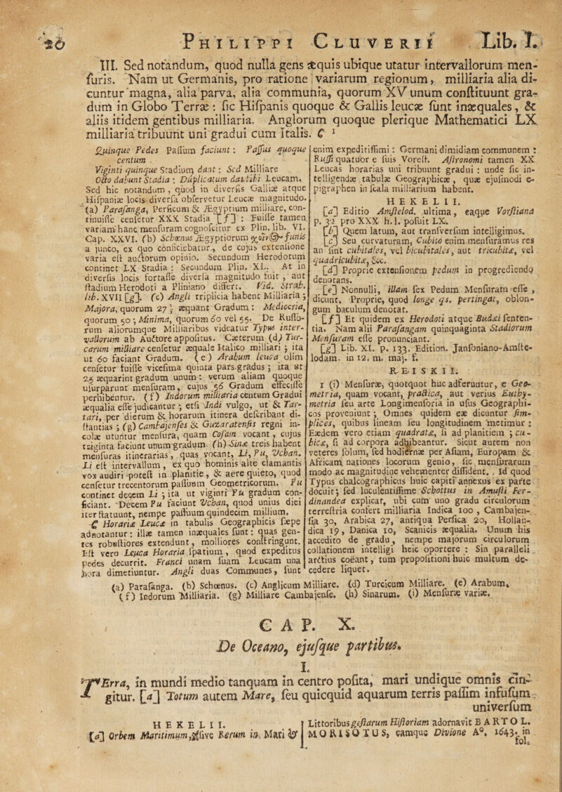 III. Sed notandum, quod nulla gens tfcquis ubique utatur intervallorum men- furis. Nam ut Germanis, pro ratione variarum regionum, miiliaria alia di¬ cuntur magna, alia parva, alia communia, quorum XV unum conftituunt gra¬ dum in Globo Terrae: fic Hifpanis quoque &c Gallis leucae funt inaequales, &c ajiis itidem gentibus miiliaria, Anglorum quoque plerique Mathematici LX miiliaria tribuunt uni gradui cum Italis. C £uinque Pedes Pailum faciunt: Paffus quoque centum . Viginti quinque Stadium dant: Sed Miliiare Odo dabunt Stadia : Duplicatum dat,tibi Leucam, Sed hic notandum , quod in divcrfis Galliae atque Hifpaniae locis diverfa obfervetur Leucae niagnitudo. 4(a) Parafanga* Perficum & JEgvptium miliiare, con- tinuifle cenfetur XXX Stadia '[/] : Fuille tamen, variam hanc, menfuram cognolcitur ex Plin.lib. VI. Cap. XXVI. (b) Schinus iEgyptiorum funis a junco, ex quo conficiebatur., de cujus extentione varia e(l audorum opinio. Secundum Herodotum continet LX Stadia : Secundum Plin. XL; At in diverfis locis fortafie diverfa magnitudo luit , aut ftadium Herodoti a Pliniano differt. Tid.Mrqb. hb. XVII QT fc) ^ngti triplicia habent Miiliaria j Majora, quorum 27 j sequant Gradum: Mediocria, quorum 50 *, Minima, quorum 60 vel 55.^ De Rufio¬ rum aliorumque Milliaribus videatur Typhi inter- vallorum ab Audtore appofitus. Ctecerum (d; Tur¬ earum miliare cenfetur aequale kalico milliari j ita ut 60 faciant Gradum. ( e ) Arabum leuca olim cenletur tuifle vicefima quinta pars gradus 5 ita ut 2.5 sequarint gradum unum ', verum aliam quoque ufurparunt menfuram, cujus 56 Gradum effecifie perhibentur, (f) Indorum miUiaria centum Gradui Aqualia efle judicantur 3 etfi Indi vulgo, ut & Tar¬ tari, per dierum & horarum itinera aeicribant di- Itantias i (g) Cambajenfes & Guzaratenfis regni in¬ colae utuntur menfura, quam Cofam vocant, cujus triginta faciunt unum gradum- (\\jSin& treis habent menfuras itinerarias, quas vocant, LiyPu, Jchan. Jj eit intervallum , ex quo hominis alte clamantis vox audiri potefl in planitie, & aere quieto, quod cenfetur trecentorum pafluum Geometricorum. Pu continet decem Li j ita ut viginti Pu gradum con¬ ficiant. Decem Pu faciunt Vchan, quod unius diei iter fiatuunt, nempe paffuum quindecim millium. c HorarU Leucd in tabulis Geographicis faepe adnotantur: illae tamen inaequales funt: quas gen¬ tes robaliiores extendunt, molliores conlfringunt. Eft vero Leuca Horaria f\patium., quod expeditus pedes decurrit. Franci unam fuam Leucam una jiora dimetiuntur. Angli duas Communes, funt enim expeditiffimi: Germani dimidiam communem % Pujfi quatuor e fuis Vorefh Afironomi tamen XX Leucas horarias uni tribuunt gradui : unde fic in- telligendae tabulae Geographicae, quae ejufmodi e» pigraphen in fcala milliarium habent. H E K E L I I. 03 Editio Amjlelod, ultima, eaque Vorjiiand p.32 pro XXX- h.i, pofuit LX. 03 Quem latum, aut tranfverfnm intelligimus. 0) Seu curvaturam, Cubito enim menfuramus res an fint cubitales, vel bicubitales, aut trkubit£y vel quadricubit£, $cc. 03 Proprie extenfionfm pedum in progrediendo denotans. _ 03 Nonnulli, illam fex Pedum Menfuram efle , dicunc. Proprie, quod longe qs, pertingat, oblon¬ gum baculum denotat.  C/3 Et quidem ex Herodoti atque Budxi fenten- tia. Nam alii Parafangam quinquaginta Stadiorum Menfuram efle pronunciant. 03 Lib. XI. p. 133. Edition. Janfbniano-Amfte- lodam. in 12, m. maj. f. REISKIL 1 (i) Menfurae, quotquot huc adferuntur, e Getb metr ia, quam vocant, pradjcay aut verius Eutby- tnetria feu arte Longimenforia in uflis Geographi¬ cos proveniunt; Omnes quidem eae dicuntur fim- plices, quibus lineam ieu longitudinem 'metimur : Exdem vero etiam quadratce, li ad planitiem ; cu - bic£t fi ad corpora adhibeantur. Sicut autem non veteres folum, fed hodidrnte per Afiam, Europam & Africam nationes locorum genio, lic menfuramm modo ac magnitudine vehementer diffident. Id quod Typus chalcographicus huic capiti'annexus ex parte docuit*, fed luculentiflime Scbottus in Amufti Fer= dinandea explicat, ubi cum uno gradu circulorum terreftria confert miiliaria Indica 100 , Cambajen- ffa 30, Arabica 27, antiqua Perfica 20, Hollah- dica 19, Danica io, Scanicis aequalia. Unum his accedito de gradu, nempe majorum circulorum collationem inteiligi heic oportere : Sin paralleli ardtius coeant, tum propofitionihuic multum de¬ cedere liquet. (a) Parafanga. (h) Schoenus, (c) Anglicum Miliiare. (d) Turcicum Miliiare, (e) Arabum» \f) Indorum “Miiliaria. (g) Miliiare Cambajenfe. Qa) Sinarum. (') Menfurts varus. C A P. X, De Oceano^ ejufque fartibus» L rErra, Iti mundi medio tanquam In. centro pofita, mari undique omnis cin¬ gitur. U1 Totum autem Mare9 feu quicquid aquarum terris paffim infufum univerfum H E K E L I I. jVj Orbem Maritimum,ive Perum m, Man kf Littoribus gefiarum Hifi oriam adornavit BARTOL. M.QRISOIUS, eamqus Divione A°, 1^43. in tola