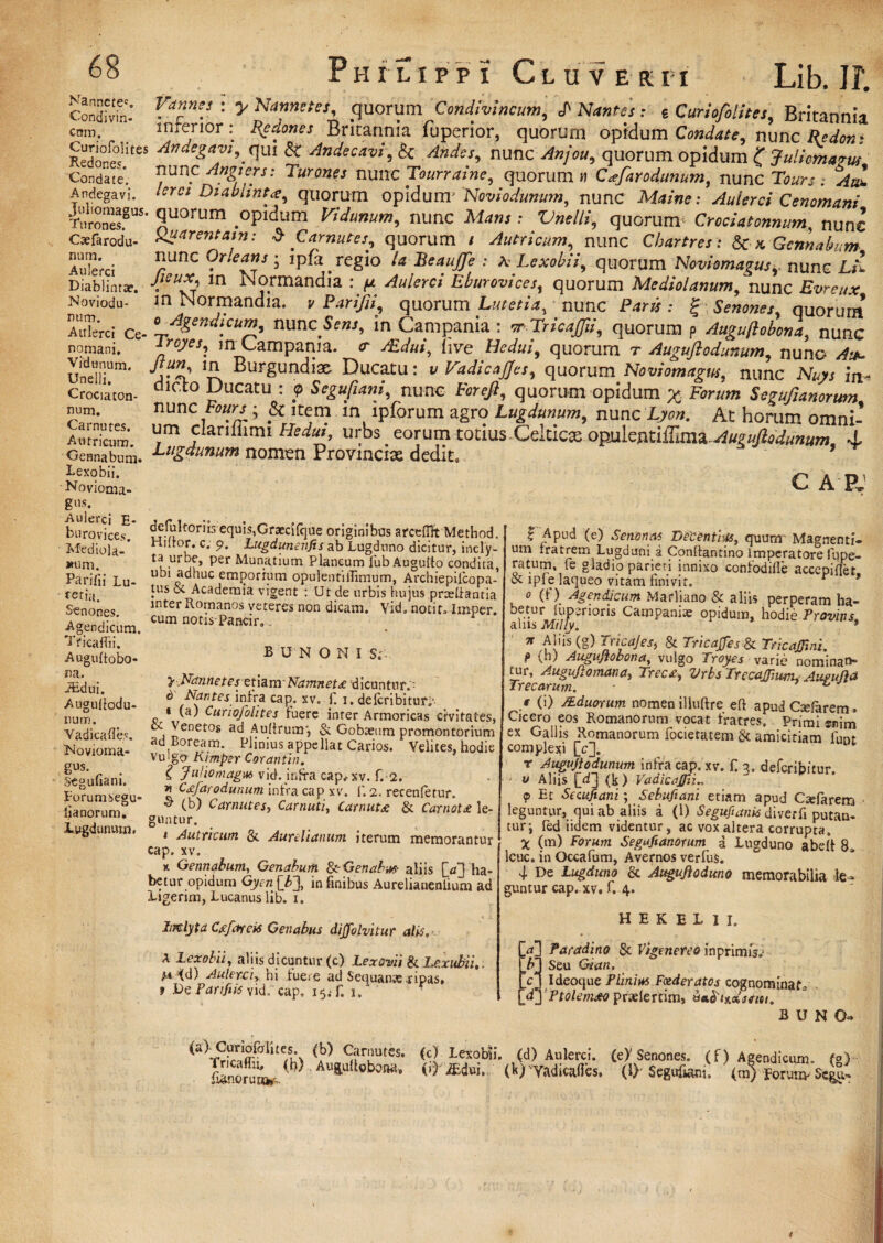 Philippi Clu verpi Lib. JF. Vannes : y Nannctes, quorum Condivincum, cP .* g Curiofolites, Britannia mrerior: Redones Britannia fuperior, quorum opidum Condate, nunc Andegavi,' qui & Andecavi, & nunc Anjou, quorum opidum C Juliomazw nunc Angi ers: Turones nunc Tourraine, quorum h Cafarodunum, nunc Twu Aul lorei Diablinti, quorum opidunr Noviodunum, nunc Maine: Aulerci Cenomani quorum opidum Vidunum, nunc ; Vnelli, quorum* Crociatonnum, nunc Quarentam: $ Carnutes, quorum / Autricum, nunc Chartres: Sc k Genit alum- nunc Orleans • ipfa ^ regio /4 BeauJJe : a Lexobii, quorum Noviomagus, nunc X*L m Normandia : ^ Aulerci Eburovices, quorum Mediolanum, nunc Evreux m Normandia. v Parijii, quorum Lutetia, nunc P4r»: f Senones, quorum 0 Agendi cum, nunc in Campania : TricaJJii, quorum p Auguftobona, nunc iroyes, in_Campania, zFaW, live Hedui, quorum t Auguftodunum, nuno zfo. ^ Bur§undi3e Ducatu: V VadicaJJes, quorum Noviomagus, nunc in- dicto Ducatu : > Segufiani, nunc Fere/?, quorum opidum % Foram Segufianorum nunc Fours ; & item in ipforum agro Lugdunum, nuncXjw*. At horum omni¬ um ciariiiimi Hedui, urbs eorum totius.Celtica opjulentifHma^^/2^^ 1 Lugdunum nomen Provincias dedit» ’ C A PJ Nannetec. Condivin- cnm, Curiofolites Redones. Condate. Andegavi. Juliomagus. Turones. Ctefarodu- num. Aulerci Diablinta?. Noviodu¬ num. Aulerci Ce¬ nomani. Vidunum. Unelli. Crociaton¬ num. Carnutes. Autricum. Gennabum. Lexobii. Novioma- gu S. Aulerci E- bnrovices. Mediola- mim. Parifii Lu¬ tetia. Senones. Agendicum. Tficaflii. Augultobo- m. iEdui. Augufiodu- num. Yadicafles. Novioma- fius*r . Seguliam. Forumsegu* lianorum. Lugdunum. defultorus cqutSjGraeciicjue originibus arcelfit Method. Hiltor. c. p. Lugdunenfis ab Lugduno dicitur, incly- tk>UI'jf’ ^er Munatium Plancum lub Augulto condita, ubi adhuc emporium opulentillimum, Archiepilcopa- tus Academia vigent : Ut de urbis hujus prxfiantia inter Romanos veteres non dicam. Vid. notit» Imper. cum notis Paneir.. BUNONI Si 3* Nanti e t es etiam' Namnetc dicuntur. 6 Nantes infra cap. xv. f. i. delcribitur,- « (a; Curiofolites luere inrer Armoricas civitates, j yenet0s ad A ultrum-, & Gobaeum promontorium ad Boream. Plinius appellat Carios. Velites, hodie vulgo Kimper Corantin. i JuliomagM) vid. infra cap^xv. f. 2. * Ccfarodunum infra cap xv. f'. 2. recenfetur. (b) Carnutes, Carnuti, Carnuur & Carnotc le¬ guntur. 1 Autricum & Aurelianum iterum memorantur cap. xv. x Gennabum, Genabum SeGenabt» aliis [V] ha¬ betur opidum Gyen [b~\, in finibus Aurelianeniium ad Ligerim, Lucanus lib. 1. ftmlyta Ccfarcis Genabus dijfolvitur alis. A Lexobii, aliis dicuntur (c) Lexovii Si Lexubii,. £4 td) Aulerci y hi fuere ad Sequanse ripas, ? .De Parifiis vid; cap, 151 f. 1. f Apud (e) Senonm Decentius, quum Magnenti- um rratrem Lugduni a Conftantino Imperatore fupe- ratum, ie gladio parieti innixo confodifle accepiflet. oc iple laqueo vitam finivit. r 9 0 (f) Agendicum Marliano & aliis perperam ha¬ betur luperioris Campani* opidum, hodie Provins. alus Milly. * ^ Aliis (g) Tricajesy & Tricatfes & Tricajfini. P (h) Augujtobona, vulgo Troyes varie nominan- Trecaru^0^^ Trec£y Ltecajiutry Augufia r (i) /Eduorum. nomen illuftre eft apud Csefarem. Cicero eos Romanorum vocat fratres. Primi snim ex Gallis Romanorum focietatem & amicitiam funt complexi [V). r Auguftodunum infra cap. xv. fi 3, defcribitur. ' v Aliis {_d~] (k) Vadicajfn.. 9 Et Secufiani; Sebuftani etiam apud Cjefarerrj leguntur, qui ab aliis a (1) Segufianis divetfi putan¬ tur*, fed iidem videntur, ac vox altera corrupta. X (m) Forum Segufianorum i Lugduno abelt 8, lcuc. in Occafum, Avernos verfus. 4 De Lugduno & Auguftoduno memorabilia le¬ guntur cap. xv, fi 4. H E K E L I 1. Paradino Sc Vigmereo in primis.- Seu Gian. Ideoque Plinius Foederatos cognominata Ptolemto prselertim, B UN O» a b t* C d* <a^rioC?rit'AN (.b) S?rll“'es* I-exobn*. (d) Aulerci, (e)'Senones, (f) Agendicum. f») tonorctu. ' Auiu|lobo». (if idui, (k)'Yadicafles. (l>-Segufani. (m; foruta- ScgTi-