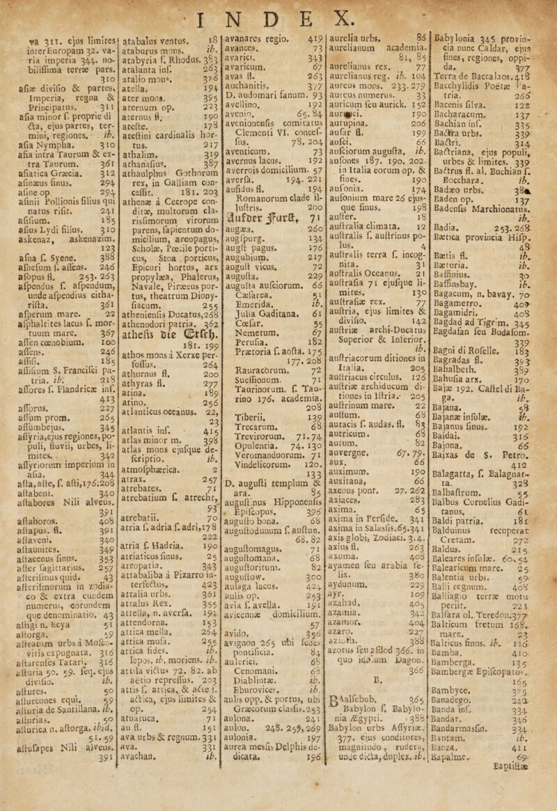 va 311. e]as limites interEuropam 32. va¬ ria imperia 344. no- biliflima terree pars. 310 afiae divifio & partes, Imperia, regna & Principatus. 311 afia minor f. proprie di <fta, ejus partes, ter¬ mini, regiones. ib. afia Nympha. 3 afia intra Taurum & ex¬ tra Taurum. 361 afiatica Greecia. 312 afinaeus finus. 294 a line op ^ _ 294 afinii Pollionis filius qui natus rifir. 241 afifium. 185 afius Lydi filius. 3to askenaz, askenazim, 123 afna f. Syene. 3^ afnefum f. aflens. 245 afopus fi. 253. 263 afpendus f. afpendum, unde afpendius citha- rifta. 361 afperum mare. 22 afphaltites lacus f. mor¬ tuum mare. 367 aflen coenobium. 100 aflens. 246 afiifi, . 185 affifium S. Francifci pa¬ tria. ib. 218 afibres f. Fiandricse inf. 413 aflbrus. 227 aflum prom. 285 aflumbejus. _ 345 aflyria,ejus regiones, po¬ puli, fluvii, urbes, li¬ mites. _ _ 342 aflyriorum imperium in afia. t 344 afla,a(le, f. afli,176.208 altabem. _ 340 allabores Nili alveus. 3?1 aflahoros. 408 a fla pus. fi. 391 afia veni. 340 allaunites. 349 attacenus finus. 353 a fler fagittarius. 257 aflerifmus quid* 43 aflerilmorum in zodia¬ co & extra eundem numerus, eorundem que denominatio. 43 altigi n. Ecya 51 ailorga. ( 49 afiracam urbs a Molco- vitis expugnata. 316 aftarenfes Tatari. 3.16 aliuria 50. 59. feq. ejus divifio. ib. allures* , 5° aflurcones equi. 59 alturia de Santillana. ib. alturias. ..5° aiiurica n. ailorga. ib'id. 51 • 5 9 aduPapes Nili alveus.. 391 atabalus ventus, }& ataburus nions. ib. atabyria f. Rhodus. 383 atalanta inf. 263 atalio mons 7p6 atella* l9K ater mons. 395 a ternum op. 223 aternus fl. 19° atelte. _ 178 atellini cardinalis hor¬ tus. 217 athalim. 319 athanafius. 387 athaulphus Gothorum rex, in Galliam con¬ cedit, 181. 203 athenas a Cecrope con¬ ditae, multorum cla- risfimorum virorum parens, fapientum do¬ micilium, areopagus, Scholae, Poecile porti¬ cus, Stoa porticus, Epicuri hortus, arx propylaea, Phalerus, Navale, Piraeeus por¬ tus, theatrum Diony- fiacum. 255 athenienfis Ducatus,268 athenodori patria. 362 athefu CStfcf?. 181. 199 athos mons a Xerxe per- fofliis. 2^4 athurnus fl, 200 athyras fl. 277 atina. x 89 atino.. 256 atlanticus oceanus. 22, . . 23 atlantis inf. 415 atlas minor m. 398 atlas mons ejufque de- fcriptio. ib. atmofphserica.- 2 atrax. 257 atrebates. 71 atrebatium f. atrecnt, 93' atrebatii. 70 atria f. adria f. adri,i7 8 222 atria f. Hadria. 190 atriaticus finus. 25 atropatia. . 343 attabaliba a Pizarro in¬ terfectus. 423 attalia urbs. 361 atralus Rex. 355 attella, n. averfa. 194 attendorna. 153 attica mella. 284 attica mula. 255 attica fides. ib. lepos, tb. moriens. ib. atula vidlus 72. 82. ab aetio repreflus. 203 attisfi. attica, & atrte i; adica, ejus limites & op. 254 atuatuca. 71 J au fl. 151 ava urbs & regnum. 331 ava. 331 avachan. ib. regio. 419 73 343 67 283 377 avanares avances. avarici. avaricum, avas fl. auchaniris. D. audomari fanum. 93 avellino. 192 avento, 85.84 avenionenfis comitatus Clementi VI. concel- fns. 78. 204 aventicum. 7 3 avernus lacus. _ _ 192 averrois domicilium. 57 averfii. 194. 221 aufidus fl, i94 Romanorum clade il- luflris. 200 7! 280 134 178 217 72 229 88 ib. 81 55 67 182 augaea. augfpurg. augft pagus, augubium. auguft vicus, augufta. augulta aufciorum. Csefarea. Emerida. > Julia Gaditana. Coefiir. Nemetum. Ferufia. Praetoria f. aofta. 175 177, 208 Rauracorum. 72 Sueflionum. 71 Taurinorum, fi Tau¬ rino 178. academia. 208 Tiberii. 139 Trecarum. 88 Trevirorum. 71.74 Opulentia. 74. 130 Veromanduorum. 71 Vindelicorum. 120. n I33 D. augufii templum & ara. . 85 augullinus Hipponenfis , Epifcopus. 398 augudo bona. 68 augudodunum fi auftun. 88. 82 augudomagus. augudomana, augudoritum. augudo w. aulaga lacus, aulis op. avia f. aveila. avicennw 71 68 82 300 424 253 191 domicilium. 57 avido, _ 35 6 avignon 265 ubi ieaes pontificia. 84 aulerici. _ 68 Cenomani. 68 Diablintae. ib. Eburovices, ib. aulis opp. & portus, ubi Graecorum clasfis.253 aulona. 241 aulon. 248.259,269 aulonia. 197 aurea mesfis Delphis de¬ dicata. 196 aurelia urbs. 86 aurelianum academia. 81, 85 aurehanus rex. 77 aurelianus reg. ib. 104 aureus mons. 233.279 aureus numerus. 33 auri cum feu aurick. 152 aurqpci. 190 aurupina. 206 au far fi. 199 aufci, 66 aufciorum auguda. ib. aufones 187. 190. 202. , in Italia eorum op. & fines. 190 aufonia. 174 aufonium mare26e’}us- que finus, 198 auder. 18 audralia climata. 12 audralis f. audrinus po¬ lus. 4 audralis terra f. incog¬ nita. 31 audralis Oceanus. 21 audrafia 71 ejufque li¬ mites. 130 auflrafite rex. 77 auftria, ejus limites & divifio. 142 auftrise archi-Ducarus Superior & Inferior. ib. atiflriacorum ditiones in Italia. _ 205 auliriacus circulus. 126 audrite archiducum di¬ tiones in Idria,- 205 audrinum mare. 22 aultum. 68 autacis fi audas. fl, 83 autricum. 68 au tum. 82 auvergne, 67.79* aux. 66 auximum, 190 auxitana, 66 axeaus ponf. 27. 262 axiaces. 283 axima. 65 axima in Perfide. 341 axima in Salasfis.65.341 axis globi,'Zodiaci, 3.4. axiusfi, 263 axuma. 408 ayamen feu arabia fe¬ lix. 380 aydunum. 229 ayr. 109 azahad, 405 a zamia. 342 azamor, 404 azaro. 227 aziofch. 388 azotus feu afiiod 366. in quo idolum Dagon. 366 B. DAalfebub. 365 Babylon fi Babylo¬ nia ZEgypti. 388 Babylon urbs A (Tyriae. 377. ejus conditores, magnitudo, rudera, unde dicta, duplex, ib. Babylonia 345 provin¬ cia nunc Caldar, ejus fines, regiones, oppi¬ da. 377 Terra de Bacc.alaos.418 Bacchylidis Poetse Pa¬ tria. Bacenis filva. Bacharacum. Bachian inf. Ba&ra urbs. Baftri. Baftriana, ejus populi, urbes & limites. 339 Badtrus fl. al. Buchian f. 266 122 137 335 33? 314 Bocchara. ib. Badaeo urbs. 38«k Baden op. 137 Badenfis Marchionatus. ib. Badia. 253 . 268 Bsetica provincia . Hifp. 48 Baetis fl. ib. Bseturia. ib. Baffinius. 30 Baffinsbay. ib. Bagacum, n. bavay. 70 Bagamerro. 409 Bagamidri. 408 Bagdad ad Tigpm. 345 Bagdafan feu Budalbm. Bagni di Rofelle, 183 Bagradas fl. 39? Bahalbeth. 389 Bahufia arx. 170 Baiae 192. Cafleldi Ba- $a. ib. Bajana. t 58 Bajanae infulse. ib. Bajanus finus. 192 Baidai. 316 Bajona, 66 Baixas de S. Petro. 412 Balagatta, 1. Balagnat- ta, 328 Balbaftrum. 5 6 Balbus Cornelius Gadi- tanus. 6l Baldi patria. 181 Balduinus recuperat Cretam. 272 Baldus. 215 Baleares infulse. 60, 54 Balearicum mare. 25 Balentia urbs. 59- Balii regnum. 408 Baliiagio terrse motu periit. 221 Balfara oL Teredon.377 Salticum fretum 168.. mare. 23 Balticus finus. ib. n6 Bamba. 410 Bamberga. J35 Bambergse Epifcopatus». 165 Bambyce. 375 Banadego. 242. Banda inf. 334 Bandar. 346 Bandarmasfin, 334 Banram, ib. Banza. 411 Bapalme, t 69. Baptili®