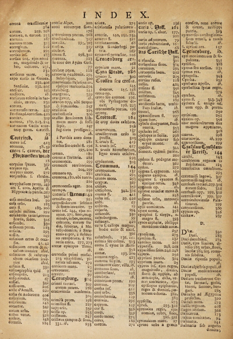 corona tranfiilvani* 286 corone. 249. 268 coronea, n. Corone. 253 coronia. 167 coronus mons. 31-3 sorregium. 2i2 corrodunum. 295 coriica in f. _ 183 coriica 204. ejus nomi na, magnitudo & ur bes, cultores. 231, 232 conicum mare. 25 capo corio in Guinea. 232. 4.06 Sardiniae. 232.406 eorfoer. 168. corfoera, o ib. corlbrum colonia in Sar¬ dinia, mores. 230 cortrea. > 349 corte realis terra. 427 Perdinaod.cortefius. 425 cortizs. 309 cortona, 182.223.214 cortracum Gallis cour- tray germ. cortrid. Co?trt0tltf ib corvo inf. 413 «oronna. 58.59 coras P, caurus, uer 18 corycius Ppecus. 362 corycos op. ib, corycus mons. 272 corymbia. 1. rhodus. 383 corypjiafium proni. 249 cos P. eoos. Apellis & Hippocratis patria.267 34 7 coPa menfura loci. 20 cola urbs. 183 cola fl. 183. 200 cofachi milites. 292 «oikkenies tatari,eorum horda, fedes. 316 cofamba. 330 cofanum prom. 183 colici a. 295 cofLn. 149 colinicus ortus & occa- Pus. 41, 42 cofimcum ortum & oc~ calum invenire ibid. coimicum & achrony- chum occalum inve¬ nire ibid, cofmin fl. 330 coim©graphia quid 2 cofinopolis. 213 colqueouder. 67 cofiiei. 342 cofliicum. 206 colle d’Amalfi. 220 coha de Anderotte 406 coherium, 294 cofirinum. 148 cotacene. 349 coram urbs. 317 coitus vetus. 328 cothus. 14.8 dotenfii. 284 2?5> 303 cottiee Alpes. 200 cotti eorumque fines. 176 coturnicum portus. 268 couchinchica. 329 covalia. conian. coulete. 1 couna fl. 298,302 cozenza. 223 la cour des Aydes Gall. , 79 crabro aqune. 188 cracavia Academia. 294 Suburbium. 300 cracovienfis Palatinatus. ejulnus territoria.294 crainburg. 14.1 cranganor. 329 crangavor. . ib. cranon opp. ubi Scopas & Simonides. 257 crafnicia 295 crafnoltavia 300 craflus Brutiorum Illh- mum muro & fofla fepir. _ 197 fugitivos profligavit. ib. a Parthis auro dota¬ tus. 281 crathis feu crathi fl. 196 197,200 crema. j8o ereme a Tartaria. 283 cremenecia. 299 cremenfe territorium. 204,299 cremnos op. 288 cremona.iSo.ubi turris. 210 cremonenfis ager. 204 crempa. 150 cremfa f. ©.««15142 crenidesop. 281 crepulculorum initium &. finem invenire. 37 creta inf. 244. ejus no¬ mina. 271. fines,mag¬ nitudo, urbes,montes, cultores, eorum Itu dia, felicitas, a Me- tellodomita, a Sara¬ cenis Cdpta, a Baldui- no recuperata, a Ve¬ netis emta. 272,273 cretae epicopus Titus. ib. crefenles primi mufici. 214 vitioliliimi, pi¬ ratica infames. 272 creticum mare. 25 crevecoeur. 70 crevelr. 99 Creurfburg. 304 crimei tartari. 309 eorum mores. 288 cracovienfis academia. 305 cnmifa prom, 198 crimifius fl. 227 capocrio. 359 crifia op. 253 criflaeum. 247 criflteus campus & finus, 331.^. 253 critea. 275 crivinenfis palathia tu . 294 croatia. 140,141,234 croceus fi. 321 crociatannum. 6 8 croja Pcanderbegi pa¬ tria. 2 69 cromv/el protedor. 106 Crone tvburtc arx. 168 cronium mare. 21 §>tax>t* 286 cronon fi. 302 Croffen feu erofua. 145 ducatus. 146. 148 croto op. 182. croto feu crotone. 196. ubi Pythagoras do¬ cuit. 198. 223 crotonienfis portus. 198 crotoy. 69 Ctottojfi* 164 de croy duces celebres. 258 crucemacum. 137 cruciferorum ordo in pruflia. 303 S. crucis fl. 419 S. crucis inf 427 S. crucis Monafierium, ligno crucis celebre. , 293 crudentum. 303 Crutnmauf 144 cruzenacum. 137 crufvicia. 295 crunos mons. 263 cryptae. 387 ctelias. 359 ctefiphon. 342.3 76 cuama fl. 411 cuba inf. 29. 426 cubi. 67 cubitus. 19 cujavia. 294 culconde. 330 culenburgum. 99 culiacan. 420 cuHu f. callops magnus, hodie collo & aicol. 398 culmbach. 136. 161 culrnia leu culma. 303 cuma, P. cyme in iEoli- de. 358 cumae. _ 193.200 cumana regio. ' 423 cum anu fibylla. 193 cumanum cicer, villa.ib. cumanus finus, ib. cumberland. 108 eunt bria. ib. cumerium prom/ 190 cuneum. 209 cunha inf. 411 cuni urbs. 338 cunincharnia, 109 cunovia. 296 cuprum. 109 cur fl. 34.8 curdi. 349 curdomons; 375 cures. 186 curetis* 271 curia op, 436 curia P 161 curia op. C chur. 177. 208 curia adjutorum, 79 curia rechnitziana, 161 curiofolites. 68 ais Curifdje tljaff, , 3°4 c rlandia. 301 curlandicus finus. 304 curnicum. 294 euronenlis lacus. 292 curovia. 295 curtius rufus. 118 cufco. 424 culinas fl. 356 culillan. 345 cullrinum. 148 cutilke. 186 cutilienfls lacus, umbi licus Italiae. ib cuveri. 268 cyamoforum fl. 227 cyane Pons. ib cybele dindymene,Eesfi- nuntia. 353 cyclades inf. 266 cyclopes in ficilia. 228 cyclopis cadaver fub eryce monte. ib. cydilfes. _ 344 demetr. cydonii patria. 260 cydnus fl. podagra me¬ detur. 362 cydon. 272 cygnea f. cygneum, 160 cygneus campus. ib. cygneus f. cyaneus fl. ejulque ortus. 348 cygnum op. ib. cyliene arcadiae mons & finus. 248 cyllene urbs, mercurii patria. ib. cylli comitatus. 141 cyme cuma. 358 cyniphui f. cinyps, n. magra fl. ‘ 393 cynos cephalae, philippi macedonis clade notae. r 257 cynolema. 275 cynthius fl. 132 cynthus mons. 266 cy pari fla» 248.268 cypai illius finus.246.248 cypera. 256 cypriani patria. 394 cyprium mare. 25 cyprus inf. ejus regna, magnitudo , divilio, fluvii & oppida, ab teris copia, dida, ve¬ neri conlecrata, ejus epilcopus epiphaniu.% reges & domini, poe- norusn colonia. 382, 383 cypfella. 2 75 cyrafi. 293.316 cyrenaica regio, ejus nomina, urbes, fines, 386.392 cyrenaicum mare. 27 cyrens urbs a graecis condita, nunc corone & cirene, ariflippi patria. 393 cyrenenfes carthaginien- fium smuii, a tureis lubadi. ib. S. cyriaci arx. 157 C^riacfiburg* ib, cyri monimemum & Pc- puhura. 341 cyriMus. 388 cy rnus feu corfica. 231 cyrnus rex. ib* cyropolis. 343 Cy-rrha. 2$2 cyrrbaeus apollo. ib. cyrrheflica fyriae regio. cyrrhus. ib. cyrus fl. 34-3• 34B cythera f. cerigo inf. cum opp. & portu. 2 5° cytinium. 252 cyzicus op. 356 czar molcovitarum dux magnus appellatus. 308 czarna. 298 ezarteovia. ib.299 czar tori Pcum. 299 Cjaft lau tt&uify 144 czechi. 143 czechorura regnuna in Bojohtemia. 125 czenflochia coenobium. 295 czeremiffi lagowi. 307 czeremifli nagorni. ib. czerkafli tattari.299,306 eorum Pedes. 316 czerhalfi opp. 299. 316 czernikouw. 299. 307 czerniechovienfis Pala¬ tinatus. 299 czernienPcum. 360 cypicusop. 356 czukaw. 287 D. D\a- . 34° Daci, 283 Daci danubiani. 284 Dacia, ejus limites, di¬ vilio 283 urbes,fluvii, incolae 284 feq. roma- nis lubdita. ib. Daciae ripenfis populi. ib. Daciaealpeftris populi, ib Daciae mediterranea: populi. ib. Daciam incoluerunt Ge¬ tae, Parmati, gotbi, Hunni, faxones, hun* gari. 285 Daedalus ad iEgyptios profedus. 390 Daedali mons» 272 Daiila regnum. 408 l^agon idolum. 3,5,5 Dalecartia. 173 iOalem comitatus. 94 Dalmatia. 241 Dalmatia fub augulto domita j