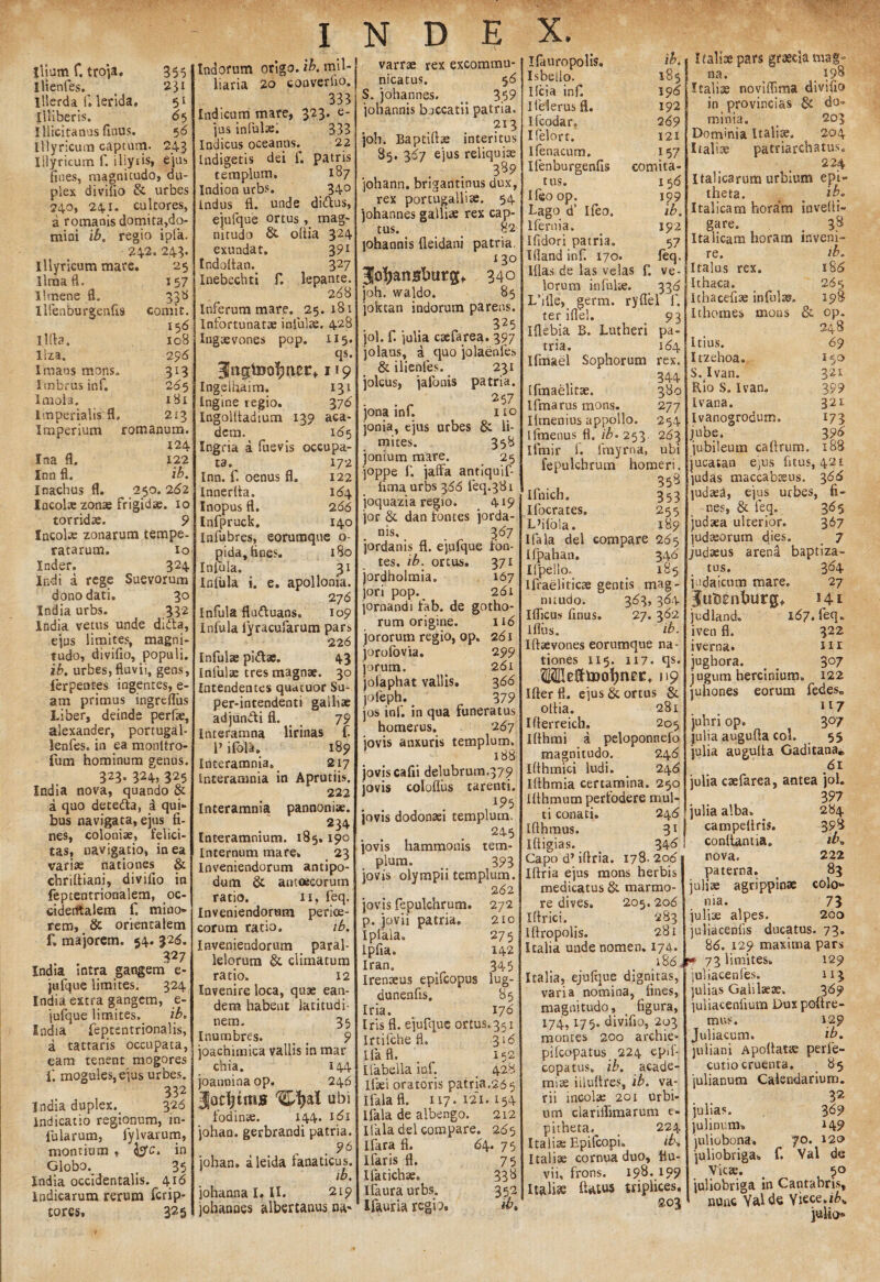 Ilium f. troja, 355 llienfes. 231 IIlerda f. lerida, 51 illiberis. 85 Iliicitanus finus. 5 6 Illyricum captum. 243 Illyricum f. iliyris, ejus fines, magnitudo, du¬ plex di villo & urbes 240, 241. cultores, a romaois domita,do¬ mini ib, regio ipfa. ■ 242. 243. Illyricum mare. 25 limati. 157 Iltnene fl. 338 llfenburgenfis comit. 156 filia. 108 Ilza. 2 98 Imaus mons. 313 Imbrus in f. 205 imola. 181 Imperialis fl. 213 Imperium romanum. 124 Ina fl. 122 Inn fi. ib. Inachus fl. 250. 262 Incolx zonae frigidae. 10 torridae. 9 Incolae zonarum tempe¬ ratarum. io Inder. 324 Indi a rege Suevorum dono dati. 30 India urbs. 332 India vetus unde didita, ejus limites, magni¬ tudo, divifio, populi. ib. urbes, fluvii, gens, lerpentes ingentes, e- am primus ingrefiiis Liber, deinde perfae, alexander, portugal- lenfes. in ea monltro- fum hominum genus. 323. 324, 325 India nova, quando & a quo detedla, a qui¬ bus navigata, ejus fi¬ nes, coloniae, felici¬ tas, navigatio, in ea variae nationes & chrifliani, divifio in feptentrionalem, oc¬ cidentalem f. mino¬ rem, & orientalem f. majorem. 54. 326. 327 India intra gangem e- jafque limites. 324 India extra gangem, e- jufque limites, ib. India feptsntrionalis, a tattaris occupata, eam tenent mogores ii mogules,ejus urbes. 332 India duplex. 326 Indicatio regionum, in¬ fularum, fyl varum, montium , fac. in Globo. f 35 India occidentalis. 416 Indicarum rerum fcrip tores. 325 Indorum origo, ib. mil- liaria 20 converiio. 333 Indicum mare, 323* e* jus infui». 333 Indicus oceanns. 22 Indigetis dei f. patris templum. 187 Indion urbs. 340 Indus fl. unde diftus, ejufque ortus mag¬ nitudo & odia 324 exundat. 391 Indoltan. 3 27 Inebechti f. lepante. 258 Inferum mare. 25.181 Infortunatae infui te. 428 Ingaevones pop. 115. qs. x * 9 Ingelhaim. 131 Ingine regio. 376 Ingolfladium 139 aca- dem. 155 Ingria a fuevis occupa¬ ta.^ 172 Inn. f. oenus fl. 122 Innerfia. 164 Inopus fl. 266 Infpruck. 140 Infubres, eorutnque o- pida, fines. 180 Infula. 31 Infula i. e. apollonia. 2 76 Infula fluttuans» 109 Infula fyracufarum pars 226 Infulae pi&ae. 43 Infulae tres magnae. 30 Intendentes quatuor Su- per-intendenti galliae adjundli fl. 79 Interamna lirinas f. V ifola. 189 Interamnia. 217 Interamnia in Aprutiis. 222 Interamnia pannoniae. 234 Interamnium. 185,190 Internum mare, 23 Inveniendorum antipo¬ dum & antcecorum ratio. 11, feq. Inveniendorum perioe- corum ratio. ib. Inveniendorum paral¬ lelorum & climatum ratio. 12 Invenire loca, quae ean¬ dem habent latitudi¬ nem. 35 Inumbres. > # 9 joachimica vallis in mar chia. 144 joannina op. 246 Jodjims ubi fodinae. 144. 181 johan. gerbrandi patria. _ . 96 johan. aleida fanaticus. ib. johanna I. II. 219 johannes albertanus na- varrae rex excommu- nicatus. 56 S. johannes. 3.59 johannis buccatii patria. 213 joh. Baptifiae interitus 85. 357 ejus reliquiae 389 johann. brigantinus dux, rex portugalliae. 54 johannes galliae rex cap¬ tus. _ 82 phannis fleidani patria. 130 Jaljanstjutg, 340 joh. waldo. 85 joktan indorum parens. 325 jol. f. julia caefarea. 3?7 jolaus, a quo jolaenles & ilienfes. 231 jolcus, jafonis patria. . r 2 57 jona ini. 110 jonia, ejus urbes & li¬ mites. 358 jonium mare. 25 joppe f. jaffa antiquif- lima urbs 366 feq.381 joquazia regio. 419 jor & dan fontes jorda- nis, 367 jordanis fl. ejufque fon¬ tes. ib. ortus. 371 jordholmia. 167 jori pop.s 261 jornandi fab. de gotho- rum origine. 118 jororum regio, op, 281 jorofovia. 299 jorum. > 281 jolaphat vallis. 388 jofeph. 379 jos inf. in qua funeratus homerus. 287 jovis anxuris templum. 188 jovis cafii delubrum.379 jovis colofliis tarenti. 195 jovis dodonaei templum. 245 jovis hammonis tem¬ plum. 393 jovis olympii templum. 282 jovis fepulchrum. 272 p. jovii patria. 210 Iplkla. 275 ipfia. 142 Iran. 345 Irenseus epifcopus lug- dunenfis. 85 Iria. 178 Iris fl. ejufque ortus.351 Irtifcfie fl. 318 Ilafl. , 152 Ilabella inf. . 428 ifgei oratoris patria.265 Ifalafl. 117.12'!. 154 ifala de albengo. 212 Ilala dei compare. 285 Ifara fl. 64. 75 ifaris fl. 75 Ifatichse. 338 Ifauraurbs. 352 Xfauria regio. *b. Ifauropolis. ib. Isbeiio. 185 licia inf. 198 Ilelerusfl. 192 Ifcodar. 289 Ifelort. 121 ifenacum. 157 Ifenburgenfis comita¬ tus. 158 Ileo op. Lago d’ Ifeo. Ifernia» Ifidori patria. Ifland inf. 170. Illas de las velas f. lorum infui». Lhlle, gerrrt ter illel. Iflebia B. Lutheri tria. Ifmael Sophorum 199 ib. 192 feq7 ve- .33^ Ifmaelitae. Ifmarus mons. Ilrnenius appollo. ifmenus fl. ib. 253 Ilmir f. fmyrna, fepulchrum ryflef f. 93 pa- 184 rex. 344 380 277 254 283 ubi homeri. 358 353 255 189 compare 285 348 1 t> ^ Itali»pars grsedamag¬ na. 198 Itali» noviffima divifio in provincias & do¬ minia. 203 Dominia Itali». 204 Itali» patriarchatus. 224 Italicarum urbium epi¬ theta. o ibo Italicam horam invelli gare 38 Italicam horam inveni re. Italus rex. Ithaca. Itbacefis infui». Ithomes mons & ib. 18 6 285 198 op. 248 69 1 «o 321 399 321 17 3 396 188 Itius. Itzehoa. S.Ivan. Rio S. Ivan, Ivana. Ivanogrodum, jube. jubileum caftrum. jucatan ejus fitus, 421 judas maccabesus. 388 ]ud»a, ejus urbes, fi¬ nes, & feq. 365 judsea ulterior. 367 judseorum dies. 7 judseus arena baptiza- tus. 364 judaiciun mare. 27 Junentjurg^ 41 judland» 187. feq. iven fl. 322 iverna. ni jugbora. _ 307 jugum hercinium. 122 fedes* juhones eorum Ifoich. Ifocrates. Lfilola. Ifala dei Ifpahan. IfpelSo. Ifraeliticae gentis mag nuudo. 383, 384 Ifficus finus. 27. 362 lflfis. ib. Ubevones eorumque na¬ tiones 115. 117. qs. 119 Ifterfl. ejus & ortus & oltia. 281 Ifterreich, 205 Ilthmi a peloponnefo magnitudo. 248 lllhmici ludi. 248 Iltbmia certamina. 250 Ilthmum perfodere mul¬ ti conati. 248 Ifthmus. 31 Iliigias. 348 Capo d’ ifiria. 178. 208 Iftria ejus mons herbis medicatus & marmo¬ re dives. 205.208 Iltrici. 283 Iftropolis. 281 Italia unde nomen. 174.. _ , i88,r* 73 limites. Italia, ejufque dignitas, '“v varia nomina, fines, magnitudo, figura, 174,175. divifio, 203 montes 200 archie- pilcopatus 224 epif- copatus. ib. acade- mise iilultres, ib. va¬ rii incolae 201 urbi¬ um clariflimarum e- pitheta. _ 224 Italiae Bpifcopi. iK Italiae cornua duo, flu¬ vii, frons. 198. 199 Itali» flatus triplices. 203 117 3 °7 55 juhri op. julia augufla coi. julia augufla Gaditana» 61 julia caefarea, antea jol. 397 julia alba» ^ 284 campeltris. 398 conllantia. ib-. nova. 222 paterna. 83 juljse agrippin» colo¬ nia. 73 juli» alpes. 200 juliacenlis ducatus. 73. 88. 129 maxima pars 129 juliacenfes. 113 julias Gaiil*», 369 juliacenfium Dux polire¬ mus. 129 Juliacum. ib. juliani Apoflatte perfe- cutio cruenta. 85 julianum Calendarium. 32 julias. julinum» juliobona. juliobriga Vicse. f. 389 149 70. 120 Yal de 50 juliobriga in Cantabris, nunc Valde Yiece.ik iulio»