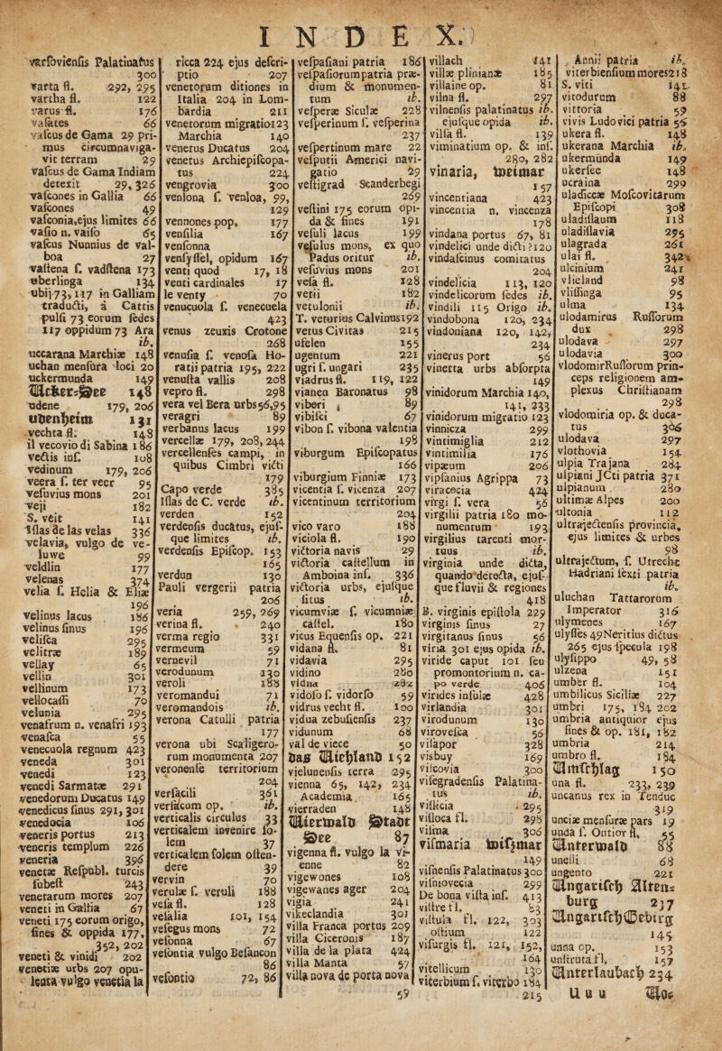 INDE X.) varibvienfis Palatinatus . 300 varta fl. 292, 25)5 vartha fl. 122 rarus fl. 176 va fetes 66 ¥alcus de Gama 29 pri¬ mus circumnaviga¬ vit terram 29 vafcus de Gama Indiam detexit 29,326 vafcones in Gallia 66 vafccmes 49 vafconia,ejus limites 66 vafio n. vaifo 65 vafcus Nunnius de val boa 27 valtena f. vadftena 173 tsberlinga 13^; ubij 73,117 in Galliam tradu&i, i Cattis pulli 73 eorum ledes 117 oppidum 73 Ara ib. ticcarana Marchiae 148 uchan menfora loci 20 uckermunda 149 Mtkets&ze 14S udene 179, 206 tmenfjeim 13; yechtafl. 148 il vecovio di Sabina 186 vettis infi 108 vedinum 179, 206 veera f. ter veer 95 vefuvius mons 201 ^veji S. veit Sflasdelas velas irelavia, vulgo de luwe veldlin veienas velia f. Helia & Eliae 196 Velinus lacus velinus finus 182 141 33^ ve- 99 177 374 186 196 295 189 65 301 173 7o .295 velifta velitrte vellay vellin vellinum vello cafli velunia _ venafrum n. venafri 193 venafca 55 venecuola regnum 423 veneda 301 venedi 123 venedi Sarmatae 291 venedorum Ducatus 149 venedicus finus 291,301 venedocia 106 veneris portus 213 veneris templum 226 veneria 3 96 venetae Relpubl. tureis fubeft 243 venetarum mores 207 veneti in Gallia 67 veneti 175 eorum origo, fines & oppida 177, 352, 202 veneti &. vinidi 202 venetiae urbs 207 opu- leata vulgo venetia la ricca 224 ejus deferi* 1 vefpafiani patria 186I villach ptio 207 j vefpafiorum patria pr*- _:n venetorum ditiones in I dium & monumen- Italia 204 in Lom-1 tum ib. bardia 211 vefoerae Siculae 228 venetorum migratioi23 I vefperinum fi vefperina Marchia 140 237 venetus Ducatus 204 vefpertinum mare 22 venetus Archiepifcopa- vefputii Americi navi- tus 224 gatio 29 vengrovia 500 veftigrad Scanderbegi venlona fi vealoa, 99, . 269 129 veflim 175 eorum opi vennonespop, 177 venfilia 167 venfonna venfyflel, opidum 167 venti quod 17, 18 venti cardinales 17 le venty 7o venucuola fi venecuela 423 venus zeuxis Crotone 268 venufia f. venofe Ho¬ ratii patria 195, 222 venufta vallis 208 vepro fl. 298 vera vel Bera tsrbs5<5,95 veragri 89 verbanus lacus 199 vercellae 179, 208,244 191 199 ex quo ib. 201 1-28 182 ib. da & fines vefuli lacus vefulus mons, Padus oritur vefuvius mons vefa fl. vetii vetulonii T. veturius Calvinnsi92 vetus Civitas 215 ufelen 155 221 ugrif. ungari 235 viadrusft. 119, 122 vianen Baronatus 98 viberi 4 89 vibifei 67 vibon fi vibona valentia 198 «41 villae pliman* 185 villaineop. 81 vilna fl. 297 vilnenfis palatinatus ib. eiufque opida ib. vilfafl. 139 viminatium op. & in!'. 2fio, 282 vinaria, tueimar 157 vincenriana 423 vincentia n. vincenza 178 vindana portus 67, 81 vindelici unde didi i? 120 vindafeinus comitatus 2°4 vindelicia 113, 120 Vindelicorum ledes ib. vindili 115 Origo ib. Vindobona 120, 234 142, 234 5b Annii patria ib. vi terbienfium mores218 S. viti 14L- vitodurum 88 vjttoria ^ 59 vivis Ludo vici patria <,6 ukera fl. 148 ukerana Marchia ib, akermimda 149 ukerfee 148 ucraina 299 uladicc* Mofcovi tarum vindoniana 120, vinerus port Epifcopi uladillaum uladiflavia ulagrada ulai fl» ulcinium vlieland vlilfinga ulma ulodamirus dux ulodava ' ulodavia 308 118 295 2 61 342\ 24 E 98 95 „ m Rulforum 298 297 300 vinetta urbs abforpta vlodomirRuflorum prm ceps religionem am¬ plexus Chriflianam 298 vercellenfes campi, inlviburgum Epifcopatus quibus Cimbri vi<5ti 1 166 179 I viburgium Finniae 173 Capo verde 385 j vicentia fi vicenza 207 Illas de C. verde ib. I vicentinum territorium verden 1521 20' verdeDlis ducatus, ejuf-j vico varo 188 que limites ib. | viciola fl. 190 verdenfis Epifcop. 153 165 verdun 130 Pauli vergerii patria 206 veria 259,269 verina fl. 240 verma regio vermeum vernevil Verodunum veroli veromandui veromandois verona Catulli 331 59 7i J30 18S ?ib. patria 177 verona ubi Scahgero- rum monumenta 207 veronenfe territorium 204 verf^cili 3 61 verfecum op, ib. verticalis circulus 33 verticalem invenire fo- lem 37 verticalem folem offen¬ dere 39 vervin 70 verulae f. veruli 188 vefafl. 128 velalia 101, 154 vefegus mons 72 vefonna 67 vefontia vulgo Befancon 86 vefontio 72» 8<5 vidtoria navis 29 vi&oria caltellum in Amboina infi 336 vi&oria urbs, eiufque litus [b. vicumviae fi vicumnias callel. 180 vicus Equenfis op. 221 vidana fl. 81 vidavia 295 vidino 280 vidua 282 v idolo f. vidorfo 59 vidrus vecht fl. leo vidua zebufienfis 237 vidunum 68 val de viece 50 Has flUtdjIann 152 vielunenfis terra 295 vienna 6 5, 142, 234 Academia 165 vierraden 148 UBiettoalt* ^tabt t&zz 87 vigenna fl. vulgo la Vi- enne 82 108 204 241 keclandia 301 lia Franca portus 209 lia Ciceronis 187 lia de la piata 424 lia Manta 57 gewones gewanes ager gia 149 vinidorum Marchia 140, . Hi, 233 vinidorum migratio 123 vinmcza vintimiglia vintimiiia vipaeum vipfanius Agrippa viracocia virgi f. vera vlodomiria op. &. duca¬ tus 306 ulodava 297 vlothovia 154 2061 ulpia Trajana 284 73 j ulpiani jCti patria 371 4241 ulpianum 280 55 j ultimas Alpes 200 299 212 176 virgilii patria 180 mo-j'u‘ton!a numentum 193J nltrarjedenfis provincia, virgilius tarenti mor-1 ®jus limites urbes tuus ib.J . 98 virginia unde didta, J mtrajedtum, f. Utrecbe quando deteita, ejuf ’ quefluviiSt regiones 4r8 B. virginis epiftola 229 virginis finus 27 virgitanus finus 56 viria 301 ejus opida ib. viride caput 101 feu promontorium n po verde virides infula virlandia virodunum virovefea vjiapor visbuy vilcovia vifegradenfis tus villicia vilioca fl. vilma vifmaria toifjmar 149 vifnenfis Palatinatus 300 vifmovecia 299 De bona villa infi 413 vilire f 1. . ca 406 428 301 130 56 328 169 300 Palatina- ib. ' 295 29S 306 villula fl, odium vifurgis fl. vitellicum 122, 121, 83 303 122 152, I64 11» nova de porta nova j f< vitwbo $ 59 215 Hadriani lexti patria ib. uluchan Tattarorum Imperator 316 ulymenes 167 ulyfles 49Neritius di£tus 265 ejus lpecula 198 ulyfippo 49, 58 ulzena 151 umbfer fl. 104 umbilicus Siciliae 227 umbri 175, 184 202 umbria antiquior ejus fines & op. 181, 182 umbria 214 umbro fl. 184 tlflmfdjlag 150 una fl. 233, 239 uncanus rex in Tenduc 3^9 unciae menfurae pars 19 unda f. Ontior fl, 55 {EntertoalUi 8^3 unelli 68 ungento 221 iEngartfc^ bitens burg 237 2Hngartfc!)\©0l»irg 14$ unaaop.^ 153 undrutafl. 157 QUiitprlautJac^ 234 U uu