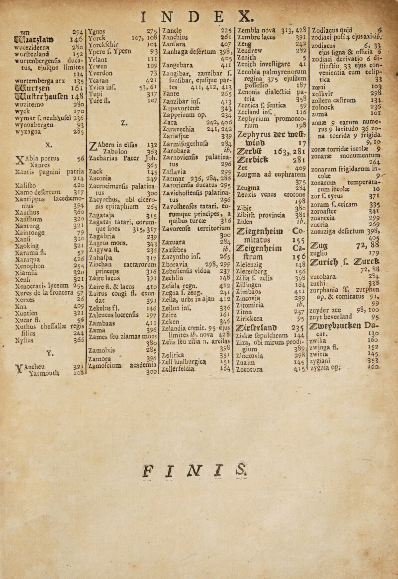 um 294 146 wuceziderna 280 wurftenland 152 •wurtenbergenfls duca¬ tus, ejulque limites 3 34 wurtemberga arx 135 OTurtjen 161 OTuft errati fen 148 •wuziterno 280 wyck 170 wymar f. neuhiufel 236 wynoxbergen 93 wyzagna 285 X. VAbia portus 56 Xanres Xantis pagnini patria 214 Xalifco 42° Xamo defer tum 317 Xantippus lacedaemo- nius 394 Xanthus 360 Xanthum 320 Xantnng 321 Xaintonge 79 Xanfl 320 Xaoking 321 Xarama fl. 57 Xaraqua 426 Xenophon 25«; Xiamfii 32o Xenfi 321 Xenocratis lyceum 255 Xeres de la frontera 57 Xerxes ' , 26 Xoa 409 Xuntien 321 Xucar fl. 56 Xuthus theflaliae regis filius 244 Xyftus 3 66 Y. VAncheu V 0 f- rvi 321 Yarraouth 108 Ygnos 275 Yorck f I07, 108 Yorckfchir 104 Ypere f. Ypem 93 Yrlant iii Yrwen 109 Yverdon 73 Ycatan 421 Yvica inf. 53 ,6t Yupi 317 Yureil. 107 Z. 7'Abern in elfas 132 Zabulon 363 Z-acharias Fater Joh. , 365 Zack < 14$ Zaconia 249 Zacrocimenfis palatina- tus 300 Zacynthus, ubi cicero- nis epitaphium 265 Zagataja 315 Zagatai tatari, eorum- que fines 31$, 317 Zagabria 239 Zagrus mons. 343 Zagywa fl. 236 Zahafpa 317 Zinchan tattarorum 391 Zaire fl. & lacus 410 princeps Zaire lacus Zairus congi fl. exun dac 391 Zekelus fl. 14 6 Zaleucus locrenfis 197 Zambaas 411 Zama 396 Zames feu ziamas mons 380 Zamolxis 285 Zamora 396 Zamofeium academia 3QP Zancle 225 Zanchius 261 Zanfara 407 Zanhaga defertum 398} 4°5 Zangebara 411 Zangibar, zanzibar f. funflbar, ejulque par¬ tes 411,412,413 Zante 2165 Zanzibar inf. 413 Zapavortenfc 343 Zapprinum op. 234 Zara 242,406 Zaravechia 241,242 Zariafpte 339 Zarmifogethufa 284 Zarobara ib. Zarnovienfis palatina- tus 296 Zaflavia 299 Zatmar 236, 284, 286 Zatorienfls ducatus 295 Zavichoftenfis palatina- tus 4 296 Zavolhenles tatari. eo- rumque principes, a quibus tureae 316 Zavorenfe territorium 3°o Zazuara 284 Zazfebes > ib. Zazyntho inf. 2^5 Zboravia 298,299 ZebuflenfiS vidua 237 Zechlin 148 Zefala regn. 412 Zegna f. zeng. > 241 Zeila, urbs in ajan 412 Zeilon inf. 336 Zeitz 161 Zeken 346 Zelandia comit. 9 5 ejus limites ib. nova 428 Zelis feu zilia n» arcilas 398 Zelitica < 351 Zeli luniburgica 151 Zelierieldia *64 Zembla nova 313, 428 Zembre lacus 39* Zeng 242 Zendrew 282 Zenith 5 Zenith inveftigare 41 Zenobia Palmyrenorum regina* 375 ejufdem pofleflio _ 187 Zenonis dialectici pa¬ tria 358 Zentica f. fentica 59 Zeeland inf. ^ 116 Zephyrium promonto¬ rium 198 Zephyrus foreffs taunti 17 ZnW 1633 281 Z^rbtcts 281 Zet 409 Zeugma ad euphratem 375 Zeugma 284 Zeuxis venus crotone 198 Zibit 380 Zibith provincia 381 Ziden ib. tegende tu* Co¬ mitatus 155 Zzisvntym Ca- ffcrum 156 Zielenzig 148 Zierenberg^ 156 Zilia f. zelis 398 Zillingen 164 Zimbaos 411 Zincovia 299 Zitomiria ib. Ziton 257 Zirickcea 95 Zfoftrianfc 23$ Ziskse fepulchrum 144 Ziza, ubi mirum prodi- gium^ 389 Zloczovia 298 Znaim H5 Zocotora 445 Zodiacus quid o 6 zodiaci poli4 ejusaxisi^ zodiacus 6, 33 ejus flgna & officia 6 zodiaci derivatio 6 di- ftin&io 33 ejus con¬ venientia cum eclip¬ tica 33 zoeni I03 zolkvir 2 98 zollern caflrum i34 zolnock 236 zoma i°r zonae 9 earum nume¬ rus 9 latitudo 36 zo¬ na torxida 9 frigida 9, m zonae torridae incolae 9 zonarae monumentum 264.* zonarum frigidarum in¬ colae 9' zonarum temperata¬ rum incolae 10 zorf. tyrus 371 zoram f. ceiram 335 zoroafter 34L zuanecia 299 zucria 269 zuenziga defertum 398, 405 za$ 7 2>88 zuglio 179 Zutirt) L Zatcft 72, 88 zutobara. 284. zuthi 338 zurphania -f. zutphen op. & comitatus 9 h 99 zuyder zee 98, 100 zuyt beverland 95 Ztotvbw&M Du¬ cat, zwika zwinga fl. zwitra zygiani xygoia op; 130 .160 152 145 853 160. FINIS*