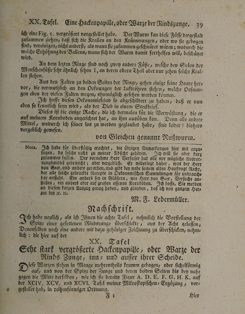 leb eine Fig. uergrogert tjor^cjleffcf ^a&e. 3)cr 233ucm fan biefe S»|fo bcrgcflrtre jufammetT jtebeit/ baß ftcb bie ^raöcn an ben j^rummungen / Dbcr wo fie gebogen finb/ t)crctntgcn/ntcbfanbcr)l/ alewannltcjuramnicngefcbnurce waren; wobiirdb bic ttjcicbe^rboljungbeo^aßeno/wannltcbbcv ^urm bamif fort^elfen wiff/ befd;üftef- wirb« 2(n^bem lejfen Ovinge jtnb noch jwei; anberc wefebe ben <0o(en ber 9}]cnfcf;cnfuf c fe^r abnlid; fe^cn J, an beren cbern ^^cil aber nur jeben fcld;c ivral^ Icn liefen. ^ 2(u0 ben fairen jii beiben ©eiten ber bringe/ gesell einige feine jS^aare fier? t)or, bie ncrmuti^lifb an ben Oefnungen ber iuftrobren )M>cn/ welche Oefmin# gen eben ber oielen galten wegen/ obnmoglicb gefeben werben fonnen. 3cb Defonomiefeinb fo abgefcbilbert ju haben / ba§ er nun eben fo fenntlidb fepn wirb, als ber Dieb in einem ©tecfbriefl Diefes i(I bie einige Üvacbe/ bie id; bermalcn für bie ^Öerwultung / bie er auf meinem j^ornboben angexiebret bat, an ibm auouben fan. Denn alle anbere £9?ittel/ wobureb icb feiner los ju werben geglaubct habe, |lnb Iciber! biobero t)ergeblid; gewefen« Dcn ©(eichen genannt S^ugtDiirm. Nota. 3cb habe für öberflügig eraebut, bie übrigen Slnmerfungen hier mit cn^m ‘ fügen, ba folcbe niebt ju meiner Slbfubt geboren. 30) will fie aber fiiri lufainmen faiTm. Der rornebme .^err ?Berfa§er bat ade nur m6gli(t)e üiu^rots ^ tungBinittel gebraiubt; aber oergcblitl). ^r wiberlcgt bnber, wag ber J^err oon @eer,unb anbere geratben,iinD gibt beo nabe feinem alten J^ati^oogt aiectt/ ber alle folcbe gcDrucfte illeeepte in Oefonomifeben 0ammlungen für unbraui# bar anfiebt. @in anberg fep in ©Idijern, wie .f'err »on ^cer, C8erbi0)e an« gellen, ein anDerl aber auf großen ojtenen Äornboben. 3d) boffe, 0ie werben on biefem furjen 'ilugjug genug baben, unb glouben, ba^ idb »on ganiem jbec» gen bin :c. 2c. 5% £e&crmöller« Ü^acbfdbtift. CVcb habe nculicb, als id? 3bncn bic acbtc^'^afcl, nebmlicb bic S^orfTcHnng-ber ©pißc einer gefottenen ^inbsjunge übcrfcbicftc , aus ber 3(cbt gelaffen, Denenfclben nod? eine anbere mit baju gehöriger ^eitbuung 5u übcrfcbicfcn, nebtm lieb • auf ber XX» S:afel 0ept gar! toerarö^erte •DacfeiipapiUe ober SBacje bet inn;? nnt) aujTer if)rei* (Scheibe. ^^iefe 3ßar;cn fTcben in ^?enge mebrentbeils frumm gebogen, ober ficbelformig auf, unb bon ber ©pißc ber !5unge unb beren beiben ©eiten bis ber? nabe gegen bie ^itte berfelben , rvie id? fie bereits giaur A. D. E. F. G. H. K. auf ber XCIV. XCY. unb XCVL '^afel meiner 50lifroffopiftbcn# ^rgojung./ bor^ geffelfct ^ab, in reifenförmiger Orbniiug. S i ^>‘cr