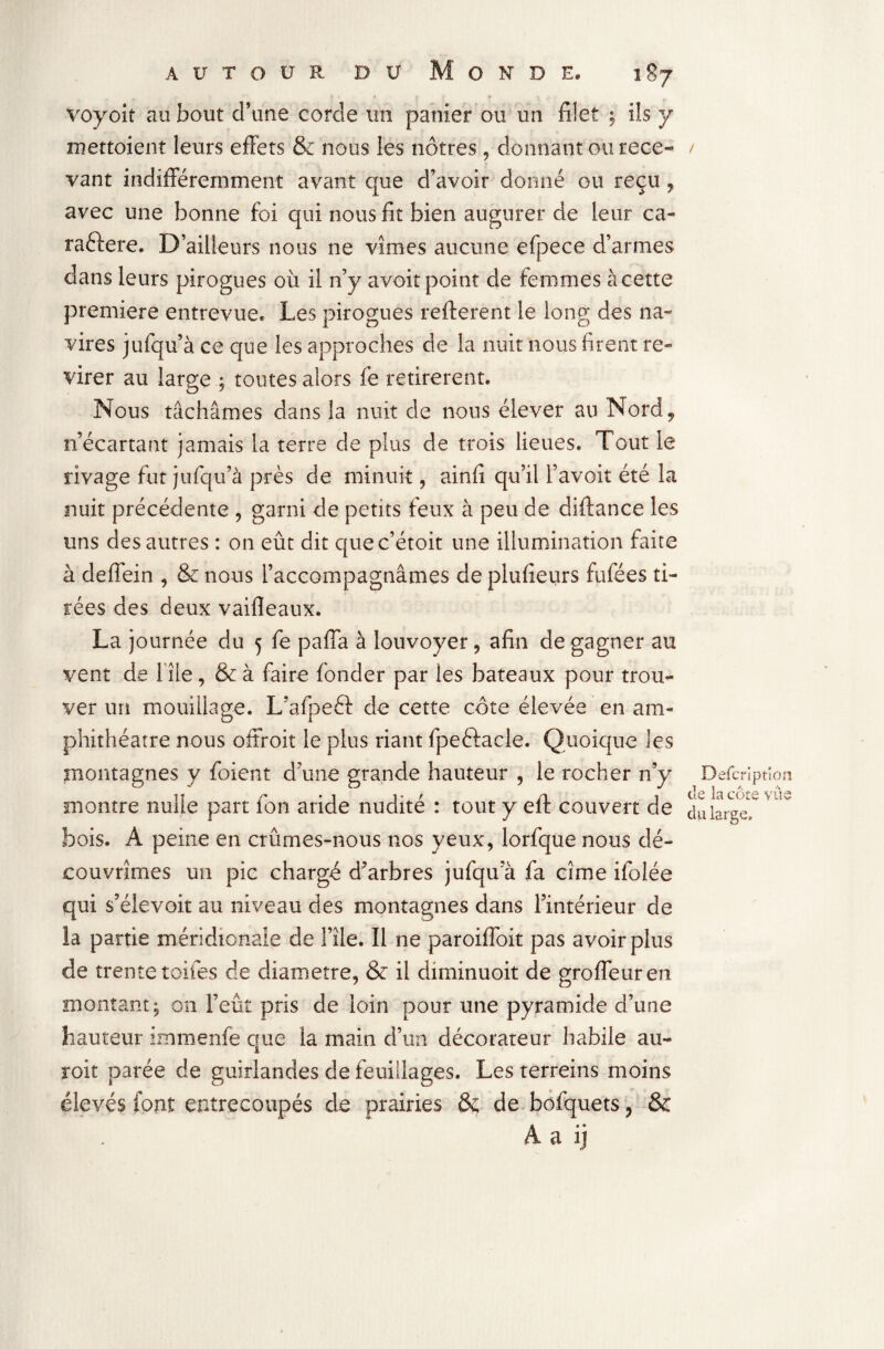 voyoit au bout d’une corde un panier ou un filet ; ils y mettoient leurs effets & nous les nôtres, donnant ou rece¬ vant indifféremment avant que d’avoir donné ou reçu , avec une bonne foi qui nous fit bien augurer de leur ca- raftere. D’ailleurs nous ne vîmes aucune efpece d’armes dans leurs pirogues où il n’y avoir point de femmes à cette premiers entrevue. Les pirogues refterent le long des na¬ vires jufqu’à ce que les approches de la nuit nous firent re¬ virer au large ; toutes alors fe retirèrent. Nous tâchâmes dans la nuit de nous élever au Nord, n’écartant jamais la terre de plus de trois lieues. Tout le rivage fut jufqu’à près de minuit, ainfi qu’il l’avoit été la nuit précédente , garni de petits feux à peu de diftance les 11ns des autres : on eût dit quec’étoit une illumination faite à deffein , & nous l’accompagnâmes de piufieurs fufées ti¬ rées des deux vaifleaux. La journée du 5 fe paffa à louvoyer, afin de gagner au vent de 1 île, &à faire fonder par les bateaux pour trou¬ ver un mouillage. L’afpeft de cette côte élevée en am¬ phithéâtre nous offroit le plus riant fpettacle. Quoique les montagnes y foient d’une grande hauteur , le rocher n’y montre nulle part fon aride nudité : tout y eft couvert de bois. A peine en crûmes-nous nos yeux, lorfque nous dé¬ couvrîmes un pic charge d’arbres jufqu a fa cime ifolée qui s’élevoit au niveau des montagnes dans l’intérieur de la partie méridionale de File. Il ne paroiffoit pas avoir plus de trente toiles de diamètre, & il diminuoit de groffeuren montant, on l’eût pris de loin pour une pyramide d’une hauteur immenfe que la main d’un décorateur habile a ti¬ roir parée de guirlandes de feuillages. Les terreins moins élevés font entrecoupés de prairies &; de bofquets, & A a ij Defcrîptîon de la côte vue du large.