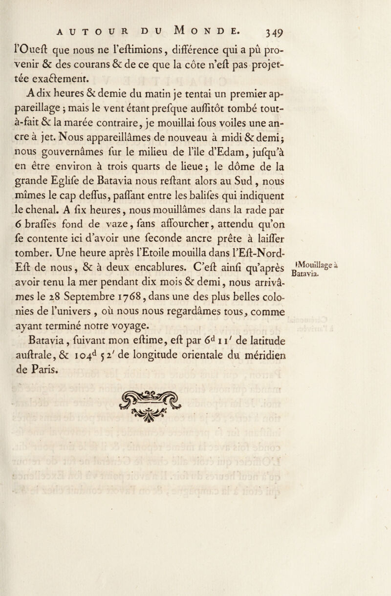 l’Oueft que nous ne l’eftimions, différence qui a pû pro¬ venir & des courans & de ce que la côte n’eft pas projet- tée exaôement. A dix heures & demie du matin je tentai un premier ap¬ pareillage ; mais le vent étant prefque aullitôt tombé tout- à-fait & la marée contraire, je mouillai fous voiles une an¬ cre à jet. Nous appareillâmes de nouveau à midi & demi; nous gouvernâmes fur le milieu de File d’Edam, jufqu’à en être environ à trois quarts de lieue ; le dôme de la grande Eglife de Batavia nous reftant alors au Sud , nous mîmes le cap deffus, paffant entre les balifes qui indiquent le chenal. A lix heures, nous mouillâmes dans la rade par 6 braffes fond de vaze, fans affourcher, attendu qu’on fe contente ici d’avoir une fécondé ancre prête à laiffer tomber. Une heure après l’Etoile mouilla dans FEft-Nord- Eft de nous, & à deux encablures. C’eft ainfi qu’après avoir tenu la mer pendant dix mois & demi , nous arrivâ¬ mes le 28 Septembre 1768 ? dans une des plus belles colo¬ nies de l’univers , où nous nous regardâmes tous, comme ayant terminé notre voyage. Batavia, fuivant mon eftime, eft par 6d 11' de latitude auftrale,& i04d 52' de longitude orientale du méridien de Paris. \ [Mouillage à Batavia, n,