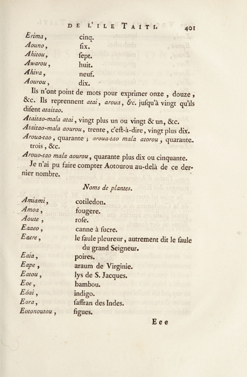 40Î £rima, cinq, Aouno, fix. Ahitou, fept. Awarou, huit. Ahiva, neuf, Aourou, dix. - Ils n ont point de mots pour exprimer onze » douze » &c. Ils reprennent atai, aroua, &c. jui'qu’à vingt qu’ils difent ataitao. Ataitao-mala atai, vingt plus un ou vingt &un, &c. Ataitao-mala aourou, trente, c’eft-à-dire, vingt plus dix. Aroua-tao , quarante ; aroua-tao mala atorou , quarante, trois, &c. Arouo-tao mala aourou, quarante plus dix ou cinquante. Je n’ai pu faire compter Aotourou au-delà de ce der¬ nier nombre. Noms de plantes. Amiami, Amoa, Aoute ? Eaaeo 9 Eaere 9 Eaia, Eape 9 Eatou 9 Eoe 5 Eoai 9 Eora 9 Eotonoutou j coÊiledon. fougere. rofe. canne à fucre. le faule pleureur, autrement dit le faule du grand Seigneur^ poires. araum de Virginie, lys de S. Jacques, bambou, indigo. faffran des Indes, figues. E e e