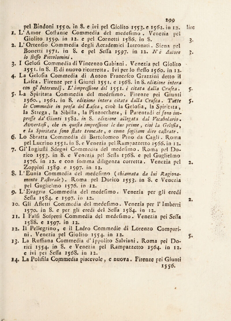 *99 pel Bindonf 1550, in 8. e ivi pel Giolito 1553.0 1562. in 12. lire 1. L* Amor Collante Gommedia del medefimo . Venezia pel Giolito 1559. in 12. e pel Cornetti 1586. in 8. 3* 2. L’Grtenfio Commedia degli Accademici Intronati. Siena pel Bonetti 1571. in 8. e pei Seda 1597. in 12. A7’* 3» /<? ftejfo Ficcolomim . 3* I Gelofi Commedia di Vincenzo Gabiani. Venezia pel Giolito * 1551. in 8. E di nuovo ricorretta . Ivi per Io dello 1560. in 1 2, 4. La Gelofia Commedia di Anton Francefco Grazzini detto it Laica. Firenze per i Giunti 1551. e 1568. in 8.edizione intera con gl7 Intermed} , V imprejjìone del 1551. è citata dalla Crufca» y,. J. La Spiritata Commedia del medefimo. Firenze pei Giunti 1560., 1561. io 8. edizione intera citata dalla Crufca. Tutte y* le Commedie in profa del L afe a , cioè la Gelofia, la Spiritata , la Strega , la Sibilla , la Pi □ zeccherà, i Parentadi ci fono im¬ prese da* Giunti 1582. in 8. edizione allegata dal Vocabolario . Avvertafi, che in quella impresone le due prime , cioè la Gelofia, e la Spiritata fono (late troncate , 0 come fogliam dire cabrate. 0. Lo Sbratta Commedia di Bartolomeo Pino da Cagli. Roma pel Lucrino 1551. in 8. e Venezia pel Rampazzetto 3566. in 12. 7. Gl’Ingialli Sdegni Commedia del medefimo. Roma pei Do¬ rico 1553. in 8. e Venezia pel Sella tj68. e pel Guglielmo 1576, in 12, e con fomma diligenza corretta . Venezia pel 2* Zoppi ni 1589 e 1597. i n 12. 8. L’Eunia Commedia del medefimo (chiamata da lui Ragiona¬ mento Pajìorale ). Roma pel Dorico 1553. in 8. e Venezia pel Guglielmo 1576. io 12. 9. LJEvagria Commedia del medefimo. Venezia per gli eredi Seda 1584. e 1597. io 12. 2. 10. Gli Affetti Commedia del medefimo. Venezia per V Imberti 1570. in 8. e per gli eredi del Seffa 1584. in 12. 11. I Falfi Solpetti Commedia del medefimo. Venezia pei Seda 1588. e 1597. in 12. 22. Il Pellegrino, e il Ladro Commedie di Lorenzo Compan¬ ni. Venezia pel Giolito 1554. in 12. 13. La Ruffiana Commedia d’ Ippolito Salviani. Roma pei Do¬ rici 1554. in 8. e Venezia pel Rampazzetto 1564. in 12. e ivi pei Seda 1568. in 12. 14* La Polifìla Commedia piacevole, e nuora» Firenze pei Giunti * r