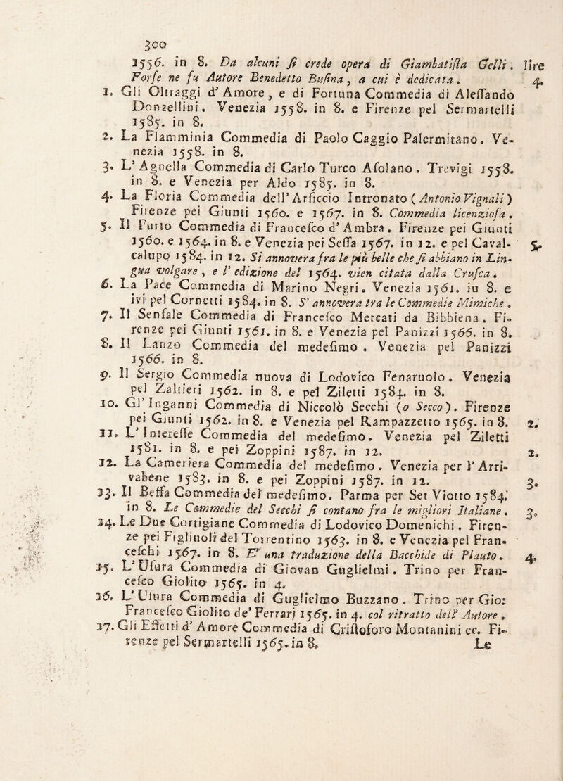 3co 3§‘)ó. in 8. Da alcuni fi crede opera di Clamidi ili a Celli* lire Forfè ne fu Autore Benedetto Bttfina , a cui è dedicata . 4* 1. Gli Oltraggi d5 Amore, e di Fortuna Commedia di ÀlefTando Donzelli*)! • Venezia 3558. in 8. e Firenze pel Sermarteìii 3585. in 8* 2, La Flamminia Commedia di Paolo Gaggio Palermitano. Ve¬ nezia 1558. in 8. 3» L5 Agneiia Commedia di Carlo Turco Afolano . Trevigi 1558. in 8» e Venezia per Aldo 1585. io 8. 4* Fioria Commedia dell5 Arficcio Intronato ( Antonio Vignali) Fiienze pei Giunti 2^60. e 2567. in 8. Commedia licenziofa. 5* Il Furto Commedia di Fraocefco d5 Ambra , Firenze pei Giunti 2560. e 2564. in 8. e Venezia pei Seda 1567* in 32. e pel Cavai- ‘ j. calupc? *584. in 12. Si annovera fra le più belle che fi abbiano in Lin- gm volgare , e V edizione del J564. vien citata dalla Crufca ì 6» La Pace Commedia di Marino Negri. Venezia 2561. in 8. e ivi pel Cornetti 1584* in 8. S* annovera tra le Commedie Mimiche . 7» Il Se n fa le Commedia di Francefco Mercati da Bibbiena . Fi¬ renze pei Giunti 1561. in 8. e Venezia pel Panizzi 3565. in 8» 8. Il Lanzo Commedia del medefimo . Venezia pel Panizzi 2566, in 8. 9. 13 Sergio Commedia nuova di Lodovico Feriamolo • Venezia pd /-altieri 1562, in 8. e pel Ziletti 3584. in 8. 20. Gl Inganni Commedia di Niccolò Secchi (0 Secco). Firenze pei Giunti 2562. in 8, e Venezia pel Rampazzetto 1565. io 8. tm Ile L In ter elle Commedia dd medefimo. Venezia pel Ziletti 1581. in 8. e pei Zoppini 2587. in 22. 2, 32. La Cameriera Commedia del medefimo. Venezia per ¥ Arri¬ vacene 3583. in 8. e pei Zoppini J587. in 12. 33* Il Beffa Commedia del’ medefimo. Parma per Set Viotto 1584.' In 8. Le Commedie del Secchi fi contano fra le migliori Italiane. g* 34. Le Due Cortigiane Commedia di Lodovico Domenichi. Firen¬ ze pei Figliuoli del Torrentino 1563. in 8. e Venezia pel Fran¬ ceschi 15:67. in 8. Eh una traduzione della Bacchide di Plauto. 4, 35, L Ulura Commedia di Giovan Guglielmi. Trino per Fran¬ cesco Giolito 1565. in 4» 16. L Giura Commedia di Guglielmo Suzzano. Trino per Gio: Francefeo Giolito de5 Ferrar) 1565. in 4. col ritratto dell5 Autore 9 37. Gli Effetti d Amore Commedia di Griftoforo Montanini ec. Fi- lenze pel Serbarteli] 1565.io 8, L&