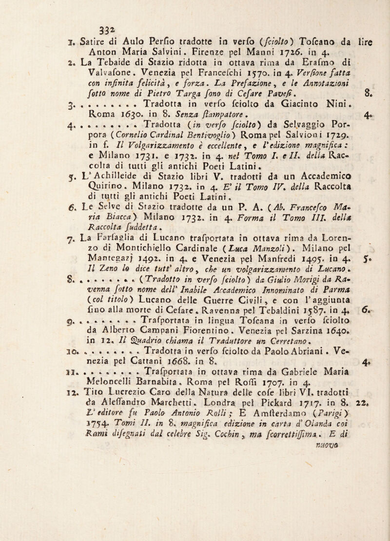 2. Satire di Aalo Perdo tradotte io verfo ([ciotto) Tofcano da lire Anton Maria Salvini. Firenze pel Manni 1726. in 4. 2. La Tebaide di Stazio ridotta io ottava rhna da Erafmo di Valvafone. Venezia pel Francefchi 1^70. \n Ver pone fatta con infinita felicità, e forza. La Prefazione> e /e Annotazioni fiotto nome di Pietro Targa fono di Cefare P ave fi. 8* 3. ....... . Tradotta in verfo fcioho da Giacinto Nini* Roma 1630. in 8. Senza {ìarnpatore. 4* 4. ....... . Tradotta (in verfo fciolto) da Selvaggio Por- pora (Cornelio Cardinal Bentivoglio) Roma pel Salvioni 1729. in f. Il Volgarizzamento è eccellente, e P edizione magnifica: e Milano 1731. e 1732. in 4. nel Tomo L e IL dellaRac¬ colta di tutti gli antichi Poeti Latini. 5. L^Achilleide di Stazio libri V. tradotti da un Accademico Quirino. Milano 1732. in 4. E* il Tomo IV. della Raccolta di tutti gli antichi Poeti Latini. 6. Le Selve di Stazio tradotte da un P. A. (Ab. Francefco Ma* ria Biacca) Milano 1732. in 4. Forma il Tomo IIL della Raccolta fuddetta. 7. La Farfaglia di Lucano trafportata in ottava rima da Loren¬ zo di Montichiello Cardinale (Luca Manzoli). Milano pel Mamegaz; 1492. in 4. e Venezia pel Manfredi 1495. in 4. J» Il Zjeno lo dice tuttf altro * eie un volgarizzamento di Lucano. . (Tradotto in verfo fciolto) da Giulio Mori gì da Ra• venna fotta nome delP Inabile Accademico Innominato di Parmn (col titolo) Lucano delle Guerre Civili* e con raggiunta fino alla morte di Cefare. Ravenna pel Tebaldini 1587. in 4. 6. g. ........ Trafportata in lingua Tofcana in verfo fciolto da Alberto Campani Fiorentino. Venezia pel Sarzina 1640. in 12. Il Quadrio chiama il Traduttore un Cerretano. 30. ........ Tradotta in verfo fciolto da Paolo Abriani . Ve¬ nezia pel Carfani 1668. in 8. 4» 11. ....... . Trafportata in ottava rima da Gabriele Maria Meloneelli Barnabita . Roma pei Rolli 1707. in 4. 12. Tito Lucrezio Caro della Natura delle cofe libri VI. tradotti da Àleffandio Marchetti. Londra pel Pickard 2717. in 8. 22* L'editore fu Paolo Antonio Rolli ? E A mfterdamo ( Parigi ) 3754. Tomi IL in 8„. magnifica edizione in carta d’Olanda coi Rami difegnati dai celebre Sig. Cochin y nm [cor ritti (firn a. E di nuovo