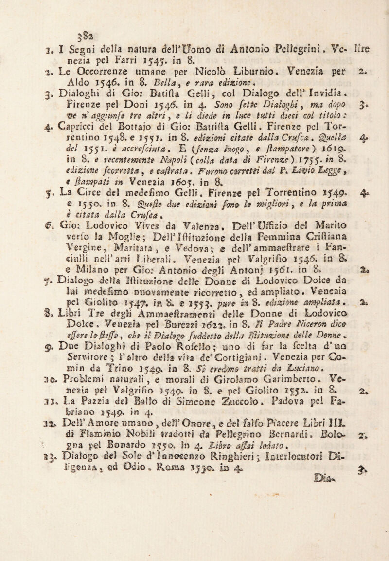 5$2. 3» 1 Sego! della natura dell’Uomo ài Antonio Peregrini . Ve¬ nezia pel Farri 1545. in 8. 2. Le Occorrenze umane per Nicolò Liburnio. Venezia per Aldo 1546. in 8. BelU) e rara edizione, 3. Dialoghi di Gio: Batifta Gelli 5 col Dialogo dell* Invidia* Firenze pel Doni 1546, in 4. Sono fette Dialoghi, ma dopo ve n aggimfe tre altri, e li diede in luce tutti dieci col titolo, : 4. Capricci del Bottaio di Gio: Battila Gelli. Firenze pel Tor¬ renti no 1548. e 1551. in 8. edizioni citate dalla Grufo a. Quella del 1551. è ticerefcinta. E (fenza luogo > e fìampatove) lóig,» in 8. e recentemente Napoli {colla data di Firenze) 1755, *n edizione [corretta , e capir ala. Furono corretti dal P* Livio Legge % e flampati m Venezia 1605. in 8. J. La Circe del tnedefimo Gelli . Firenze pel Torrentino 3549. e J 5 50. in 8. Qtiejìe due edizioni fono le migliori r e la prima è citata dalla € ruffa • §0. Gio: Lodovico Vives da Valenza. Dell' Uffizio del Marito verlb la Moglie; Dell’ Irti turione della Femmina Cri il lana Vergine 9 Maritata 5 e Vedova ; e deli* ammaeftrare i Fan¬ ciulli nell*ani Liberali. Venezia pel Valgrifio 1546. in & © Milano per Gì or Antonio degli Antoni ffdi. in 8. ‘jx Dialogo della Mi lozione delle Donne di Lodovico- Dolce da ini medefimo nuovamente ricorretto > ed ampliato. Venezia pel Giolito 1747. in SL e 1554. pure in 8. edizione- ampliata. 1* Libri Tre degli Àmmaefìramesm delle Donne di Lodovica Dolce * Venezia pel Burezzi 2S22* in 8. il Padre Niceton dico 4Jetefo&effV) che il Dialogo faddetto della Ifìitmione delle Donne * §t. Due Dialoghi di Paolo Rofello; uno di far la fcelta d’un Servitore ; f altro della vita de*Cortigiani. Venezia per Co- min da Trino 1549» in 8. Sì credono' tratti da Luciano. HO. Problemi naturali, e morali di Girolamo Garimberto 0 Ve¬ nezia pel Yaìgrifìo 1540. in 8. e pel Giolito 2552. in 8. 33» La Pazzia del Ballo di Simeone Sbieco!©* Padova pel Fa¬ briano 3549. in 4. a a» Dell* Amore umano % dell3 Onore % e del faffo Piacere Libri III* di Flaminio Nobili tradotti da Pellegrino Bernardi. Bolo- * gna pel Bastardo 3550. in 4. Lihm affai lodato , 13* Dialogo- del Sole' d*Innocenzo Ringhi-eri; Interlocutori Di¬ ligenza ^ ®à Odio » Rama. ijjq* m 4» E&k lire 2,. 2»