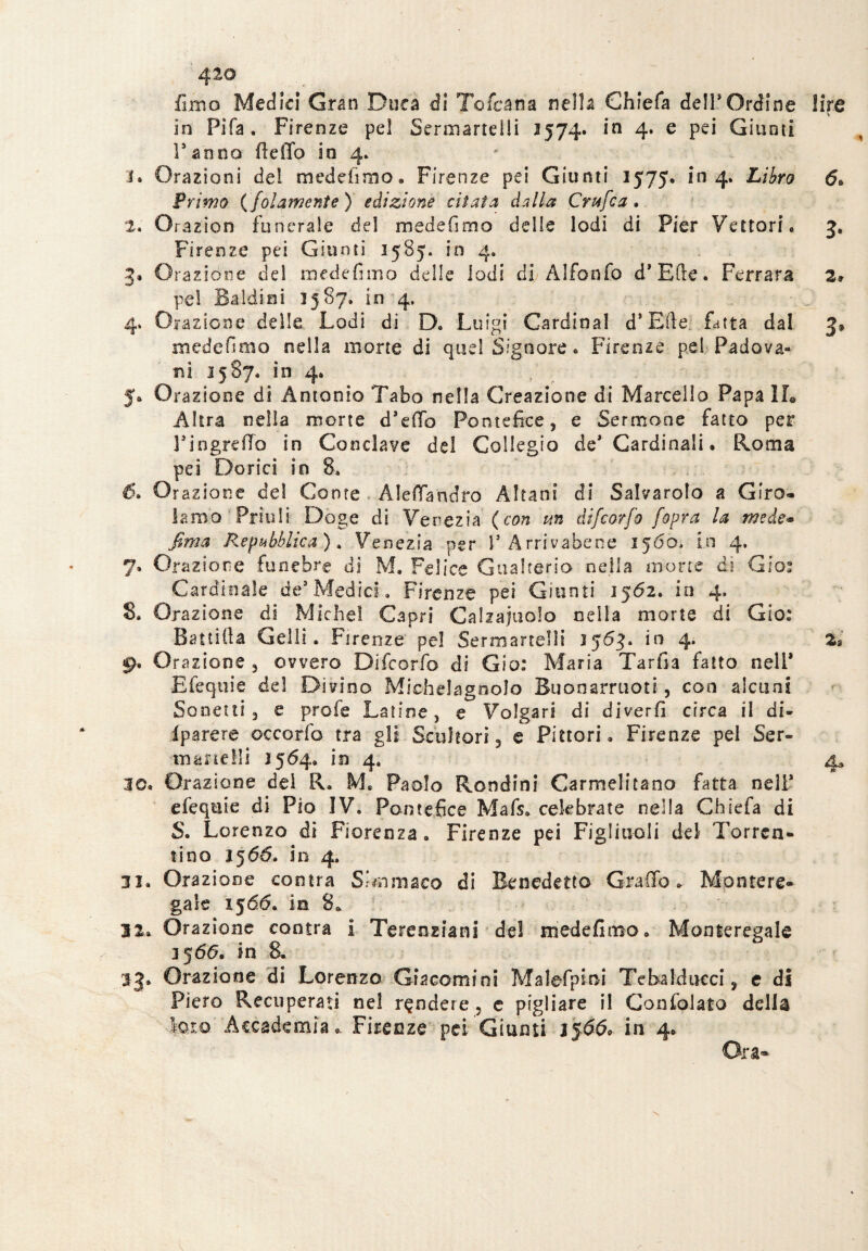 1 420 fimo Medici Gran Duca di Tofcana nella Chiefa dell’Ordine lire Tanno dello in 4. 1. Orazioni dei mede limo , Firenze pei Giunti 1575* 104. Libro 6• Primo (folamente ) edizione citata dalla Crufica. 2. Oraz'ion funerale del mede fimo delle lodi di Pier Vettori. 3. Firenze pei Giunti 3585. in 4. 3» Orazione del mede fimo delle lodi di Alfonfo d’Effe. Ferrara 2* pel Baldini 1587. in 4, 4. Orazione delle Lodi di D. Luigi Cardinal d’Elie fatta dal 3» medefimo nella morte di quel Signore. Firenze pel Padova¬ ni 1587. in 4. 5* Orazione di Antonio Tabo nella Creazione di Marcello Papa IL Altra nella morte d'eflb Pontefice, e Sermone fatto per Tingreffo in Conclave del Collegio de* Cardinali. Roma pei Dorici io 8, 6. Orazione de! Conte Alefiandro Àltani di Salvarolo a Giro¬ lamo Friuli Doge di Venezia (con un difcor fa /'opra la mede* Jima Repubblica)* Venezia per ì5 Arrivacene 1560, in 4. 7. Orazione funebre di M. Felice Gualterio nella mone dì Gioì Cardinale de’Medici. Firenze pei Giunti 1562. io 4. 8. Orazione di Michel Capri Calzaiuolo nella morte di Glo: Battila Geli?. Firenze pel Sermartelli 1563. in 4. %t 9. Orazione, ovvero Difcorfo di Gio: Maria Tarfia fatto nell* Efequie del Divino Michelagnolo Buonarruoti, con alcuni Sonetti, e profe Latine, e Volgari di diverfi circa il di- fparere occorfo tra gli Scultori, e Pittori. Firenze pel Ser- mandi! 1564. in 4. 4, 30. Orazione del R. M, Paolo Rondini Carmelitano fatta nell* efequie di Pio IV. Pontefice Mafs. celebrate nella Chiefa di S. Lorenzo di Fiorenza . Firenze pei Figliuoli del Torren¬ ti no 1566. in 4. 31. Orazione centra Simmaco di Benedetto Grado. Montere¬ gale 1566. in 8a 22. Orazione contra i Tereoziani del medefimo. Monteregale 3566. in 8. 33. Orazione di Lorenzo Giacomini Malefpioi Tebaldueci, e di Piero Recuperati nel rendere , e pigliare il Confolato della loto Accademia,. Firenze pei Giunti j566, in 4. Ora-