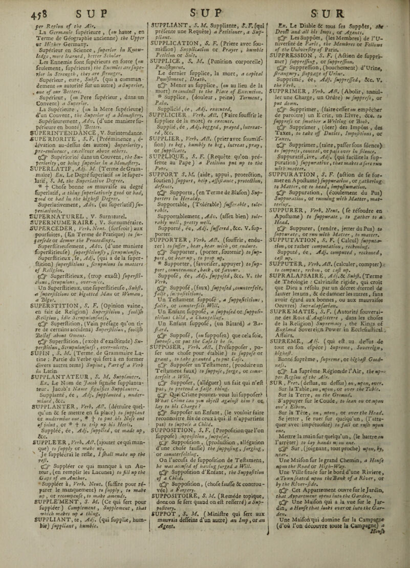 +f8 SUP per Region of the Air. La Germanie fupérieure , (ou haute , en Terme de Géographie ancienne) the Upper er Higher Germany. Supérieur en Science , fuperior in Know¬ ledge , more learned, better Scholar Les Ennemis font fupérieurs en force (ou feulement, fupérieurs) the Enemies are fupe¬ rior in Strength, they are Jlronger. Supérieur, eure, Snbfi. (quia comman¬ dement ou autorité fur un autre) a Superior, , êne of our 'Betters. Supérieur, (ou Pere fupérieur , dans un Convent) a Superior. La Supérieure , (on la Mere fupérieure) d’un Couvent, the Superior of a Monajiery. Supérieurement,^^, (d’une maniéré fu¬ périeure en bonté) Better. SUPERINTENDANCE, V. Surintendance. SUPE RIORITE , S. F. (Prééminence , é- dévation au-deffus des autres) Superiority, frc-eminence, excellence above others, pfljfi Supériorité dans un Couvent, the Su¬ periority ,or being fuperior in a Monajiery. SUPERLATIF, Adj. M. (Terme de Gram¬ maire) Ex. Le Degré fuperlatif ou lefuper- latif. S, M. the Superlative Degree, * -f Chofe bonne on mauvaife au degré fuperlatif, a thing fnperlatively good or bad, good or bad in the highefl Degree. Superlativement, Adv. (au fuperlatif)/«- ptrlatively. SUPER NATUREL , V. Surnaturel. SUPERNUME'R AIRE , V. Surnuméraire. SUPERCEDER, Verb.Neut. (furfeoir) aux pourfuices, (En Terme de Pratique) to fn- p crfede or demur the Proceedings. Superflitieufement, Adv. (d'une maniéré fuperftitieufe) fuperfritioujly , fcrnpulonfly. Superftitieux, fe, Adj. (qui a de la fuper- fljtion) fuperftiticus , fcrnpu/ous in matters tj Religion. (jUr Superftitieux, (trop exaCt) fnperfii- ibut, ferupu/ons , over-nice. Un Superftitieux, unefuperftitieufe, Subjl. et fttperjtitions or bigot ted Man or Woman, a !Bigot. SUPERSTITION, F. (Opinion vaine,, en fait de Religion) Snpcrjtition , foolifb Jieligien, idle ScrnpulovfneÇs. tffj- Superftition, (Vain prélage qu’on ti.- re de certains accidens) Superjlition, foolifb Belief about Omens. Superftition, (excès d’exactitude) Sn- perflition , Scrupulonfnefs , over-nicety. SUPIN , S. M. (Terme de Grammaire La¬ tine ; Partie du Verbe qui fert à en former divers autres terns) Supine, Part of a Verb in Latin SUPPLANTATEUR , .9. M. Supplanter. Ex. Le Nom de Jacob fignifie fupplanta- teur. Jacob’s Name figuifies Supplanter. Supplanté, ée , Adj, fupplanted , under¬ mined , 8cc. SUPPLANTER , Verb. AV. (détruire quel¬ qu’un 8c fe mettre en fa place) to Jnpplant or undermine one, * to put his Nofe ont tf joint, or * + to trip up his Heels. Suppléé, ée, Adj. fupplied, or made up, See. SUPPLE'ER , Verb, AV. (ajouter cequiman- que) to fapply or make up. Je fuppléérai le refte, I fhall make up the reft. . Suppléer ce qui manque à un Au¬ teur, (en remplir les Lacunes) to fill up the Gaps of an Author, ■ Suppléer à, Verb. Neuf, (fuftire pour ré¬ parer le manquement) to fitpply, to make up , or recompcnfe, to make amends, SUPPLE'MENT, S. M. (Ce qui fert pour fuppléer ) Complement , Supplement, that which makes up a thing. SUPPLIANT, te, Adj. (qui fupplie, hum¬ ble) fiupf liant, humble. SU P SUPPLIANT, S.M. Suppliante, if.F.(qui préfente une Requête) a Petitioner, a Sup¬ pliant. SUPPLICATION, S. F. (Priere avec fou- milfioD) Supplication or Prayer , humble Petition or Suit, SUPPLICE , S. M. (Punition corporelle) Puuifhptent. Le dernier fupplice, la mort, a capital Punifhment, Death. tffjf Mener au fupplice, (ou au lieu de la • mort) to conduV to the Place of Execution. * Supplice, (douleur, peine) Torment, Pain. Supplicié, ée, Adj. executed, SUPPLICIER Verb. Ad. (Fairefouffrirle fupplice de la more) <to execute. Supplié, ée , Adj. begged, prayed ,intreat- ed, &cc. SUPPLIER, Verb. At7. (prieravec foumif- fion) to beg, humbly to beg, intreat,pray, or fupplicate. SUPPLIQUE j S. F. (Requête qu’on pré¬ fente au Pape) a Petition put up to the Pope. SUPPORT S.M. (aide, appui, protection, foutien) fupport, help , ajjijtance, protection, defence. Supports, (en Terme de Blafon) Sup¬ porters in Heraldy. Supportable, (Tolérable) fujfcrahle, tole¬ rable, Supportablement, Adv. (alfez bien) tole¬ rably well, pretty well. Supporté, ée, Adj. fujfcred,See. V.fup- porter. SUPPORTER, Verb. Ail. (fouffrir, endu¬ rer) tofujfer , bear, bear with , or endure. Supporter, (porter, foutenir) to fup¬ port , or bear up , to prop up. * Supporter, (favorifer, appuyer) to fup¬ port , countenance , back , or favour. Suppofé, ée, Adj. fuppofed, &cc. V. the Verb. tfffi Suppofé, (faux) fuppofed,counterfeit, falfe, fuppofititious. Un Teftament fuppofé fuppojititious , falfe, or counterfeit Will. Un Enfant fuppofe, a fuppofed or fuppo/i- titious Child, a Changeling. Un Enfant fuppofé, (un Bâtard) a Bli¬ ft ard. tfijf Suppofé, (o»fuppofez) que cela fok, fuppofé, or put the Cafe it be fo. SUPPOSER , Verb. Ail. (Préfuppofer , po- fer une chofe pour établie ) to fuppofe or grant, to take granted , to put Cafe, tyff Suppofer un Teftament, (produire un Teftament faux) to fuppofe, forge, or coun¬ terfeit a Will. Suppofer, (alléguer) un fait qui n’eft pas, tv pretend a falfe thing. Quei Crime pouvez-vous luifuppofer? What Crime can you objeil againjl him ? ot lay to his Charge ? (j^ Suppofer un Enfant, (le vouloir faire reconnoitre fils de ceux à qui. il n’appartient r pas) to fuppofe a Child. SUPPOSITION, S, F. (Propofuion que l’on fuppofe) fuppofition, juppofa/. Suppofuion , (production , allégation d’une choie faufle) the Juppofing, forging, or counterfeiting. On l’accufa de fuppofition de Teftament, he was aaufed of having jurged a Will, tfjf Suppofition d’Enfant, the Suppofition of a Child. tfijf Suppofition, (chofefauffe 8c controu - vée) a Forgery. SUPPOSITOIRE, S. M. (Remède topique, dont on fè fert quand on eft reflèrré) a Sup- pofttory. SUPPOT , C. M. ( Miniftre qui fert aux mauvais deflèins d’ua autre) an lmp, or an ^gent. SUR Fx. Le Diable 8c tous fes Suppôts, ibe Devil and all his Imps, of Agents. O^r- Les Suppôts, (les Membres) de l’U- niverfiréde Paris, the Membres or Fellows of the Univcrfity of Paris. SUPPRESSION , .9. F. (ACtion de fuppri- mer) JnppreJfing, or fupprejjion. OC? Suppreflion, (bouchement) d’Urine, firangnry , Jloppage of Urine. Supprimé, ée, Adj. fuppreffed, &c. V. the Verb. _ SUPPRIMER, Verb. AV. (Abolir, anniil- ler une Charge, un Ordre) tu fupprefs, or put down. tfjfi Supprimer, (fairecelfero» empêcher de paroitre) un E crit, un Livre, -dee. to fupprefs or /mother a Writing or Book. 0^=- Supprimer , (ôter) des Impôts , des Taxes, to take off Duties, Impofitions, or Taxes. Supprimer, (taire, pafierfous fxlence) to fupprefs, conceal, or pajs over in ftlence. Suppuratif ,ive, Adj. (qui facilite la fup- puration) fuppxrative, that makes afore run with matter. SUPPURATION, C. F. (aftion de fe for¬ mer en Apoftume) fnppuration , or gathering to Matter, or to head, impofiumation. eCj- Suppuration, (écoulement du Pus) Suppuration, or running with Matter, mat¬ tering„ . SUPPURER, Verb. Neut. (fe réfoudre en Apoftume) to fuppurate , to gather to a- Head. Suppurer, (rendre, jetter du Pus) to fuppurate, or run with Matter, to matter. SUPPUTATION, i9. F. ( Calcul) fupput.t- tion, or rather computation , reckoning. Supputé, ée , Adj. computed , reckoned, cafi up. SUPPUTER, Verb. Ail. (calculer, compter) < to compute, reckon, or cafi up. SUPR ALAPSAIRE , Adj.&c Subfi. (Terme de Théologie : Calvinifte rigide, qui croit que Dieu a réfolu par un décret éternel de fauver les uns, 8c de damner les autres, fans avoir égard aux bonnes, ou aux mauvaifes Oeuvres) Snpralapfarian. SUPRE MATIE, S.F. (Autorité fouverai- ne des Rois d’Angleterre , dans les chofes de la Religion) Supremacy , the Kings of England Sovereign Power in Ecclefiaitical. Affairs. SUPREME, A if. (qui eft au deffus <fe tout en fon efpéce) Supreme, Sovereign, highefl. Bonté fuprême , fnpreme, or higheft Good- nefs. 0^- La fuprême Régionde l’Air, the up¬ per Region of the Air. ( SUR , Prep, (deflus, au deffus) on , upon, over. Sur la Table, on , upon, or over the Table. Sur la Terre, on the Ground. S'appuyer fur le Coude, tu lean on or upon one's Elbow. Sur la Tête, on, upon, or over the Head. Se jetter , fe ruer fur quelqu’un, (l’atta¬ quer avec impétuolité) to fall or rujh upon one. Mettre la main fur quelqu’un, (le battre ou l’arrêter) to lay hands u on one. Sur .(joignant, tout proche) upon, by, near. UneMaifonfur le grand Chemin, a Houfe upon the Road or High-Way. Une Villefituée fur le bord d’une Riviere, aTownfeated upon theBank of a River, or by the River-fide. fjfi Cet Appartement ouvre fur le Jardin, that Appartment opens into the Garden. 0^ Une Maifon qui a la vue fur le Jar¬ din, a Houfe that looks over or into the Gar- i den. IUne Maifon'qui domine fur la Campagne (d’où l’on découvre toute la Campagne) a