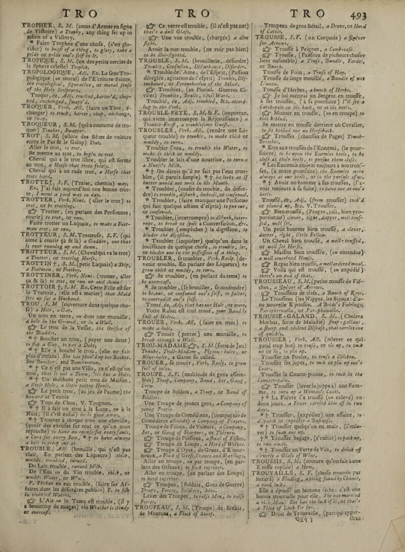 TROPHE'E, S. M. (amas d’Armes en fîgJle .de Victoire) a Trophy, any thing fet up in token of a Vi&ory. * Faire Trophée d’une chofe, (s’en glo¬ rifier) to boafi of a thing, to glory, take a pride or pride one's felf in it. TROPIQUE, S.M. (un des petits cercles de la Sphere célefte) Tropick. TROPOLOGIQUE, Adj. Ex.LefensTro- pologique (ou moral) de l’E'criture Sainte, the tropologica!, figurative, or moral fenfe cf the Holy Scripture. Troqué, ée, Adj, trucked, barter’d, chop¬ ped , exchanged, fwapp’d. TROQUER, Verb. Ail. (faire un Troc, é- changer) to truck, barter, chop, exchange, or fveap. TROQUEUR , S.M. (qui a coutume de tro¬ quer) Trucker, Swapper. TROT, S. M. (allure de* Bêtes de voiture entre le Pas & le Galop) Trot. Aller Je trot, to trot. Se mettre au trot, to begin to trot. Cheval qui a le trot libre, qui eft ferme au trot, a Horfe that trots freely. Cheval qui a un rude trot, a Horfe that trots hard. TROTTEf, S.F. (Traite, chemin) rvay* Ex. J ai fait aujourd’hui une bonne trot¬ te , I went a good way to day. TROTTER, Verb. Neuf. ( aller le trot ) to trot, or be trotting. Oljt Trotter, (en parlant des Perlbnnes, courir) to trot, or run. Faire trotter un Laquais, to make a Foot¬ man trot, or run. TROTTEUR, S. M. Trotteufe, S.F. (qui aime à courir çà &là) a Gadder, one that is ever running up and down. TROTTEUR . S. M. (Chevalqui va le trot) a Trotter, or trotting Horfe. TROTTIN f, S. M. (petit Laquais) a Skip, a Footman , or Footboy. TROTTINER, Verb. N’eut, (trotter, aller ça & là) to trot, or run up and down.1, TROTTOIR -j-, iS. M. Ex. Cette Fille eft fur le Trottoir, (elle eft à marier) that Maid fets up for a Husband. TROU, S.M (ouverture dans quelque cho¬ ie) a Hole, a Gap. Un trou en terre, ou dans une muraille, a hole in the Ground, or in a Wall, CCÜr Le trou de la Veffie, the Orifice of the Bladder, * f Boucher un trou, ( payer une dette ) to fop a Gap, to pay a Debt, * f Elle a bouché le trou , (elle ne fait plus d enfans) She has pinn'd up her Basket, See Boucher , and Bouche-trou. * f Ce n’eft pas une Ville, ce n’eft qu’un trou, that is not a Town, ’lis but a Hole, * t Un méchant petit trou de Maifon , a little Hole, a little paltry Hottfe, 0ÎT Le petit trou, (au jeu de Paume) the hazard at Tennis¬ es Trou de Chou, V. Trognon. * f U a fait un trou à la Lune, ou à la Nuit, (il s’eft enfui) he is gone away. *+ Trouver à chaque trou une cheville, (avoir des exeufes fur tout ce qu’en nous reproche) to have an cxcufe for every fault, a Cure for every Sore, * -j- to have always a hole to creep out at. TROUBLE,' Adj. (brouillé, qui n’eft pas clair, En parlant des Liqueurs) thick, muddy, troubled, turned. Du Lait trouble , turned Milk. De l’Eau ou du Vin trouble, thick, or rr ttdd': Whiter, or Wine. P. Pêcher en eau trouble, (faire fes Af¬ faires dans les défordres publics) P. to fifh in troubled Waters. 0i?‘ L Air ou le Tems eft trouble, (il y a beaucoup de nuages) the Weather is cloudy cr overcaf. Ce verre eft trouble, (il n’eftpasnet) that’s a dull Gtafs. qff Une vue trouble, (chargee) a dim fght. Avoir la vue trouble, (ne voir pas bien) to be dim-fghted. TR.OUBLE, S.M. (brouillerie, défordre) Trouble, Confnfion, Dip, Hr ha nie, Di farder. * Trouble del’Arne, del’Efprit, (Paflion déréglée , agitationde l’efprit) Trouble, DiJ- turbance, or Perturbation of the Mind, Troubles, (au Pluriel. Guerres Ci¬ viles) Troubles, Broils , Civil Wars. Trouble, e'e, Adj. troubled, Sic. accord¬ ing to the Verb. TROUBLE-FETE, S.M.&cF. (importun, qui vient interrompre la Réjouiffance ) a Trouble-Ferfi, a trouble fame Giiefi. TROUBLER, Verb. A3, (rendre une Li¬ queur trouble) ta trouble, to make thick or muddy , to turn. Troubler l’eau, to trouble the Water, to make it thick or muddy. Troubler le lait d’une nourrice, to turn a a Nnrfe's Milk. On diroit qu’il ne fait pas l’eau trou¬ bler, (il paraît fimple) * f he looks as if butter would not melt in his Mouth. * Troubler , (cauferdu trouble, du défor¬ dre) to trouble, difttrb , imbroil, or con found. * Troubler, (faire manquer une Perfonne qui fait quelque aétion d’efprit) to put out, or confound. * Troubler, (interrompre) to didurb, inter¬ rupt , to break or fpoil a Converfacion, &c. * Troubler ( empêcher ) la digeftion, to hinder the digeftion. * Troubler (inquiéter) quelqu’un dans la jouïfiànce de quelque chofe, to trouble, let, or hinder one in the poffejfion of a thing. TROUBLER, fetroubler, Verb. Recip. (de¬ venir trouble. En parlant des Liqueurs) to grow thick or muddy, to turn. Se troubler, (en parlant du tems) to be over-cafl, * Se troubler, (febrouiller, feconfondre) to be.out, or confound one’s felf, to falter, to contradict one’s felf. T roué, ée, Adj, that has one Hole , or more. Votre Rabat eft tout troué, your Band is full of Holes. TROUER, Verb. API. ( faire un trou) to make a hole. çjf Trouer (percer) une muraille, to break through a Wall. TROU-M ADAME S. M. (forte de Jeu) Trunks, Troll-Madam , Pigeon-holes, or Nine-ho'es, a Game fo called. TROUER, Ce trouer, Verb. Recip. to grow full of ho‘es., TROUPE, S.F. (multitude de gens aflern- blés) Troop, Company, Band, Set, Gang, Crew- Troupe de Soldats, a Troop, or Band of Soldiers. Une Troupe de jeunes gens, a Company of young People. Unç Troupe deComédiens, (compagniede Comédiens aflbciés) a Company oj Players. Troupe de Filous, de Voleurs, a Company, Set, or Gang of Sharpers, or Thieves. Troupe de Poifions, afhoal of Fifhes. Troupe de Loups, a Herd of Waives, tfijf Troupe d’Oyes, de Grues, d’E'tour- neaux , a Flock of Gcefe,Cranes and Starlings, Aller en troupe, ou par troupe, (en par¬ lant des Oifeaux) to flock together. Aller en troupe, (en parlant des Loups) to herd together. 0^ Troupes, (Soldats, Gens de Guerre) Troops, Forces, Soldiers, Men. Lever des Troupes , toraij'e Men, to raife For, es. TROUPEAU, S. M. (Troupe) de Brebis, de Mouton*, a Flock of &heep. Troupeau de gros Bétail, a Drove, or Herd of Cattle. TROUSSE, S.F, (un Carquois) a Quiver for Arrows. Troufle à Peignes, a Comb-cafe. CCf Troufle, (Faifleau de plufieurs chofes- liées enfemble) a Trufs , Bundle, Fardel, or Bunch. Troufle de Foin, a Trufs of Hay. Troufle de linge mouillé, a Bundle of wet L'nnen, Troufle d’Herbes, a. bunch of Herbs. (£“r Je lui mettrai un Sergent en troufle, à fes troufles, ( à fa pourfuice) I’ll fet a Catch-pole on his back, or at his heels. C£^f Monter en troufle, (on en croupe) to ride behind. Se mettre en troufle derrière un Cavalier, to fit behind one on Horfeback. 0^ Troufles (chauffes de Pages) Trunk- Breeches, * Etre aux troufles de l’Ennemi, (le pour- fuivre) to lie upon the Enemies heels, to ba clofe at their heels, to purfue them clofe. * Les Ennemis etoient toujours à nos trou.'L fes, (à notre pourfuke) the Enemies were always at our heels, or in the purfnit of ns. * -j- Avoir un homme à fes troufles, (l’a¬ voir toujours à fa fuite) to have one at one’s heels. Troufle ,ée, Adj, (from troufler) tuck’d or pinned up, &c. V. Troufler. OQf- Bien troufle, (Propre , joli, bien pro¬ portionné) clever, tight, dapper, well truf- fed, well fet. Un petit homme bien troufle, a clevers. dapper, tight, little Fellow. Un Cheval bien troufle, a well- trujfed,, or well fet Horfe. Maifon bien trouflee, (on entendue) a well contrived Hottfe. Repas bien troufle, a well ordered meal.. Voilà qui eft troufle, (ou expédié) there’s an end of that.. TROUSSEAU , é1. M. (petite troufte de Fié- ■ ches , a Quiver of Arrows. (éjr* Trouffeau de clefs, a Bunch of Kjys,. LeTrouffeau (les Nippes, les Bijoux ' d’u¬ ne nouvelle E'poufée. A Bride’s Fairings3 Paraphernalia, or Par.iphanalia. TRQUSSE-GALAND, S. M.. ( Cholera Morbus, forte de Maladie) fioop -gallant , a Jharp and violent Difeafe , that carries one off cjuickly. TROUSSER , Verb. A cl. (relever ce quit pend trop bas) to trufs, or lie up, to tuJe up or in , to pin up. Troufler un Poulet, to trufs a Chicken. Troufler fes jupes, to tuck orpin up one’s Coatr. Troufler la Courte-pointe, to tuck in the Counter-pain. (£y* Troufler (lever la juppeà) une Fem¬ me , to turn up a Woman’s Coats. -j-* La Fièvre l’a troufle (ou enlevé) en- deux jours, a Fever carried him off in two days. Troufler, (expédier) une affaire, to d.'fpatch or expedite a Bitfinefs. * -f- Troufler quelqu’un en male, (l’enle¬ ver) to fnap one up, -j-* Troufler bagage, (s’enfuir) to pack up, to run away. *-j- Troufler un Verre de Vin, to drink oft c'everly a Glafs of Wine. TROUSSIS, S.M, (couture qu’onfaitàune E roffe repliée) a Hem. TROUVAILLE, S. F. (chofe trouvée par hazard) a Finding, a thing found by Chance, a good luck. Elle a époufe un homme riche: c eft une bonne trouvaille pour elle , She has married a rith Man ,: She has the lu.k of it, or that’s . a Piece of Luck for her, fê- Divi; de Trouvaille, (part qui appar-