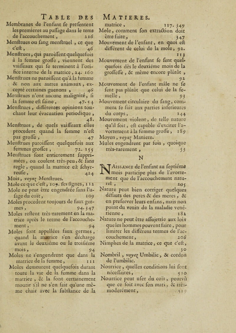 Membranes de l’enfant fe prefentent les premières au paftage dans le tems de l’accouchement, 116 Menftrues ou fang menftruel , ce que c’eft, 4G Menftrues, qui paroiftent quelquefois à la femme groffe , viennent des vai fléaux qui fe terminent a l’ori¬ fice interne de la matrice, 24. 160 Menftrues 11e paroiftent qu’à la femme de non aux autres animaux , ex¬ cepté certaines guenons , 46 Menftrues n’ont aucune malignité, fi la femme eft faine , 47. s 4 Menftrues , différentes opinions tou¬ chant leur évacuation périodique , 48. Menftrues , de quels vaifteaux elles procèdent quand la femme n’eft pas groffe , 47 Menftrues paroiftent quelquefois aux femmes groffes , 72. 15 5 Menftrues font entièrement fuppri- mées, ou coulent très-peu, de fans réglé, quand la matrice eft fehyr- reufe, 424 Mois, voye^ Menftrues. Mole ce que c’eft, 109. fes fignes, 11 2 Mole ne peur être engendrée fans l’u- fageducoït, 109 Moles procèdent toujours de faux ger¬ mes , ^ 94.3 47 Moles reftent très rarement en la ma¬ trice après le terme de l’accouche¬ ment , 94 Moles font appellées faux germes, quand la matrice s’en décharge avant le deuxième ou le troifiéme mois, 94 Moles ne s’engendrent que dans la matrice de la femme , 111 Moles demeurent quelquefois durant toute la vie de la femme dans la matrice , de la font certainement mourir s'il ne s’en fait qu’une mê¬ me chair avec la fubftance de la matrice, ï 17. 349 Mole, comment fon extra&ion doit être faite, 347 Mouvement de l’enfant, en quoi eft différent de celui de la mole, 92. 113 Mouvement de l’enfant fe fent quel¬ quefois dès le deuxième mois de la groftefte , de même encore plutôt , 5)2 Mouvement de l’enfant mâle ne fe fent pas plutôt que celui de la fe¬ melle , 93 Mouvement circulaire du fang, com¬ ment le fait aux parties inferieures du corps, _ 144 Mouvement violent, de telle nature qu’il foit, eft capable d’exciter l’a¬ vortement à la femme groffe , 189 Moyen , voyeç Maniéré. Mules engendrent par fois , quoique très-rarement, 53 N NAissAnce de l’enfant au feptiéme mois participe plus de l’avorte¬ ment que de l’accouchement natu¬ rel , 205 Nature peut bien corriger quelques défauts des peres de des meres , de en preferver leurs enfans, mais non point du yenin de la maladie véné¬ rienne, 182 Nature ne peut erre aflujettie aux loix que les hommes peuvent faire , pour limiter les différens termes de l’ac¬ couchement, 20£ Nimphes de la matrice, ce que c’eft, Nombril , voye^ Umbilic , de cordon de l’umbilic. Nourrice , quelles conditions lui font néceftaires, 510 Nourrice peut ufer du co’11, pourvu que ce loit avec fon mari, de très- modérément, . ^29
