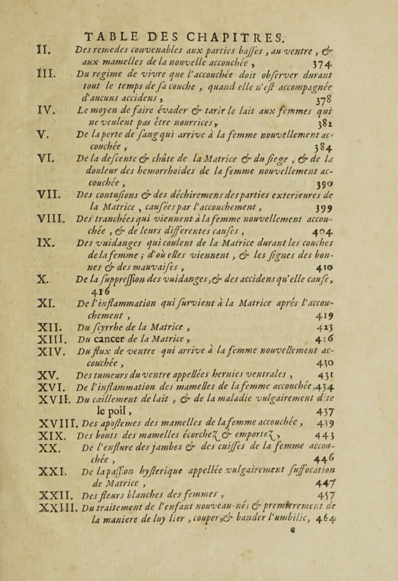 II. Des remèdes convenables aux parties bajjês y au ventre , dx aux mamelles de la nouvelle accouchée , 374 III. Du régime de vivre que l’accouchée doit obferver durant tout le temps de J a couche , quand elle n’efl accompagnée d’aucuns accidcns, 378 IV. Le moyen de faire évader de tarir le lait aux femmes qui ne veulent pas être nourrices , 381 V. De la perte de fungqui arrive à la femme nouvellement ac¬ couchée , 384 VI. De la defeente de chute de la Matrice de du fiege , de de la douleur des hemorrhoides de la femme nouvellement ac~ couchée y 35a VII. Des contufons de des déchiremens des parties extérieures de la Matrice , cauféespar /’accouchement, 399 VIII. Des tranchées qui viennent à la femme nouvellement accou¬ chée y de de leurs différentes caufes , 4°4 IX. Des vuidanges qui coulent de la Matrice durant les couches de la femme ; d'ou elles viennent, de les fignes des bon¬ nes d“ des rnauvaifes, 410 X. De la fuppreffion des vuidanges} de des accidens quelle caufcy. 416 XI. De l’inflammation qui furvient à la Matrice apres l'accou¬ chement y 419 XII. Du feyrrhe de la Matrice , 413 XIII. Du cancer de U Matrice 4:6 XIV. Du flux de ventre qui arrive a la femme nouvellement ac¬ couchée y 4^0 XV. Des tumeurs du ventre appeliées hernies ventrales , 431 XVI. De i inflammation des mamelles de la femme accouchée ,43 4 XVII. Du caillement de lait r & de la maladie vulgairement dite le poil, 437 XVIIL Des apoflemes des mamelles de lafemme accouchée , 4^9 XIX. Des bouts des mamelles écor chef & emporte443 XX. De l'enflure des jambes dr des cuijfes de la femme accou¬ chée y 44 ^ XXL De lapaff.on hyflerique appcllée vulgairement fujfocation de Matrice , 44 7 XXII. Des fleurs blanches des femmes , 457 XXIII. Du traitement de l'enfant nouveau-né i & premièrement de la maniéré de luy lier > couper y& bander l’umbiliCy 464