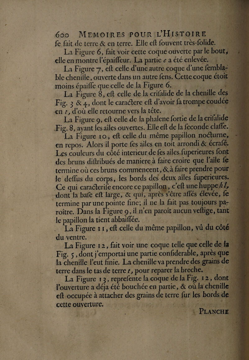 fc fait de terre & en terre. Elle eft fouvent très-folide. La Figure 6, fait voir cette coque ouverte par le bout, elle en montre l’épaiffeur. La partie e a été enlevée. La Figure y, efl: celle d’une autre coque d’une fembla- ble chenille, ouverte dans un autre fens. Cette coque étoit moins épaiffe que celle de la Figure 6. La Figure 8, efl celle de la crifalide de la chenille des Fig. 3 & 4, dont le caractère efl: d’avoir fa trompe coudee en t, d’où elle retourne vers la tête. La Figure 9, efl celle de la phalene fortie de la crifalide .Fig. 8, ayant les ailes ouvertes. Elle efl de la fécondé clafle. La Figure i o, efl celle du même papillon noélurne, en repos. Alors il porte fes ailes en toit arrondi & écrafé. Les couleurs du côté intérieur de fes ailes fuperieures font des bruns diftribués de maniéré à faire croire que l’aile fe termine où ces bruns commencent, & à faire prendre pour le deffus du corps, les bords des deux ailes fuperieures. Ce qui caraclerile encore ce papillon, c’eft une huppe h l, dont la bafe efl large, & qui, après s’être affés élevée, fe termine par une pointe fine; il ne la fait pas toujours pa¬ raître. Dans la Figure 9, il n’en paraît aucun veftige, tant le papillon la tient abbaiffée. La Figure 11, efl celle du même papillon, vû du côté du ventre. La Figure 12, fait voir une coque telle que celle de la Fig. 5, dont j’emportai une partie confiderable, après que la chenille l’eut finie. La chenille va prendre des grains de terre dans le tas de terre t, pour reparer la breche. La Figure 13, reprefente la coque de la Fig. 12, dont l’ouverture a déjà été bouchée en partie, & où la chenille efl occupée à attacher des grains de terre fur les bords de cette ouverture. Planche