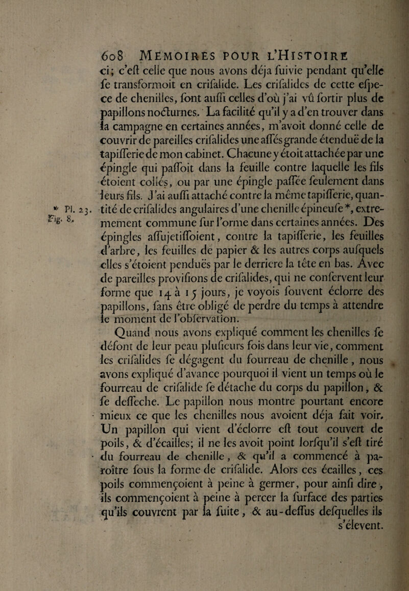 Irig. 8, 608 MEMOIRES POUR L’HiSTOIRE ci; c’eft celle que nous avons déjà fuivie pendant qu’elle fe transformoit en crifalide. Les crifalides de cette elpe- ce de chenilles, font auffi celles d’où j’ai vû fortir plus de papillons noéturnes, La facilité qu’il y a d’en trouver dans îa campagne en certaines années, in’avoit donné celle de couvrir de pareilles crifalides une allés grande étendue de la tapilferiede mon cabinet. Chacune y étoit attachée par une épingle qui palfoit dans la feuille contre laquelle les fils étoient collés, ou par une épingle pallee feulement dans leurs fils. J’ai aulfi attaché contre la même tapilferie, quan- mement commune fur l’orme dans certaines années. Des épingles alfujetilfoient, contre la tapilferie, les feuilles d’arbre, les feuilles de papier & les autres corps aufquels elles s’étoient pendues par le derrière la tête en bas. Avec de pareilles provifions de crifalides, qui ne confervent leur forme que 14 à 1 y jours, je voyois fouvent éclorre des papillons, fans être obligé de perdre du temps à attendre le moment de l’oblcrvation. Quand nous avons expliqué comment les chenilles fe défont de leur peau plufieurs fois dans leur vie, comment les crifalides fe dégagent du fourreau de chenille, nous avons expliqué d’avance pourquoi il vient un temps où le fourreau de crifalide fe détache du corps du papillon, & fe delfeche. Le papillon nous montre pourtant encore • mieux ce que les chenilles nous avoient déjà fait voir. Un papillon qui vient d’éclorre eft tout couvert de poils, & d’écailles; il 11e les avoit point lorfqu’il s’eft tiré • du fourreau de chenille, & qu’il a commencé à pa¬ raître fous la forme de crifalide. Alors ces écailles, ces poils commençoient à peine à germer, pour ainfi dire, ils commençoient à peine à percer la furface des parties qu’ils couvrent par la fuite, & au-delfus delquelles ils s’élèvent.