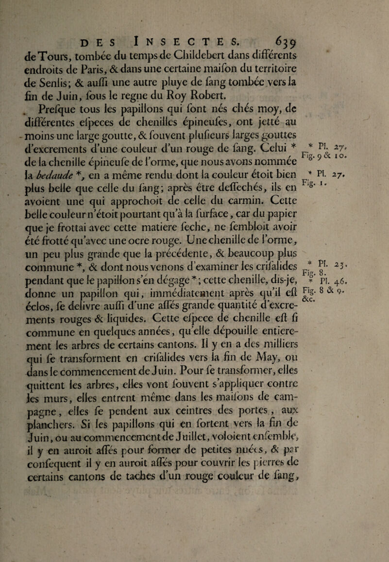 de Tours, tombée du temps de Childebert dans différents endroits de Paris, & dans une certaine maifon du territoire de Senlis; & auffi une autre pluye de fang tombée vers la fin de Juin, fous le régné du Roy Robert. Prefque tous les papillons qui font nés chés rnoy, de différentes efpeces de chenilles épineufes, ont jetté au moins une large goutte, & fouvent plufieurs larges gouttes d’excrements d’une couleur d’un rouge de fang. Celui * * de la chenille épineufe de forme, que nous avons nommée °‘ la bedaude *, en a même rendu dont la couleur étoit bien ‘ plus belle que celle du lang; après être deffechés, ils en i lg‘ avoient une qui approchoit de celle du carmin. Cette belle couleur n'étoit pourtant qu'à la furface, car du papier que je frottai avec cette matière feche, ne fembloit avoir été frotté qu'avec une ocre rouge. Une chenille de forme , un peu plus grande que la précédente, & beaucoup plus commune *, & dont nous venons d examiner les crilàlides * pendant que le papillon s’en dégage * ; cette chenille, dis-je, S donne un papillon qui, immédiatement après qu’il efl F'|- éclos, fe delivre auffi d’une affés grande quantité d’excre- c’ ments rouges & liquides. Cette efpece de chenille eft fi commune en quelques années, quelle dépouille entière¬ ment les arbres de certains cantons. Il y en a des milliers qui fe transforment en crifalides vers la fin de May, ou dans le commencement de Juin. Pour fe transformer, elles quittent les arbres, elles vont fouvent s’appliquer contre les murs, elles entrent même dans les maifbns de cam¬ pagne, elles fe pendent aux ceintres des portes , aux planchers. Si les papillons qui en fortent vers la fin de Juin, ou au commencement de Juillet, voloient enfemble, il y en auroit ailes pour former de petites nuées, & par confequent il y en auroit affés pour couvrir les pierres tic certains cantons de taches d’un rouge couleur de fang. PL 9 & I Oo PL 27. PL 25, 8. PL 46,