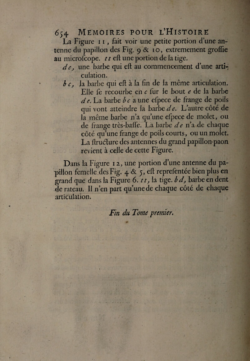 La Figure 11 , fait voir une petite portion d’une an¬ tenne du papillon des Fig. 9 & 10, extrêmement groflie au microfcope. 11 eft une portion de la tige. d e, une barbe qui eft au commencement d’une arti¬ culation. b c, Ja barbe qui eft à la fin de la même articulation. Elle fe recourbe en c fur le bout e de la barbe de. La barbe b c a une efpece de frange de poils qui vont atteindre la barbe de. L’autre côté de la même barbe n’a qu’une efpece de rnolet, ou de frange très-bafle. La barbe d e n’a de chaque côté qu’une frange de poils courts, ou un motet. La ftruéture des antennes du grand papillon-paon revient à celle de cette Figure. Dans la Figure 12, une portion d’une antenne du pa¬ pillon femelle.des Fig. 4 & 5, eft reprefentée bien plus en grand que dans la Figure 6. 11, la tige, b d, barbe en dent de rateau. Il n’en part qu’une de chaque côté de chaque articulation. - * ■ Fin dit Tome premier.