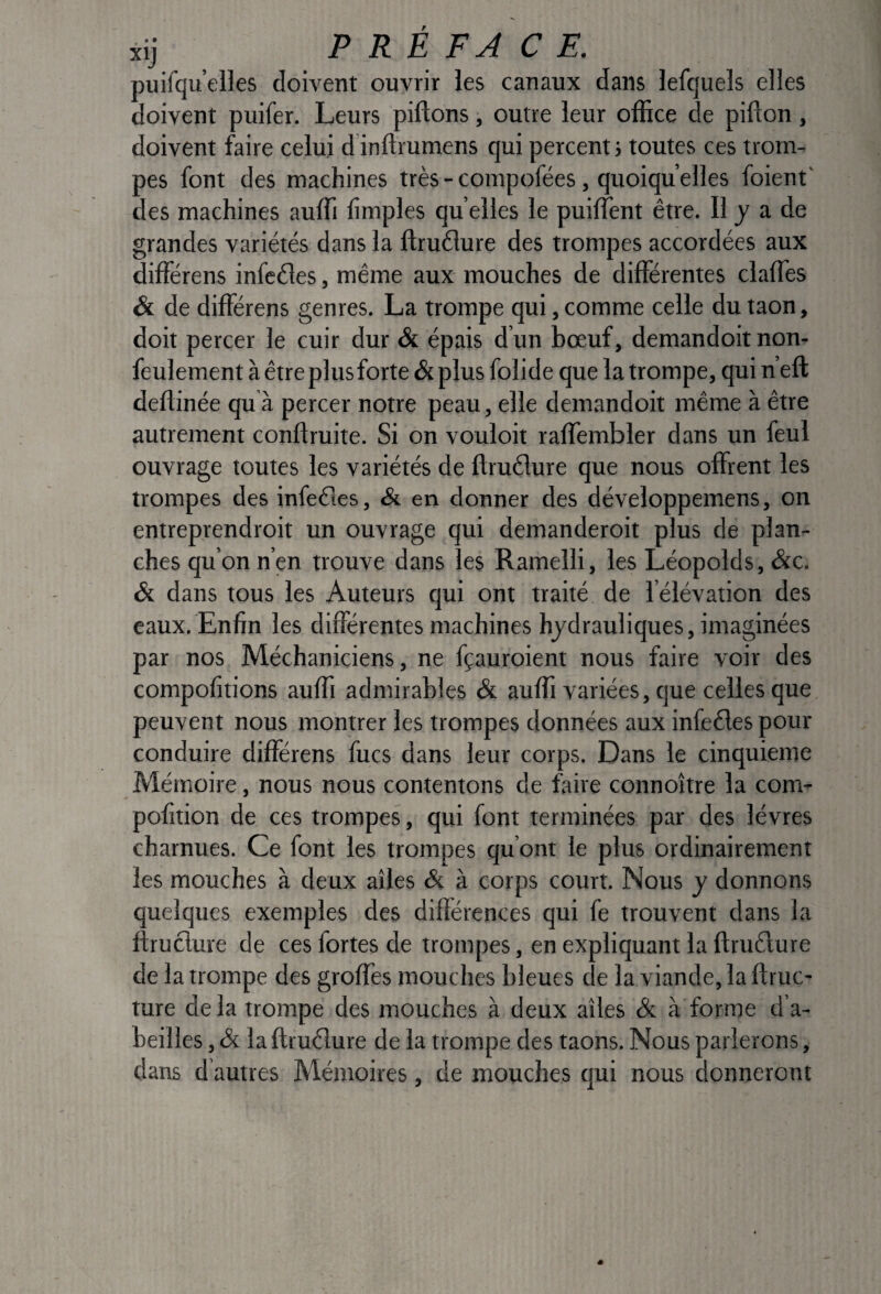 Xij PRÉFACE. puirqu’elles doivent ouvrir les canaux dans lefquels elles doivent puifer. Leurs pillons, outre leur office de pillon, doivent faire celui d’inllrumens qui percent ; toutes ces trom¬ pes font des machines très - compofées, quoiqu’elles foient' des machines auffi limples qu elles le puilfent être. Il j a de grandes variétés dans la ftruêlure des trompes accordées aux différens infeéles, même aux mouches de différentes claffes & de différens genres. La trompe qui, comme celle du taon, doit percer le cuir dur & épais d un bœuf, demandoit non- feulement à être plus forte & plus folide que la trompe, qui n’eft dellinée qu à percer notre peau, elle demandoit même à être autrement conftruite. Si on vouloit raffembler dans un feul ouvrage toutes les variétés de ftruélure que nous offrent les trompes des infeêîes, & en donner des développemens, on entreprendroit un ouvrage qui demanderoit plus de plan¬ ches qu’on n’en trouve dans les Ramelli, les Léopolds, &c. & dans tous les Auteurs qui ont traité de l’élévation des eaux. Enfin les différentes machines hydrauliques, imaginées par nos Méchaniciens, ne fçauroient nous faire voir des compofitions auffi admirables & auffi variées, que celles que peuvent nous montrer les trompes données aux infeêles pour conduire différens fucs dans leur corps. Dans le cinquième Mémoire, nous nous contentons de faire connoître la corn- pofition de ces trompes, qui font terminées par des lèvres charnues. Ce font les trompes qu’ont le plus ordinairement les mouches à deux ailes & à corps court. Nous y donnons quelques exemples des différences qui fe trouvent dans la ftruclure de ces fortes de trompes, en expliquant la ftruélure de la trompe des groffes mouches bleues de la viande, la ftruc- ture delà trompe des mouches à deux ailes Si à forme d’a¬ beilles ,& la ftruélure de la trompe des taons. Nous parlerons, dans d’autres Mémoires, de mouches qui nous donneront