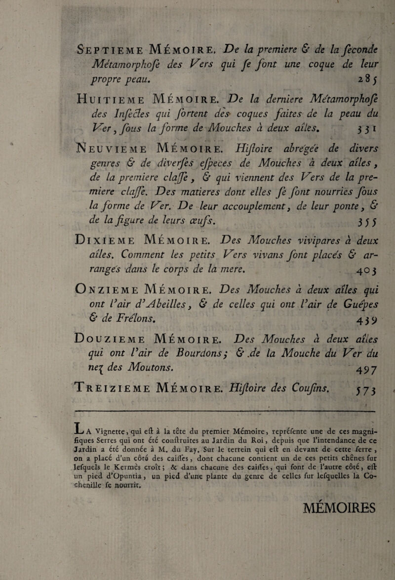 SEPTIEME Mémoire. De la première & de la feCOnde Métamorphofe des Vers qui fe font une coque de leur propre peau, 285 H UITIEME Mémoire. De la derniere Metamorphofe des Infecles qui fartent des- coques faites' de la peau du Ver ^ fous la forme de ■'Mouches à deux ailes. 35 i NEUVIEME Mémoire. Hifoire ahregeè de divers genres & de diverfes efpeces de Mouches à deux ailes, de la première clafe , & qui viennent des Vers de la pre¬ mière clajfe. Des matières dont elles fe font nourries fous la forme de Ver,- De leur accouplement^ de leur ponte, & de la figure de leurs œufs. 3 j 5 Dixième M Émoire. Des Mouches vivipares à deux ailes. Comment les petits Vers vivans font places & ar¬ ranges dans le corps de la mere. 403 Onzième Mémoire. Des Mouches à deux ailes qui ont dair d^Abeilles, & de celles qui ont f air de Guêpes & de Frelons. 435) Douzième Mémoire. Des Mouches à deux ailes qui ont Pair de Bourdons} & Je la Mouche du Ver du des Moutons» 497 'TREIZIEME Mémoire. Hifioire des Confins. 573 La Vignette, qui eft à la tête du premier Mémoire, repréfente une de ces magni¬ fiques Serres qui ont été conflruitcs au Jardin du Roi, depuis que l’intendance de ce Jardin a été donnée à M, du Fay. Sur le terrein qui eft en devant de cette ferre , on a placé d’un côté des cailles, dont chacune contient un de ces petits chênes fur lefquels le Kermès croît ; & dans chacune des caillés, qui font de l’autre côté, eft un pied d’Opuntia, un pied d’une plante du genre de celles fur lefquelles la Co- ■ chenille fe nourrir. MÉMOIRES
