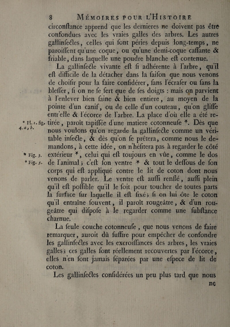 ^ ) h» circonftance apprend que les dernieres ne doivent pas êtr& confondues avec les vraies galles des arbres. Les autres gallinfeéîes, celles qui font péries depuis long-temps, ne paroilTent qu’une coque, ou qu’une demi-coque caflante & friable, dans laquelle une poudre blanche eft contenue. La gallinfeéle. vivante eft ft adhérente à l’arbre, qu’il eft difficile de la détacher dans la faifon que nous venons de choilir pour la faire conlîdérer, fans l’écrafer ou fans la bleffier, 11 on ne fe fert que de fes doigts : mais on parvient à l’enlever bien faine & bien entière, au moyen de la pointe d’un canif, ou de celle d’un couteau, qu’on glilîe entr’elle & 1 écorce de l’arbre. La place d’où elle a été re- * l'i.j.iig. tirée, paroît tapilTée dune matière cotonneufe Dès que nous voulons qu’on regarde la gallinfeéle comme un véri¬ table infede, & dès qu’on fe prêtera, comme nous le de¬ mandons , à cette idée, on n’hélitera pas à regarder le côté extérieur ^, celui qui eft toujours en vue, comme le dos de l’animal j c’eft fon ventre ^ & tout le deflbus de fon corps qui eft appliqué contre le lit de coton dont nous venons de parler. Le ventre eft auffi renflé, auffi plein qu’il eft poffible qu’il le foit pour toucher de toutes parts la furface fur laquelle il eft fixéi li on lui ôte le coton qu’il entraîne fouvent, il paroît rougeâtre, Sa d’un rou¬ geâtre qui difppfe à le regarder comme une fubftance charnue, La feule couche cotonneufe , que nous venons de faire remarquer, auroit dû fuffire pour empêcher de confondre les gallinfeél.es avec les excroilTances des arbres, les vraies galles j ces galles font réellement recouvertes par l’écorce, elles n’en font jamais féparées par une efpece de lit de coton. Les gallinfeèles conlidérées un peu plus tard que nous ne ** Fig. 3. * Fig. S' I