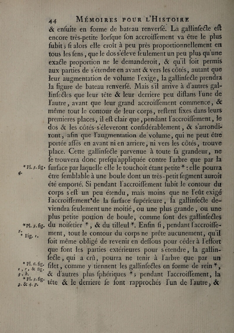 fîg. •^Pl. J. fîg. 5. ^ Fig. r. ^Pl.^r.fîg, t , r, ôc fig. 3 y ^• Pl. 5. fîg. & 4* P- 44 Mémoires pour l’Histoire & enfuite en forme de bateau renverfé. La gallinfefle eft encore très-petite lorfque fon accroiffement va être le plus fubit ■, fi alors elle croît à peu près proportionnellement en tous les fens, que le dos s’élève feulement un peu plus qu’une exaéle proportion ne le demanderoit, & qu’il foit permis aux parties de s’étendre en avant & vers les côtés, autant que leur augmentation de volume l’exige, la gallinfeéle prendra la figure de bateau renverfé. Mais s’il arrive à d’autres gal- linfeéles que leur tête & leur derrière peu diftans 1 une de l’autre, avant que leur grand accroiflement commence, & même tout le contour de leur corps, relient fixes dans leurs premières places, il eft clair que, pendant l’accroifiement, le dos & les côtés-s’élèveront confidérablement, & s’arrondi¬ ront, afin que l’augmentation de volume, qui ne peut être portée alTés en avant ni en arriéré, ni vers les côtés, trouve place. Cette galiinfeéle parvenue à toute fa grandeur, ne fe trouvera donc prefqu’appliquée contre l’arbre que par la furface par laquelle elle le touchoit étant petite ^ ; elle pourra être femblable à une boule dont un très-petit fegment auroit été emporté. Si pendant l accroilîement fiibit le contour du corps s eft un peu étendu, mais moins que ne l’eût exigé laccroilîement*de la furface fupérieure, la gallinfeéle de¬ viendra feulement une moitié, ou une plus grande , ou une plus petite portion de boule, comme font des gallinfeéles du noifetier & du tilleul L Enfin fi, pendant faccroilîè- ment, tout le contour du corps ne prête aucunement, qu’il foit même obligé de revenir en delTous pour céder à l’effort que font les parties extérieures pour s’étendre, la gallin- feêle, qui a crû, pourra ne tenir à l’arbre que par un filet, comme y tiennent les gallinfeéles en forme de rein ^, & d’autres plus fphériques pendant îaccroifTement, la tête & le derrière fe font rapprochés l’un de l’autre, &