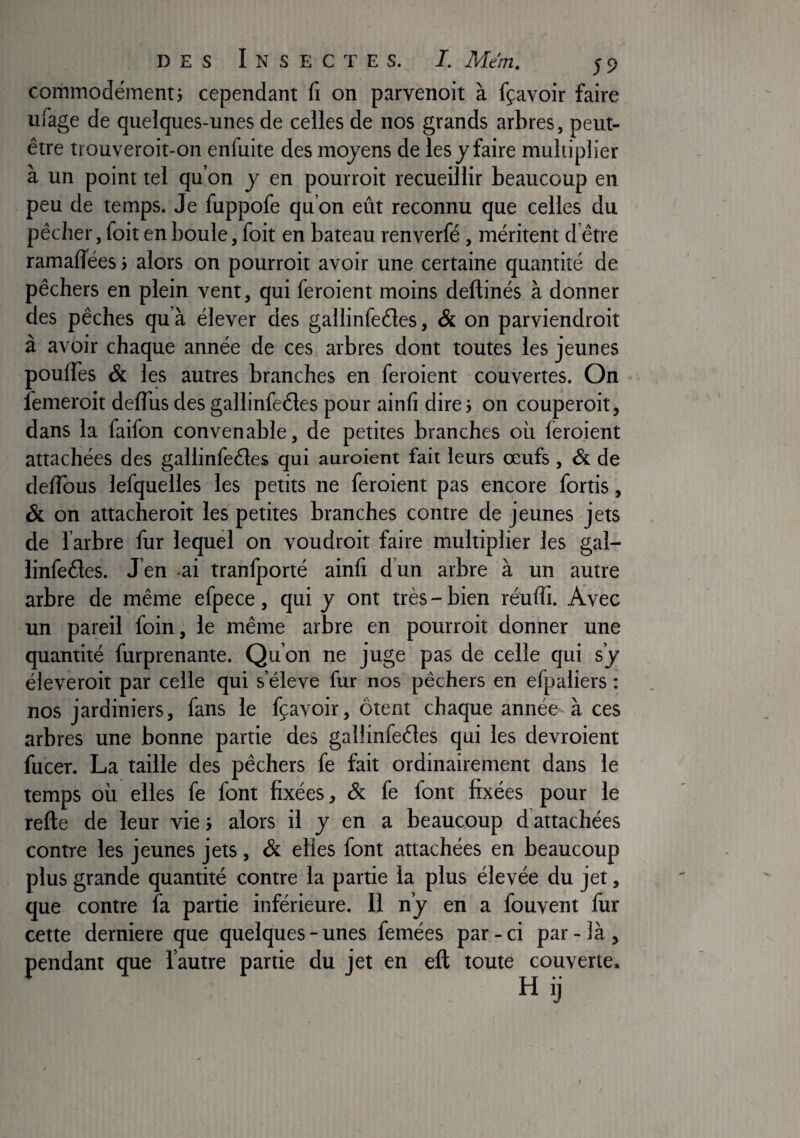 commodément} cependant fi on parvenoit à fçavoir faire iifage de quelques-unes de celles de nos grands arbres, peut- être trouveroit-on enfuite des moyens de les y faire multiplier à un point tel qu!on y en pourroit recueillir beaucoup en peu de temps. Je fuppofe qu’on eût reconnu que celles du pêcher, foit en boule, foit en bateau renverfé, méritent d être ramalïées} alors on pourroit avoir une certaine quantité de pêchers en plein vent, qui feroient moins deftinés à donner des pêches qu’à élever des gallinfeéles, & on parviendroit à avoir chaque année de ces arbres dont toutes les jeunes pouflês & les autres branches en feroient couvertes. On femeroit defllis des gallinfeêles pour ainfi dire > on couperoit, dans la faifon convenable, de petites branches où feroient attachées des gallinfeêles qui auroient fait leurs œufs , & de deflbus lefquelles les petits ne feroient pas encore fortis, & on attacheroit les petites branches contre de jeunes jets de l arbre fur lequel on voudroit faire multiplier les gal- linfeéles. Jen ai tranfporté ainfi dun arbre à un autre arbre de même efpece, qui y ont très - bien réuffi. Avec un pareil foin, le même arbre en pourroit donner une quantité furprenante. Qu’on ne juge pas de celle qui s’y éleveroit par celle qui s’élève fur nos pêchers en efpaliers : nos jardiniers, fans le fçavoir, ôtent chaque année à ces arbres une bonne partie des gallinfeéles qui les devroient fucer. La taille des pêchers fe fait ordinairement dans le temps où elles fe font fixées, & fe font fixées pour le relie de leur vie} alors il y en a beaucoup d’attachées contre les jeunes jets , & elles font attachées en beaucoup plus grande quantité contre la partie la plus élevée du jet, que contre fa partie inférieure. Il n’y en a fouvent fur cette derniere que quelques - unes femées par - ci par - là , pendant que l’autre partie du jet en efl toute couverte.