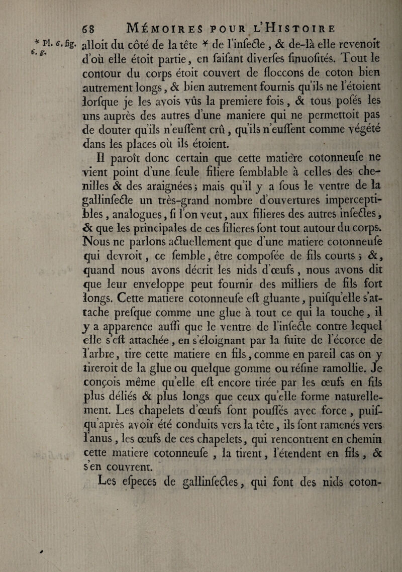 ^ PI. ff.fig. alloit du côté de la tête ^ de l’infeéle , & de-là elle revenoît d’où elle étoit partie, en faifant diverfes lînuofités. Tout le contour du corps étoit couvert de lloccons de coton bien autrement longs, & bien autrement fournis qu’ils ne l’étoient iorfque je les avois vus la première fois, & tous pofés les uns auprès des autres d’une maniéré qui ne permettoit pas de douter qu’ils n’eulient crû, qu’ils n’euffent comme végété dans les places où ils étoient. Il paroît donc certain que cette matièPe cotonneufe ne vient point d’une feule filiere femblable à celles des che¬ nilles & des araignées j mais qu’il y a fous le ventre de la gallinfeéle un très-grand nombre d’ouvertures impercepti¬ bles , analogues, lî l’on veut, aux filières des autres infeétes, & que les principales de ces filières font tout autour du corps. Nous ne parlons aéluellement que d’une matière cotonneufe qui devroit, ce femble, être compofée de fils courts ; &, quand nous avons décrit les nids d’œufs, nous avons dit que leur enveloppe peut fournir des milliers de fils fort longs. Cette matière cotonneufe eft gluante, puifqu’elle s’at¬ tache prefque comme une glue à tout ce qui la touche, il y a apparence aulfi que le ventre de l’infeéle contre lequel elle s’eft attachée, en s’éloignant par la fuite de l’écorce de l’arbre, tire cette matière en fils, comme en pareil cas on y tireroit de la glue ou quelque gomme ou réline ramollie. Je conçois même quelle eft encore tirée par les œufs en fils plus déliés «Si plus longs que ceux quelle forme naturelle¬ ment. Les chapelets d’œufs font poulTés avec force, puif- qu’après avoir été conduits vers la tête, ils font ramenés vers 1 anus, les œufs de ces chapelets, qui rencontrent en chemin cette matière cotonneufe , la tirent, l’étendent en fils, & s’en couvrent. Les efpeces de gallinfeétes, qui font des nids coton- »