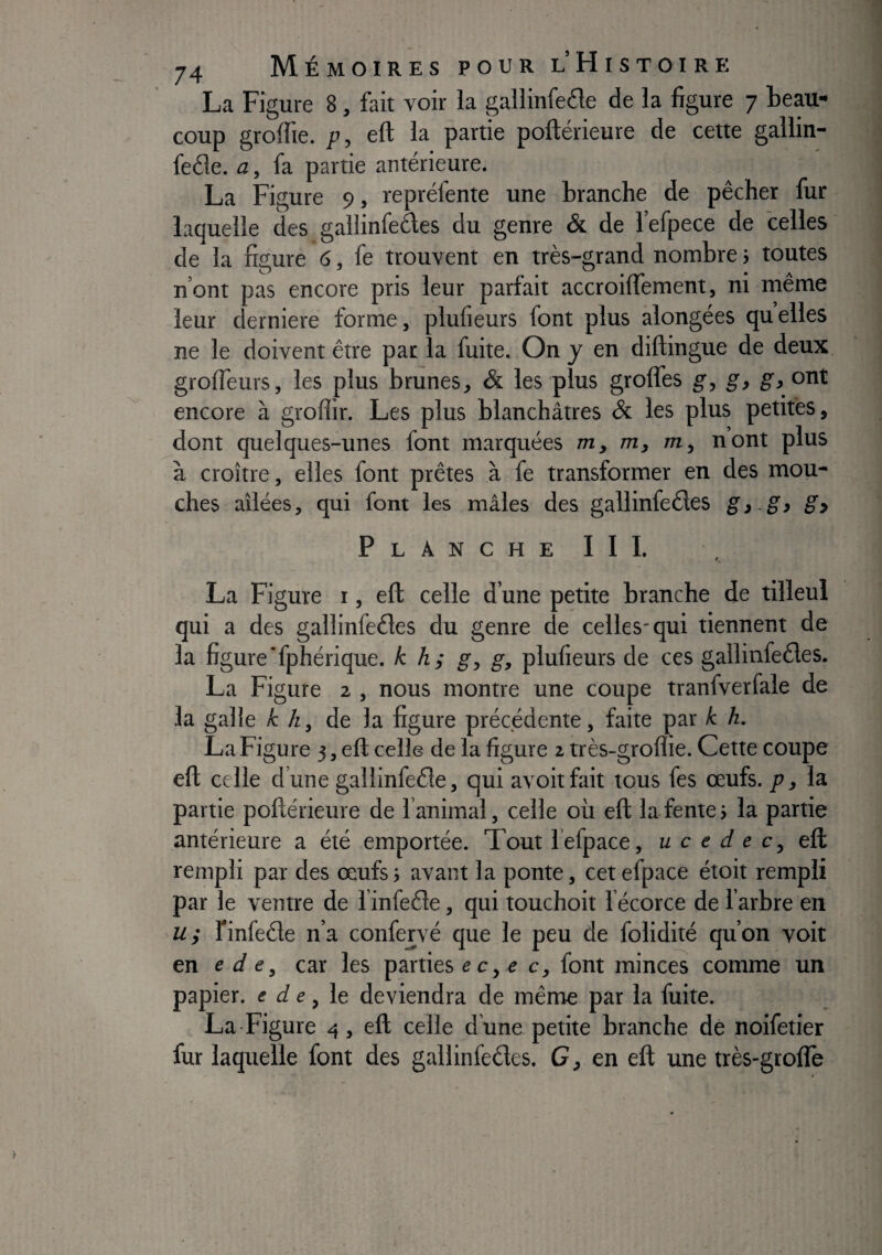 La Figure 8, fait voir la gallinfede de la figure 7 beau¬ coup groflie. p, eft la partie pollérieure de cette gallin- feéle. a, fa partie antérieure. La Figure 9, repréfente une branche de pêcher fur laquelle des gallinfeàes du genre & de i’efpece de celles de la figure 6, fe trouvent en très-grand nombre j toutes n’ont pas encore pris leur parfait accroiflfement, ni même leur derniere forme, plufieurs font plus alongées quelles ne le doivent être par la fuite. On j en diftingue de deux grofieurs, les plus brunes, <& les plus groffes g, g> g} ont encore à grofiir. Les plus blanchâtres & les plus petites, dont quelques-unes font m.arquées m, m, m, nont plus à croître, elles font prêtes à fe transformer en des mou¬ ches ailées, qui font les mâles des gallinfeêles g 1-g) g y Planche III. La Figure i, eft celle d’une petite branche de tilleul qui a des gallinfeêles du genre de celles-qui tiennent de la figure'fphérique. k hs g, g, plufieurs de ces gallinfeêles. La Figure 2 , nous montre une coupe tranfverfale de la galle k h, de la figure précédente, faite par k h. La Figure 3, eft celle de la figure 2 très-groflie. Cette coupe eft celle d’une gallinfeêle, qui avoitfait tous fes œufs, p, la partie pollérieure de l’animal, celle où eft la fente i la partie antérieure a été emportée. Tout l’efpace, u c e d e c, eft rempli par des œufsi avant la ponte, cetefpace étoit rempli par le ventre de l’infeêle, qui touchoit l’écorce de l’arbre en u; rinfeêle n’a confervé que le peu de folidité qu’on voit en e d e, car les parties ec,e c, font minces comme un papier, e ù e, le deviendra de même par la fuite. La Figure 4, eft celle d une petite branche dé noifetier fur laquelle font des gallinfeêles. G, en eft une très-groflè