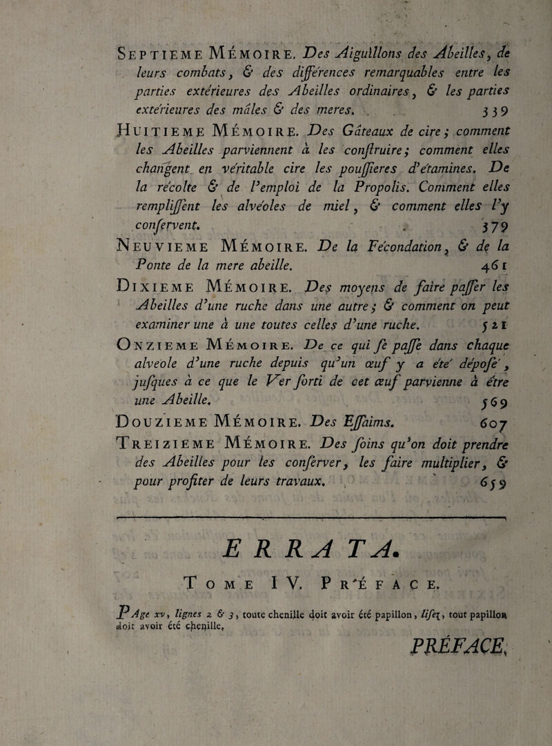 SEPTIEME Mémoire. Des Aiguillons des Abeilles y de . leurs combats y & des différences remarquables entre les parties extérieures des Abeilles ordinaires y & les parties extérieures des mâles & des meres, . . 539 Huitième Mémoire. Des Gâteaux de cire ; comment les Abeilles parviennent à les conjlruire; comment elles chaiigent. en véritable cire les poujjîeres d^étamines. De la récolte & de P emploi de la Propolis, Comment elles rempliffent les alvéoles de miel y & comment elles Vy ' sonfervent, * . 379 NEUVIEME Mémoire. De la Fécondation y & d^ la Ponte de la mere abeille, 4(31 Dixième Mémoire. Des moyens de faire paffer les Abeilles d^une ruche dans une autre ; & comment on peut examiner une à une toutes celles d^une ruche. f zi O NZIEME Mémoire. De ce qui fe paffe dans chaque alvéole d^une ruche depuis qii^un œuf y a été' dépofe , jufques Ci ce que le V^er forti de cet ceuf parvienne à être une Abeille, 3$^ Douzième Mémoire. Des Effaims. 6oj TREIZIEME Mémoire. Des foins qu^on doit prendre des Abeilles pour les conferver y les faire multiplier y & pour profiter de leurs travaux, , ' ' 639 E R Ry4 TA. Tome IV. P r^é F A c e. Pyfge XVa lignes z & 3^ toute cheniUe 4^^^ avoir été papillon, tout papilloîi eioit avoir été chenille, PRÉFACE;