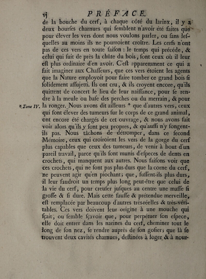 Vj P R É C E. de la bouche du cerf, à chaque côté du îarinx, il y Z' deux bourfes charnues qui femblent n’avoir été faites que pour élever les vers dont nous voulons parler, ou fans lef- quelles au moins ils ne pourroient croître. Les cerfs n’ont pas de ces vers en toute faifon ; le temps qui précédé, & celui qui fuit de près la chûte du bois, font ceux où il leur eft plus ordinaire d’en avoir. C’eft apparemment ce qui a fait imaginer aux ChalTeurs, que ces vers étoient les agents que la Nature emplojoit pour faire tomber ce grand bois li fondement alïùjetti. Ils ont cru, & ils crojent encore, qu’ils quittent de concert le lieu de leur nailfance, pour fe ren¬ dre à la meule ou bafe des perches ou du merrain, & pour Jome JV. L ronger.^Nous avons dit ailleurs ^ que d’autres vers, ceux qui font élever des tumeurs fur le corps de ce grand animal, ont encore été chargés de cet ouvrage, & nous avons fait voir alors qu’ils y font peu propres, & qu’aufli n’j fongent- ils pas. Nous tâchons de détromper, dans ce fécond Mémoire, ceux qui croiroient les vers de la gorge du cerf plus capables que ceux des tumeurs, de venir à bout d’un pareil travail, parce qu’ils font munis d’efpeces de dents en crochets, qui manquent aux autres. Nous faifons voir que ces crochets, qui ne font pas plus durs que la corne du cerf, ne peuvent agir qu’en piochants que, fulTent-ils plus durs, il leur faudroit un temps plus long peut-être que celui de la vie du cerf, pour creufer jufques au centre une malTe fi grolfe & fi dure. Mais cette faulfe & prétendue merveille, eft remplacée par beaucoup d autres très-réelles & très-véri¬ tables. Ces vers doivent leur origine à une mouche qui fçait, ou femble fçavoir que, pour perpétuer fon efpece, elle doit entrer dans les narines du cerf, cheminer tout le long de fon nez, fe rendre auprès de fon gofier s que là fe trouvent deux cavités charnues, deftinées à loger & à nouï-