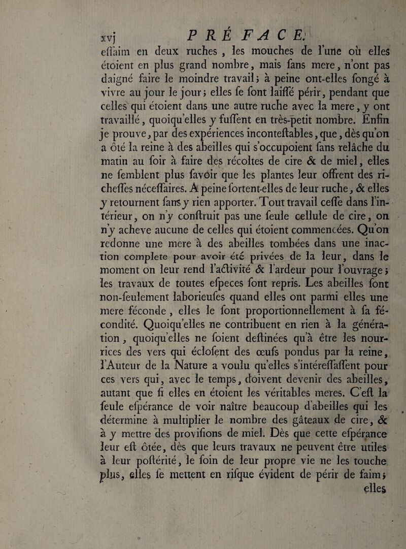 xvj PRÉ FA CE: eOàim en deux ruches , les mouches de l’une où elles étoient en plus grand nombre, mais fans mere, n’ont pas daigné faire le moindre travail; à peine ont-elles fongé à vivre au jour le jour; elles fe font laiffé périr, pendant que celles qui étoient dans une autre ruche avec la mere, y ont travaillé, quoiqu’elles y fuffent en très-petit nombre. Enfin je prouve, par des expériences inconteftables, que, dès qu’on a ôté la reine à des abeilles qui s’occupoient fans relâche du matin au foir à faire des récoltes de cire de miel, elles ne femblent plus favôir que les plantes leur offrent des ri- cheffes néceffaires. A peinefortent-elles de leur ruche, & elles y retournent fans j rien apporter. Tout travail ceffe dans l’in¬ térieur , on n’y conftruit pas une feule cellule de cire, on n’y achevé aucune de celles qui étoient commencées. Qu’on redonne une mere'à des abeilles tombées dans une inac¬ tion complété pour avoir été privées de la leur, dans le moment on leur rend l’aélivité & l’ardeur pour l’ouvrage ; les travaux de toutes efpeces font repris. Les abeilles font non-feulement laborieufes quand elles ont parmi elles une mere féconde , elles le font proportionnellement à fa fé¬ condité. Quoiqu’elles ne contribuent en rien à la généra¬ tion , quoiqu’elles ne foient deftinées qu’à être les nour¬ rices des vers qui éclofent des œufs pondus par la reine, l’Auteur de la Nature a voulu quelles s’intérelfalfent pour ces vers qui, avec le temps, doivent devenir des abeilles, autant, que fi elles en étoient les véritables meres. C’efl. la feule efpérance de voir naître beaucoup d’abeilles qui les détermine à multiplier le nombre des gâteaux de cire, & à y mettre des provifions de miel. Dès que cette efpérance leur eft ôtée, dès que leurs travaux ne peuvent être utiles à leur poftérité, le foin de leur propre vie ne les touche plus, elles fe mettent en rifque évident de périr de faim; çlles