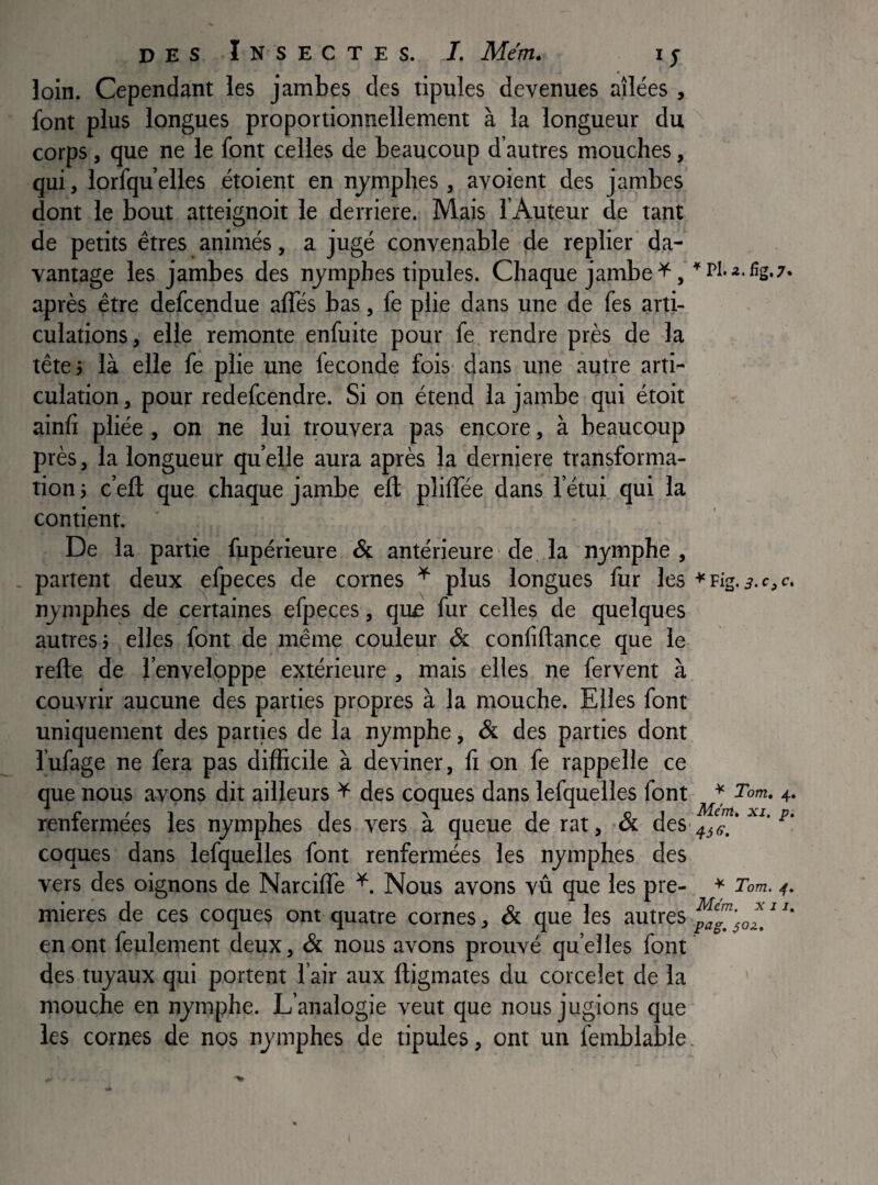 loin. Cependant les jambes des tlpules devenues ailées , font plus longues proportionnellement à la longueur du corps, que ne le font celles de beaucoup d’autres mouches, qui, lorfqu’elles étoient en njmphes , avoient des jambes dont le bout atteignoit le derrière. Mais l’Auteur de tant de petits êtres animés, a jugé convenable de replier da¬ vantage les jambes des njmphes tipules. Chaque jambe ^ après être defcendue affés bas, fe plie dans une de fes arti¬ culations, elle remonte enfuite pour fe rendre près de la tête j là elle fe plie une fécondé fois dans une .autre arti¬ culation, pour redefcendre. Si on étend la jambe qui étoit ainlî pliée, on ne lui trouvera pas encore, à beaucoup près, la longueur quelle aura après la derniere transforma¬ tion; c’efl: que chaque jambe eft pliffée dans l’étui qui la contient. De la partie fupérieure & antérieure de. la nymphe , partent deux efpeces de cornes ^ plus longues fur les Fig. c, c. nymphes de certaines efpeces, qu£ fur celles de quelques autres; elles font de même couleur & conliftance que le refte de l’enveloppe extérieure , mais elles ne fervent à couvrir aucune des parties propres à la mouche. Elles font uniquement des parties de la nymphe, & des parties dont l’ufage ne fera pas difficile à deviner, û on fe rappelle ce que nous avons dit ailleurs ^ des coques dans lefquelles font * r f 1 l_1 > Aîent» xi, reniermees les nymphes des vers a queue de rat, ex deS'.^^5-. coques dans lefquelles font renfermées les nymphes des vers des oignons de NarcilTe Nous avons vû que les pre- Tom. 4. mieres de ces coques ont quatre cornes, & que les autres en ont feulement deux, &. nous avons prouvé quelles font des tuyaux qui portent l’air aux fligmates du corceîet de la mouche en nymphe. L’analogie veut que nous jugions que les cornes de nos nymphes de tipules, ont un femblable,