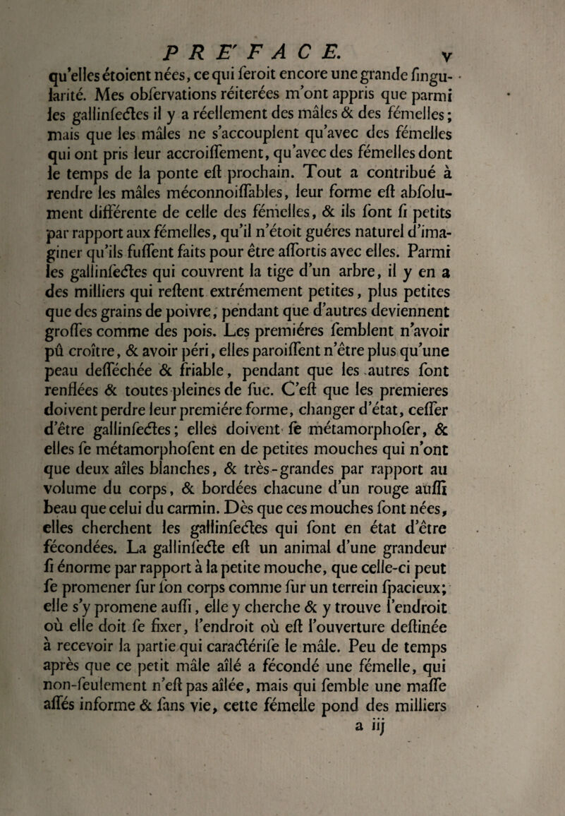 qu’elles étoient nées, ce qui feroit encore une grande fingu- • larité. Mes obfervations réitérées m’ont appris que parmi Jes gallinfedes il y a réellement des mâles & des fémelles ; mais que les mâles ne s’accouplent qu’avec des fémelles qui ont pris leur accroilfement, qu’avec des fémelles dont le temps de la ponte eft prochain. Tout a contribué à rendre les mâles méconnoiflables, leur forme eft abfolu- ment différente de celle des fémelles, & ils font fi petits par rapport aux fémelles, qu’il n’étoit guéres naturel d’ima¬ giner qu’ils fuflent faits pour être aflortis avec elles. Parmi les gallinfètftes qui couvrent la tige d’un arbre, il y en a des milliers qui reftent extrêmement petites, plus petites que des grains de poivre, pendant que d’autres deviennent grofles comme des pois. Les premières fèmblent n’avoir pû croître, & avoir péri, elles paroiffent n’être plus qu’une peau deflechée & friable, pendant que les autres font renflées & toutes pleines de fuc. C’eft que les premières doivent perdre leur première forme, changer d’état, cefler d’être gallinfeéles ; elles doivent fè métamorphofer, & elles fe métamorphofent en de petites mouches qui n’ont que deux ailes blanches, & très-grandes par rapport au volume du corps, & bordées chacune d’un rouge auffi beau que celui du carmin. Dès que ces mouches font nées, elles cherchent les gallinfeéles qui font en état d’être fécondées. La gallinlèéte eft un animal d’une grandeur fi énorme par rapport à la petite mouche, que celle-ci peut fe promener fur Ion corps comme fur un terrein fpacieux; elle s’y promene aufli, elle y cherche & y trouve l’endroit où elle doit fe fixer, l’endroit où eft l’ouverture deftinée à recevoir la partie qui caraélérife le mâle. Peu de temps après que ce petit mâle aîlé a fécondé une fémelle, qui non-feulement n’eft pas aîlée, mais qui femble une mafle afles informe & fans vie, cette fémelle pond des milliers • • • â IIJ