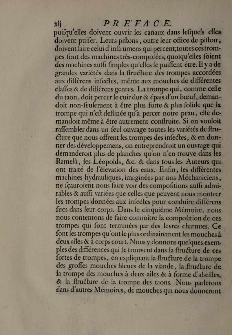 »j. PREFACE. puifqu’elles doivent oavrir les canaux dans Jefquels dle$ doivent puifer. Leurs piftons , outre leur office de pifton, doivent faire celui d’inftrumens qui percent;toutes cestron> pes font des machines très-compoiées, quoiqu'elles foient des machines auffi fimples qu'elles le puiffent être. Il y a de grandes variétés dans la ftruéture des trompes accordées aux différens infeéîes, même aux mouches de différentes claffes & de différens genres. La trompe qui, comme celle du taon, doit percer le cuir dur & épais d'un bœuf, deman- doit non-feulement à être plus forte & plus folide que la trompe qui n'eft deltinée qu'à percer notre peau, elle de- mandoit même à être autrement conflruite. Si on vouloit raffembler dans un feul ouvrage toutes les variétés de ffiru- cfture que nous offrent les trompes des infeéles, & en don¬ ner des développemens, on entreprendroit un ouvrage qui demanderoit plus de planches qu'on n'en trouve dans les Ramelli, les Léopolds, &c. & dans tous les Auteurs qui. ont traité de l’élévation des eaux. Enfin, les différentes machines hydrauliques, imaginées par nos Méchaniciens, ne fçauroient nous faire voir des compofitions auffi admi¬ rables & auffi variées que celles que peuvent nous montrer les trompes données aux infeéles pour conduire différens fucs dans leur corps. Dans le cinquième Mémoire, nous nous contentons de faire connoître la compofition de ces trompes qui font terminées par des levres charnues. Ce font les trompes qu'ont le plus ordinairement les mouches à deux ailes & à corps court. Nous y donnons quelques exem¬ ples des différences qui fie trouvent dans la flriufture de ces fortes de trompes, en expliquant la flruéffire de la trompe des groffes mouches bleues de la viande, la firuélure de la trompe des mouches à deux ailes & à forme d'abeilles, & la flruélure de la trompe des taons. Nous parlerons dans d'autres Mémoires, de mouches qui nous donneront