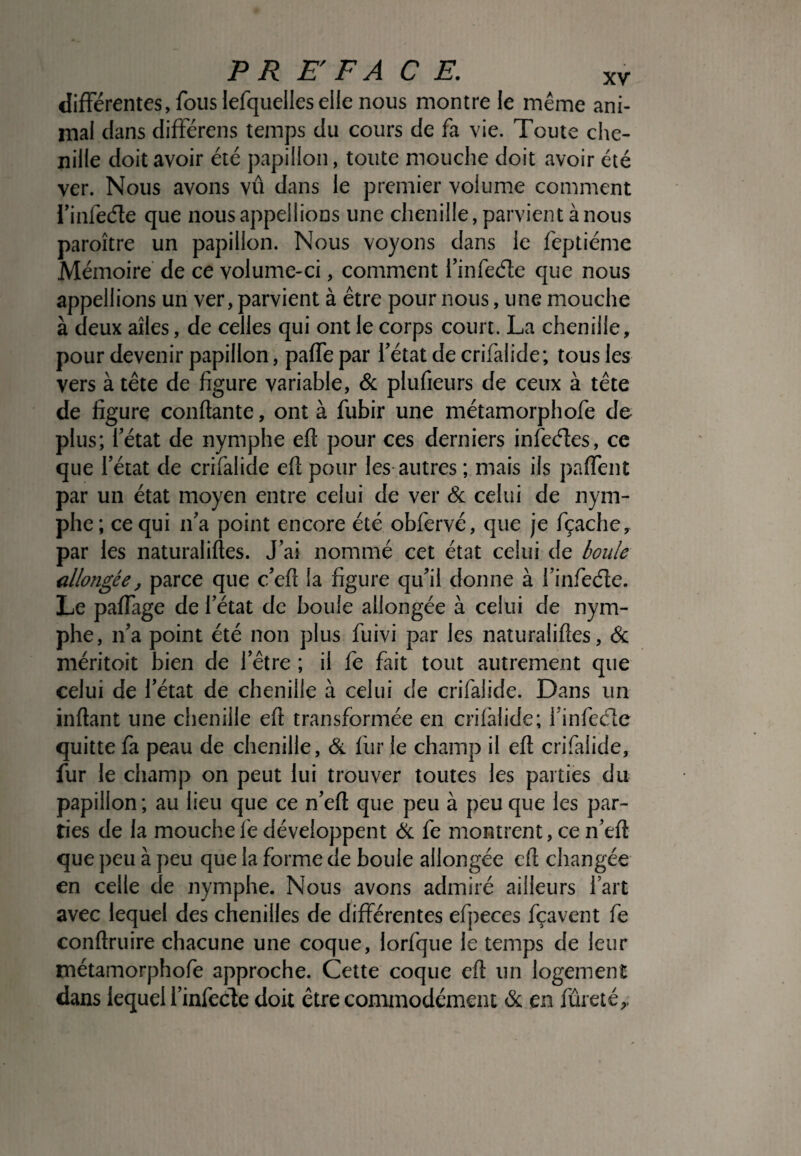différentes, fous lefquelles elle nous montre le même ani¬ mal dans différais temps du cours de fa vie. Toute che¬ nille doit avoir été papillon, toute mouche doit avoir été ver. Nous avons vû dans le premier volume comment l'infede que nousappellions une chenille, parvient à nous paroître un papillon. Nous voyons dans le feptiéme Mémoire de ce volume-ci, comment l'infede que nous appellions un ver, parvient à être pour nous, une mouche à deux ailes, de celles qui ont le corps court. La chenille, pour devenir papillon, paffe par l'état de crifalide; tous les vers à tête de figure variable, & plufieurs de ceux à tête de figure confiante, ont à fubir une métamorphofe de plus; l'état de nymphe eft pour ces derniers infedes, ce que l’état de crifalide eft pour les autres ; mais ils partent par un état moyen entre celui de ver & celui de nym¬ phe ; ce qui n'a point encore été obfervé, que je fçache, par les naturalises. J'ai nommé cet état celui de boule allongée} parce que c'eft la figure qu'il donne à l'infede. Le partage de l’état de boule allongée à celui de nym¬ phe, n'a point été non plus fuivi par les naturaliftes, & méritoit bien de l'être ; il fe fait tout autrement que celui de l'état de chenille à celui de crifalide. Dans un inftant une chenille eft transformée en crifalide; l'infede quitte fa peau de chenille, & fur le champ il eft crifalide, fur le champ on peut lui trouver toutes les parties du papillon ; au lieu que ce n'eft que peu à peu que les par¬ ties de la mouche fe développent & fe montrent, ce n’eft que peu à peu que la forme de boule allongée eft changée en celle de nymphe. Nous avons admiré ailleurs fart avec lequel des chenilles de différentes efpeces fçavent fe conftruire chacune une coque, lorfque le temps de leur métamorphofe approche. Cette coque eft un logement dans lequel l’infecte doit être commodément & en fureté,,