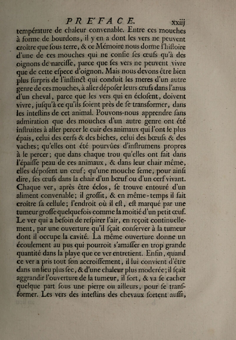 température de chaleur convenable. Entre ces mouches à forme de bourdons, il y en a dont les vers ne peuvent croître que fous terre, & ce Mémoire nous donne l’hiftoire d’une de ces mouches qui ne confie fes œufs qu’à des oignons de narcifie, parce que fes vers ne peuvent vivre que de cette efpece d’oignon. Mais nous devons être bien plus furpris de l’inftinét qui conduit les meres d’un autre genre de ces mouches, à aller dépofer leurs œufs dans l’anus d’un cheval, parce que les vers qui en éclofent, doivent vivre, jufqu’à ce qu’i s foient près de fetransformer, dans les inteftins de cet animal. Pouvons-nous apprendre fans admiration que des mouches d’un autre genre ont été inftruites à aller percer le cuir des animaux qui l’ont le plus épais, celui des cerfs & des biches, celui des bœufs & des vaches; qu’elles ont été pourvûes d’inflrumens propres à le percer ; que dans chaque trou qu elles ont fait dans l’épailTe peau de ces animaux, & dans leur chair même, elles dépofent un œuf; qu’une mouche feme, pour ainfi dire, fes œufs dans la chair d’un bœuf ou d’un cerf vivant. Chaque ver, après être éclos, fe trouve entouré d’un aliment convenable; il groffit, & en même-temps il fait croître fa cellule ; l’endroit où il eft, eft marqué par une tumeur grolfe quelquefois comme la moitié d’un petit œuf. Le ver qui a befoin de refpirer l’air, en reçoit continuelle¬ ment, par une ouverture qu’il fçait conferver à la tumeur dont il occupe la cavité. La même ouverture donne un écoulement au pus qui pourroit s’amafler en trop grande quantité dans la playe que ce ver entretient. Enfin, quand ce ver a pris tout fon accroilfement, il lui convient d’être dans un lieu plus fec, & d’une chaleur plus modérée ; il fçait aggrandir l’ouverture de la tumeur, il fort, & va fe cacher quelque part fous une pierre ou ailleurs, pour le trans¬ former. Les vers des inteftins des chevaux Sortent auffi.