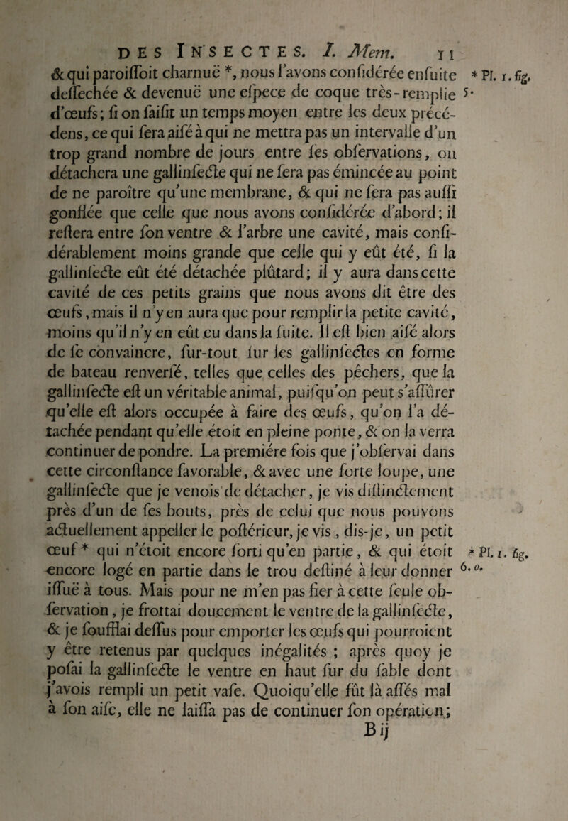 & qui paroiffoit charnue *, nous lavons confidérée enfuite * PL i. deffechée & devenue une efpece de coque très-remplie 5* d’œufs; fi on faifit un temps moyen entre les deux précé- dens,cequi feraaiféàqui ne mettra pas un intervalle d’un trop grand nombre de jours entre fes obfervations, ou détachera une gallinfede qui ne fera pas émincée au point de ne paroître qu’une membrane, & qui ne fera pas aufli gonflée que celle que nous avons confidérée d’abord; il reliera entre Ion ventre & l’arbre une cavité, mais confi- dérablement moins grande que celle qui y eût été, fi la gailinlèéte eût été détachée plûtard; il y aura dans cette cavité de ces petits grains que nous avons dit être des œufs, mais il n y en aura que pour remplir la petite cavité, moins qu’il n’y en eût eu dans la f uite. 11 elt bien aifé alors de fe convaincre, fur-tout iur les gallinfeétes en forme de bateau renverfé, telles que celles des pêchers, que la gallinfèéle eftun véritable animal, puifqu’on peut s’afïûrer quelle efl alors occupée à faire des œufs, qu’on l’a dé¬ tachée pendant quelle étoit en pleine ponte. & on la verra continuer de pondre. La première fois que j’oblèrvai dans cette circonflance favorable, &avec une forte loupe, une gallinfêéle que je venois de détacher, je vis diliinélement près d’un de fes bouts, près de celui que nous pouvons actuellement appeller le pollérieur, je vis , dis-je, un petit œuf * qui n’étoit encore forti qu’en partie, & qui étoit *PLi. % encore logé en partie dans le trou deftiné à leur donner iffiië à tous. Mais pour ne m’en pas fier à cette lèule ob- fervation , je frottai doucement le ventre de la gallinfèéle, & je foufflai deflus pour emporter les œufs qui pourroient y être retenus par quelques inégalités ; après quoy je pofai la gailinfeéle le ventre en haut fur du fable dont j’avois rempli un petit vafe. Quoiqu’elle fûtlàafles mal à fon aife, elle ne laifla pas de continuer fon opération ; Bij