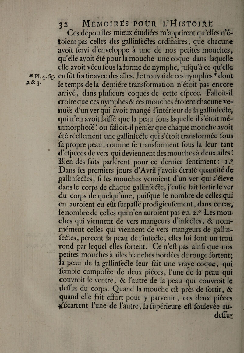 Ces dépouilles mieux étudiées m apprirent quelles n’é- toientpas celles des galiinfeéîes ordinaires, que chacune avoit fèrvi d’enveloppe à une de nos petites mouches, qu’elle avoit été pour la mouche une coque dans laquelle elle avoit vécu fous la forme de nymphe, jufqu’à ce qu’elle le temps de la dernière transformation n’étoit pas encore arrivé, dans plufieurs coques de cette efpece. Falloit-il croire que ces nymphes & ces mouches étoient chacune ve- nuës d’un ver qui avoit mangé l’intérieur de lagallinfeéte, qui n’en avoit laifle que la peau fous laquelle il s’étoit mé- tamorphofé! ou falloit-il penfer que chaque mouche avoit été réellement unegallinfèéte qui s’étoit transformée fous fa propre peau, comme fe transforment fous la leur tant d’efpeces de vers qui deviennent des mouches à deux aîles \ Bien des faits parlèrent pour ce dernier fentiment : 1.® Dans les premiers jours d’Avril j’avois écralë quantité de galiinfeéîes, fi les mouches venoient d’un ver qui s’élève dans le corps de chaque gallinfeéte, j’euffe fait fortir le ver du corps de quelqu’une, puifque le nombre de celles qui en auroient eu eût furpafféprodigieufement,dans ce cas, le nombre de celles qui n’en auroient pas eu. 2.0 Les mou¬ ches qui viennent de vers mangeurs d’infeétes, & nom¬ mément celles qui viennent de vers mangeurs de gallin- feéîes, percent la peau de l’infeéle, elles lui font un trou rond par lequel elles fortent. Ce n’eft pas ainfi que nos petites mouches à aîles blanches bordées de rouge fortent; la peau de la gallinfeéte leur fait une vraye coque, qui femble compofée de deux pièces, l’une de la peau qui couvroit le ventre, & l’autre de la peau qui couvroit le deffus du corps. Quand la mouche eft près de fortir, & quand elle fait effort pour y parvenir, ces deux pièces s’écartent l’une de l’autre, la fupérieure eft foulevée au- deflu^