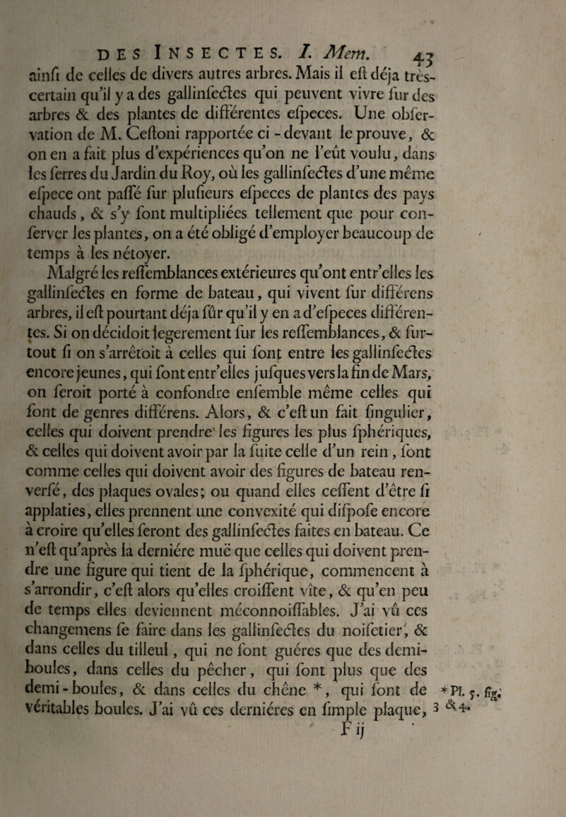 ainfi de celles de divers autres arbres. Mais il eft déjà très- certain qu’il y a des gallinfecles qui peuvent vivre fur des arbres & des plantes de différentes efpeces. Une obfer- vation de M. Ceftoni rapportée ci - devant le prouve, & on en a fait plus d’expériences qu'on ne l’eût voulu, dans les ferres du Jardin du Roy, où les gallinfecles d’une même elpece ont paflé fur plufieurs efpeces de plantes des pays chauds, & s’y font multipliées tellement que pour con- ferver les plantes, on a été obligé d’employer beaucoup de temps à les nétoyer. Malgré les refîèmblances extérieures qu’ont entr’elles les gallinfecles en forme de bateau, qui vivent fur difîérens arbres, il eft pourtant déjà fûr qu’il y en a d’efpeces différen¬ tes. Si on décidoit legerement fur les reiïèmblances, & fur- tout fi on s'arrêtait à celles qui font entre les gallinfecles encore jeunes, qui font entr’elles jufques vers la fin de Mars, on feroit porté à confondre ensemble même celles qui font de genres différens. Alors, & c’eftun fait fingulier, celles qui doivent prendre les figures les plus fphériques, & celles qui doivent avoir par la fuite celle d’un rein, font comme celles qui doivent avoir des figures de bateau ren- verfé, des plaques ovales; ou quand elles ceffent d’être fi applaties, elles prennent une convexité qui difpofe encore à croire qu’elles feront des gallinfecles faites en bateau. Ce n’eft qu’après la dernière mue que celles qui doivent pren¬ dre une figure qui tient de la fphérique, commencent à s’arrondir, c’efl alors qu’elles croiffènt vite, Si qu’en peu de temps elles deviennent méconnoiflables. J’ai vû ces changemens fe faire dans les gallinfecles du noifètier, & dans celles du tilleul, qui ne font guéres que des demi- boules, dans celles du pêcher, qui font plus que des demi-boules, & dans celles du chêne *, qui font de véritables boules. J’ai vû ces dernières en fimple plaque, 3 HH! F ij